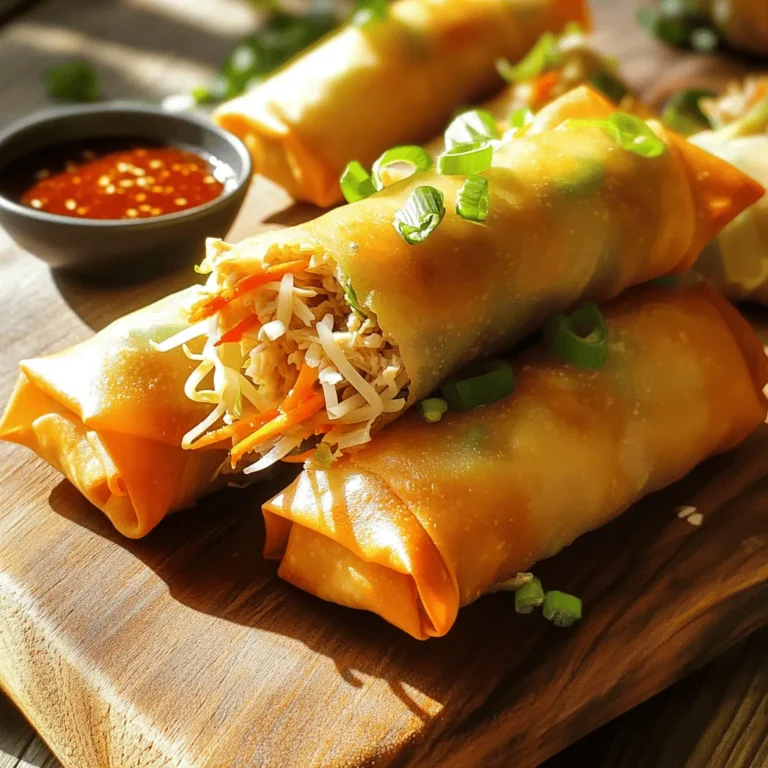 - 1 cup cooked chicken breast, shredded - 1 cup shredded cabbage - 1 cup carrots, julienned - 1/2 cup bean sprouts - 2 green onions, finely chopped - 1 tablespoon soy sauce - 1 tablespoon sesame oil - 1 teaspoon ginger, grated - 1 teaspoon garlic, minced - 12 rice paper wrappers - Vegetable oil for frying - Salt and pepper to taste The main ingredients create the heart of your spring rolls. Shredded chicken breast gives a great protein base. The fresh vegetables, like cabbage and carrots, add crunch and color. Green onions add a mild, sharp flavor. The rice paper wrappers are key for that crispy finish. - Additional spices or herbs You can add bean sprouts for extra crunch. Other spices or herbs can also enhance the flavor. Try adding Thai basil or cilantro for a fresh twist. - Large mixing bowl - Shallow dish for soaking wrappers - Deep skillet or fryer You need a large mixing bowl to combine your filling. A shallow dish helps soak the rice paper wrappers. Finally, a deep skillet or fryer is best for crispy spring rolls. You can find the full recipe [here](#). In a large bowl, combine the following ingredients: - 1 cup cooked chicken breast, shredded - 1 cup shredded cabbage - 1 cup carrots, julienned - 1/2 cup bean sprouts - 2 green onions, finely chopped - 1 tablespoon soy sauce - 1 tablespoon sesame oil - 1 teaspoon ginger, grated - 1 teaspoon garlic, minced Mix these well until everything is coated and seasoned. You can adjust the salt and pepper to your taste. A good mix ensures each spring roll is packed with flavor. To soften the rice paper, fill a shallow dish with warm water. Submerge one wrapper for about 10-15 seconds. You want it soft but not too mushy. After soaking, lay it flat on a clean surface. Be gentle when handling; the wrappers can tear easily if you rush. Place about 2 tablespoons of the filling in the center of the wrapper. Fold the sides over the filling. Then, roll it tightly from the bottom up. This keeps the filling snug inside. Make sure the edges seal well to prevent any leaks during frying. Repeat this with the remaining wrappers and filling. Heat vegetable oil in a deep skillet or fryer over medium-high heat. I recommend about 350°F (175°C) for the best results. Fry the rolls in batches, making sure not to crowd the pan. Cook for about 3-4 minutes, or until they turn golden brown and crispy. Remove them and let them drain on paper towels. This helps keep them crunchy. Enjoy your crispy chicken spring rolls warm with a sweet chili sauce or soy sauce for dipping. To get that perfect crunch, you must pay attention to oil temperature. Heat your oil to about 350°F (175°C). This hot oil cooks the rolls fast, making them crispy. If the oil is too cool, the rolls soak up oil and become soggy. Always test a small piece first to check the heat. To avoid sogginess, do not overfill your rolls. If you add too much filling, the wrappers can break. This will let oil seep in during frying. Stick to about two tablespoons of filling per roll. This keeps the rolls light and crispy. One common mistake is overfilling the rolls. It might seem tempting, but it leads to messy spring rolls. Use just enough filling so you can fold and seal them easily. Another mistake is not sealing properly. Make sure to press the edges of the wrappers together tightly. If they are not sealed well, they can open up in the hot oil. Serve your crispy spring rolls with a side of sweet chili sauce or soy sauce for dipping. These sauces add a burst of flavor that pairs well with the rolls. The ideal serving temperature is warm, right after frying. This way, you enjoy the crunch and flavor at their best. You can also garnish with fresh herbs for added color and taste. {{image_2}} You can swap chicken for shrimp or tofu in your spring rolls. Shrimp adds a sweet flavor and a nice bite. Simply cook and chop the shrimp before mixing it with your veggies. Tofu is a great choice for a plant-based option. Use firm tofu, press it to remove water, then cube and sauté it. Both choices give you tasty and healthy rolls. For a meat-free version, focus on fresh veggies. Use these ingredients: - 1 cup shredded cabbage - 1 cup carrots, julienned - 1/2 cup bean sprouts - 2 green onions, finely chopped - 1 tablespoon soy sauce - 1 tablespoon sesame oil - 1 teaspoon ginger, grated - 1 teaspoon garlic, minced This mix is colorful and flavorful. You can add mushrooms or bell peppers for extra crunch. Just ensure to season well with soy sauce for a savory kick. Spice things up by adding different herbs or spices. Try fresh cilantro or mint for a refreshing twist. You can also mix in some chili flakes for heat. If you want a sweeter taste, add a dash of hoisin sauce. Mixing in different vegetables, like bell peppers or zucchini, keeps your rolls exciting every time you make them. For the full recipe, check out the Crispy Chicken Spring Rolls section. To keep your chicken spring rolls fresh, store them in the fridge. Wrap each roll in plastic wrap or place them in an airtight container. This keeps them from drying out. Make sure to eat leftovers within three days for the best taste. To reheat your spring rolls, use an oven or an air fryer. Preheat the oven to 375°F (190°C). Place the rolls on a baking sheet and heat for about 10-15 minutes. This method keeps them crispy. An air fryer works well too. Set it to 350°F (175°C) and cook for 5-7 minutes. Avoid microwaving, as it makes them soggy. You can freeze both uncooked and cooked spring rolls for later use. For uncooked rolls, lay them on a baking sheet and freeze until solid. Then, transfer them to a freezer bag. To freeze cooked rolls, let them cool completely first. Wrap each roll in plastic wrap, then place them in a bag. They last for about three months in the freezer. When ready to eat, you can fry them straight from the freezer. Just add a few extra minutes to the cooking time. For more details, check the Full Recipe. You can make chicken spring rolls by baking them. Preheat your oven to 400°F (200°C). After rolling your spring rolls, place them on a baking sheet. Brush them lightly with oil. Bake for about 20 minutes, flipping halfway through. This method gives you a crispy roll without frying. For chicken spring rolls, I recommend sweet chili sauce or soy sauce. These sauces add flavor and a nice kick. You could also try hoisin sauce or peanut sauce for a different twist. Each sauce brings a unique taste to your rolls. Yes, you can use other wrappers. Try using egg roll wrappers or wonton wrappers. They will give your rolls a different texture and flavor. However, rice paper offers a light and chewy bite that many love. Experiment to find your favorite! You can store chicken spring rolls in the fridge for up to three days. Keep them in an airtight container to maintain freshness. Make sure to eat them quickly for the best taste and texture. If they start to get soggy, it’s time to toss them. Spring rolls have roots in Chinese cuisine. They date back to the 4th century. Originally, they celebrated the spring harvest. Today, many cultures enjoy them worldwide, often with unique fillings and wrappers. Their popularity continues to grow as people explore different flavors. You learned how to make chicken spring rolls, from ingredients to storage tips. I shared key steps for a tasty filling, perfect rolling, and crisp frying. You can use various proteins and veggies to customize your rolls. Remember, avoid overfilling and seal them tightly for the best results. Whether frying or experimenting with other cooking methods, enjoy delicious spring rolls at any time. With the right techniques and practice, you’ll impress anyone. Dive into this fun dish and make it your own!