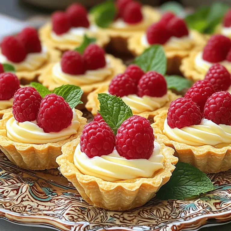 - 1 ½ cups all-purpose flour - ½ cup powdered sugar - ½ cup unsalted butter, softened - 1 egg yolk - 1 teaspoon vanilla extract - 1 cup heavy cream - 1 cup whole milk - ½ cup granulated sugar - 2 tablespoons cornstarch - 2 teaspoons vanilla extract (for filling) - 1 cup fresh raspberries - Fresh mint leaves for garnish To make Mini Vanilla Cream Tarts with Raspberries, you need simple ingredients. Each one plays a key role in creating the perfect tart. The flour is the base for the crust. It gives the tart its shape and texture. Powdered sugar sweetens the crust and makes it tender. The butter adds richness and flavor, while the egg yolk helps bind everything together. Vanilla extract brings a warm, sweet aroma. For the filling, heavy cream and whole milk create a smooth, creamy texture. Granulated sugar balances the flavors, and cornstarch thickens the cream. The extra vanilla enhances the taste, making it more delightful. Fresh raspberries add a pop of color and a tart flavor. Finally, mint leaves serve as a bright garnish. These fresh ingredients come together to create a beautiful dessert. For the full recipe, refer to the mentioned section above. Making Mini Vanilla Cream Tarts is a fun and rewarding task. Let's dive into the steps to create these delightful treats. - Combine 1 ½ cups all-purpose flour and ½ cup powdered sugar in a bowl. - Add ½ cup softened unsalted butter, 1 egg yolk, and 1 teaspoon vanilla extract. - Mix until the dough is crumbly and holds together. - Chill the dough for at least 30 minutes. Wrap it in plastic wrap. - On a floured surface, roll the dough out to about ¼ inch thick. - Cut circles that fit your mini tart pans and press them gently inside. - Prick the bottoms of the tart shells with a fork to stop bubbling. - Blind bake the tart shells at 350°F (175°C) for 15-20 minutes. - Let them cool completely before filling with homemade vanilla cream. - Spoon or pipe the cooled vanilla cream into each tart shell. - Place fresh raspberries on top in a decorative way. - Chill the tarts in the fridge for at least one hour before serving. For a complete guide, check out the Full Recipe. Enjoy crafting these sweet bites! To make the best mini vanilla cream tarts, you need to chill the dough properly. Chilling firms up the dough, making it easier to roll out. I recommend at least 30 minutes in the fridge. This step is key to preventing shrinkage during baking. Next, pay close attention to your baking time. If your oven runs hot, check the tarts a few minutes early. You want them to be lightly golden, not dark. If you underbake, the shells may be too soft. If you overbake, they will taste dry. Presentation makes a big difference in how your tarts are enjoyed. Garnish each tart with a fresh mint leaf. The bright green color adds a nice contrast to the tarts. It’s simple but effective. When serving, arrange the tarts on a decorative platter. A beautiful display draws people in. You can also use a cake stand for a more elegant touch. While raspberries shine in these tarts, consider other fruits too. Sliced strawberries or blueberries can change the look and taste. You can also try topping with a drizzle of chocolate sauce. A berry coulis can add a splash of color and flavor. For a fun twist, think about adding lemon curd or caramel. These flavors mix well with vanilla cream. Experimenting with toppings can make your tarts even more special. Check the Full Recipe for more ideas! {{image_2}} You can change the filling to fit your taste. Try making a chocolate cream. Just swap in some melted chocolate for half of the vanilla cream. You can also use fruit-flavored cream. Add lemon or orange zest for a citrus kick. Mix in pureed berries for a fruity twist. This way, you can create fun flavors that everyone will enjoy. Not a fan of the classic crust? You can use different types. Graham cracker crust adds a sweet crunch. Just crush the crackers and mix with melted butter. For a nutty flavor, try almond flour crust. Mix almond flour with coconut oil and a bit of sugar. These alternatives can give your tarts a unique taste and texture. If you need gluten-free options, you can use gluten-free flour blends. They work just as well in the crust. For dairy-free needs, swap heavy cream with coconut cream. This adds richness without the dairy. You can also use almond milk instead of whole milk. These changes keep your tarts delicious for everyone to enjoy. For the full recipe, check out the Mini Vanilla Cream Tarts with Raspberries. To keep your mini vanilla cream tarts fresh, store them in the fridge. Place the tarts in an airtight container. This will prevent them from drying out. Keep them chilled for best taste and texture. It's best to avoid stacking them, as this can cause damage. If you want to save some tarts for later, freezing is an option. First, make sure the tarts are completely cool. Then, wrap each tart tightly in plastic wrap. After that, place them in a freezer-safe bag. They can last for up to two months in the freezer. When you're ready to eat them, thaw them in the fridge overnight. In the fridge, mini vanilla cream tarts stay fresh for about three days. After that, the crust may get soggy, and the cream can lose its texture. For the best taste, enjoy them within this time frame. This way, you’ll have the best flavor and texture with each bite. Making mini vanilla cream tarts takes about 2 hours total. Here’s the time breakdown: - Prep time: 30 minutes for mixing and chilling the dough. - Baking time: 15-20 minutes for blind baking. - Filling: 15 minutes to prepare the vanilla cream. - Chilling time: At least 1 hour before serving. Yes, you can use frozen raspberries! Here are the pros and cons: - Pros: Frozen raspberries are often cheaper and available all year. They are also easy to store. - Cons: They may be softer and release more juice than fresh raspberries. This can make your tarts a bit soggy. If you want a lighter or dairy-free option, try these substitutes: - Coconut cream: It adds a nice flavor and is dairy-free. - Cashew cream: Blend soaked cashews with water for a creamy option. - Half-and-half: It’s lower in fat than heavy cream but still rich. You can prepare the tarts in advance: - Make the tart shells a day before and store them in an airtight container. - You can also prepare the vanilla cream a day ahead. Just keep it in the fridge. - Fill the shells and add raspberries a few hours before serving for the best taste. Yes, you can adapt these tarts for different diets: - Gluten-free: Use almond flour or a gluten-free flour blend. - Vegan: Substitute the butter with coconut oil and use a plant-based cream. - Dairy-free: Try coconut or almond milk instead of dairy milk and cream. For the full recipe, check out the details above. Enjoy making these delightful mini tarts! You've learned how to make delicious mini vanilla cream tarts. We covered the key ingredients, from buttery dough to fresh raspberries. The step-by-step instructions guide you through making, baking, and decorating your tarts perfectly. We also explored variations and storage tips. With a few simple tricks, you can impress anyone. Enjoy crafting your tarts and experimenting with flavors. They bring joy and taste to any occasion. Whether for a party or a cozy night, these tarts are a treat!