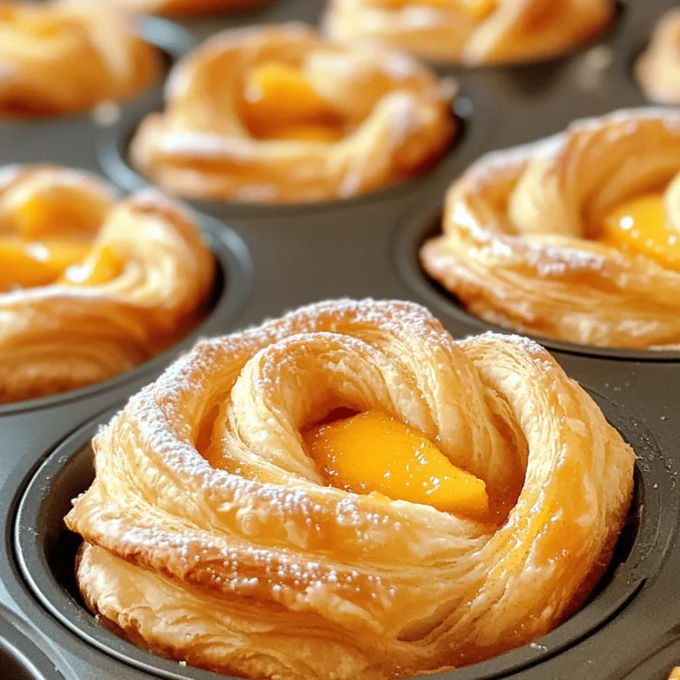 - 1 cup ripe peaches, peeled and diced - 3 tablespoons sugar (divided) - 1 teaspoon cinnamon - 2 cups all-purpose flour - 1 tablespoon baking powder - ½ teaspoon salt - ¼ cup unsalted butter, melted - 1 large egg - ¾ cup milk - 1 teaspoon vanilla extract - 1 cup pre-made croissant dough (store-bought or homemade) - Optional: powdered sugar for dusting Gathering your ingredients is the first step. Start with ripe peaches. They should be soft, sweet, and fragrant. Dice them into small pieces. Next, grab your sugar. You will need three tablespoons, but save two for later. Cinnamon will add warmth to your filling, so don’t skip it. Next, you will need flour, baking powder, and salt. These are your dry ingredients. For the wet part, get unsalted butter, an egg, milk, and vanilla extract. You can use store-bought croissant dough or make your own; either works. Lastly, if you like, get some powdered sugar for a sweet finish. This mix of ingredients creates a tasty treat. You will enjoy the sweet peaches wrapped in flaky dough. Make sure you have everything ready. This makes cooking easier and more fun. Check the [Full Recipe] for detailed steps! To start, mix 1 cup of ripe peaches, 2 tablespoons of sugar, and 1 teaspoon of cinnamon in a small bowl. This blend brings out the sweetness and spice. Stir well and let this mix sit for about 15 minutes. This helps the flavors meld nicely. The peaches will soften, making for a tasty filling. In a large bowl, whisk together 2 cups of all-purpose flour, 1 tablespoon of baking powder, and ½ teaspoon of salt. In another bowl, combine ¼ cup of melted unsalted butter, 1 tablespoon of sugar, 1 large egg, ¾ cup of milk, and 1 teaspoon of vanilla extract. Mix until smooth. Pour the wet mix into the dry ingredients and stir gently. Avoid over-mixing; you want it just combined. Now, preheat your oven to 375°F (190°C). Grease a muffin tin to prevent sticking. Roll out 1 cup of pre-made croissant dough into thin rectangles. Cut the dough into 2-3 long strips. Layer these strips slightly overlapping. This layering creates a nice texture in the cruffins. Take a small spoonful of the peach filling and place it at the end of each dough strip. Roll it up tightly from the filling end, tucking the edges in as you go. Gently press to seal the cruffins. This helps keep the filling inside while baking. Place each rolled cruffin in the greased muffin tin. Bake them in the preheated oven for 20-25 minutes. They should look golden brown and puffed up. The aroma will fill your kitchen, making it hard to wait! Once baked, let the cruffins cool in the tin for 5 minutes. Then, move them to a cooling rack. Just before serving, dust with powdered sugar for a sweet touch. This final step adds beauty and flavor. For the full recipe, check the details above. To get the right texture for your cruffins, focus on your dough. Use cold ingredients for a flaky crust. This helps create layers that puff up nicely when baked. Don't rush the mixing. Combine wet and dry ingredients gently to keep the air in. This air is key for that perfect rise. To avoid sogginess, make sure your peach filling isn’t too wet. Drain excess juice before adding it to the dough. This keeps your cruffins light and fluffy. Also, allow the filling to macerate first. This step enhances the flavor and reduces moisture. Pair your warm cruffins with a scoop of vanilla ice cream or a dollop of whipped cream. Both add a creamy touch. For drinks, try pairing them with iced tea or a light rosé. The fruity flavors complement the cruffins well. When serving, warm cruffins taste best. The heat brings out the peach flavor. However, chilled cruffins can also be delightful, especially on a hot day. Store them in the fridge for a refreshing treat later. To reheat leftover cruffins, place them in a preheated oven at 350°F (175°C) for about 5-10 minutes. This helps regain their crispness. Avoid the microwave, as it can make them soggy. You can also repurpose cruffins into a delicious bread pudding. Tear them into pieces, mix with custard, and bake until golden. This adds a fun twist to your leftover treats. For more ideas, check the Full Recipe. {{image_2}} You can swap peaches for other fruits. Try apples, berries, or cherries. Seasonal fruits also work well. In summer, use ripe strawberries or plums. In fall, pears or apples shine in this recipe. Each fruit brings its own sweet twist. If you need gluten-free options, use gluten-free flour. You can also find gluten-free croissant dough. For a vegan twist, replace the egg with flaxseed meal. Use almond milk instead of regular milk. These changes make the cruffins tasty for everyone. Enhance flavors by adding spices. Try nutmeg or cardamom for extra warmth. You can also add a splash of almond extract. For crunch, incorporate chopped nuts like pecans or walnuts. Want a sweet twist? Add chocolate chips for a rich flavor. Check out the Full Recipe for more details on making your Peach Pie Cruffins. Storing your cruffins correctly keeps them tasty. You can store them at room temperature or in the fridge. If you keep them at room temperature, place them in a sealed container. This helps to keep them fresh for up to 2 days. If you want them to last longer, store them in the fridge. They can stay fresh for about 5 days this way. You can also freeze cruffins for up to 3 months. Wrap each cruffin in plastic wrap and place them in a freezer bag. When you want to enjoy one, just take it out and let it thaw. To keep your cruffins soft, avoid stacking them. This can make them soggy. Instead, let them sit in a single layer. To reheat, preheat your oven to 350°F (175°C). Place the cruffins on a baking sheet for about 10 minutes. This brings back their crispness and warmth. You can also use a microwave, but they may lose some texture. Just heat them for 15-20 seconds. Enjoy your Peach Pie Cruffins from the Full Recipe! Peach Pie Cruffins are a fun twist on a classic dessert. They combine a flaky croissant dough with sweet, juicy peaches. You get the best of both worlds: the rich flavor of peach pie and the light texture of a cruffin. Each bite offers layers of buttery goodness and a burst of peach flavor. Peach Pie Cruffins stay fresh for about 2 to 3 days when stored properly. Keep them in an airtight container at room temperature. If you want them to last longer, you can refrigerate them for up to a week. Just make sure to reheat them before serving for the best taste. You can use both fresh and canned peaches. Fresh peaches give a bright flavor and a nice texture. Canned peaches are convenient and save time. If using canned peaches, drain them well to avoid extra liquid. I recommend using fresh peaches when they're in season for the best taste. Serve Peach Pie Cruffins warm for a delightful treat. Dust them with powdered sugar for a sweet touch. Pair them with a scoop of vanilla ice cream or whipped cream for extra indulgence. These cruffins are great for breakfast, brunch, or as a sweet snack. Enjoy them with a cup of coffee or tea for a lovely treat! You learned how to make peach pie cruffins from scratch. We covered the key ingredients and step-by-step instructions for perfect results. I shared tips to avoid sogginess and offered delicious variations. Remember, you can mix in other fruits or make them gluten-free. Store your cruffins properly for the best taste. This dish is fun and simple. Enjoy making and sharing your tasty cruffins!