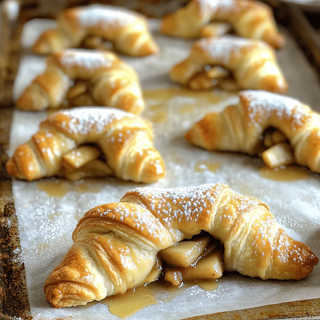 To make Apple Pie Crescents, you need a few simple ingredients. Each one adds to the sweet, warm flavor that makes these treats so special. Here’s what you'll need: - 1 can refrigerated crescent roll dough - 2 medium apples, peeled, cored, and finely chopped - 1/2 cup brown sugar - 1 teaspoon ground cinnamon - 1 tablespoon lemon juice - 1 tablespoon butter, melted - 1/4 cup chopped walnuts (optional) - 1 egg, beaten (for egg wash) - Powdered sugar, for dusting (optional) Using fresh apples is key. They give the best taste and texture. The brown sugar mixes with the cinnamon to create that classic apple pie flavor. Adding lemon juice brightens the filling and balances the sweetness. If you like a little crunch, throw in some walnuts! You can find the full recipe above. Enjoy preparing this fun and tasty dessert! - Preheat the oven to 375°F (190°C). - Line a baking sheet with parchment paper. - Combine apples, brown sugar, cinnamon, lemon juice, and melted butter. - Stir in optional walnuts. I love this part! The sweet smell of apples and cinnamon fills the kitchen. You can use any apples you like. Granny Smith adds tartness, while Honeycrisp brings sweetness. - Unroll crescent dough and separate into triangles. - Add apple filling and roll up crescents. Unrolling the dough is like opening a present! Place a spoonful of filling on the wide end of each triangle. Roll it up tightly. Make sure to pinch the ends. This keeps the filling inside while baking. - Brush with beaten egg and bake for 12-15 minutes. - Allow to cool before dusting with powdered sugar. The crescents will puff up and turn golden brown. That shiny egg wash gives them a nice finish. After baking, let them cool for a bit. Dust with powdered sugar for a sweet touch. Enjoy your Apple Pie Crescents! For the complete recipe, check the Full Recipe section. - Cut apples into small, even pieces. This helps them cook well and fit nicely inside the rolls. - Seal your crescent rolls tightly. Pinch the edges well to keep the filling from leaking out while baking. - Add a splash of vanilla extract to your filling. It gives a warm, rich flavor to the apple pie crescents. - Serve these treats warm with a scoop of ice cream or drizzle caramel sauce on top. This adds a nice touch and makes them even more special. For the full recipe, check out the details above. {{image_2}} You can make Apple Pie Crescents even more exciting with different fillings. Here are some ideas: - Pears or Peaches: Swap apples for juicy pears or sweet peaches. Both fruits add a nice twist. - Dried Fruits: Try adding raisins or cranberries for a chewy texture. These dried fruits pair well with spices. If you have dietary needs, you can still enjoy these treats. Here are some options: - Gluten-Free: Use gluten-free crescent roll dough. Many brands offer great options that work well. - Vegan Substitutes: Replace butter with coconut oil or vegan butter. For the egg wash, use almond milk mixed with a bit of syrup. These variations make the recipe your own and cater to your tastes! Check out the Full Recipe for all the details. To store your Apple Pie Crescents, let them cool first. Place them in an airtight container. This keeps them fresh and prevents drying out. In the fridge, they last for about 3 days. If you want to enjoy them longer, freezing is a great option. You can freeze both unbaked and baked crescents. To freeze unbaked crescents, wrap each one in plastic wrap. Then, put them in a freezer bag. For baked crescents, let them cool, then place them in a container. When you want to enjoy them, thaw in the fridge overnight. Bake them for about 10 minutes at 350°F (175°C) to warm them up. Enjoy the taste of fresh-baked goodness! The best way to peel apples is to use a simple vegetable peeler. Hold the apple firmly and start at the top. Move the peeler down in a circular motion. This keeps the apple intact and helps avoid waste. You can also cut the apple in half and use a knife for better control. Just be careful with the knife. Yes, you can use pre-made apple filling. It saves time and still tastes great. Just make sure the filling is thick enough. If it is too runny, it might make the crescents soggy. You can add a bit of cinnamon to enhance the flavor. The crescents are done when they are golden brown and puffed. Look for a nice, crispy top. You can also check the bottom. If it is golden too, they are ready. Baking takes about 12-15 minutes, so keep an eye on them. Yes, you can make these crescents ahead. Prepare the filling and store it in the fridge. You can also assemble the crescents and keep them in the fridge before baking. Just be sure to bake them the same day for the best taste. You can use other types of sugar in the filling. Granulated sugar works well, but it will taste a bit different. Coconut sugar or honey can also be used. Just remember that each sweetener has a unique flavor, so choose what you like best. This recipe for apple crescents is simple and delicious. You learned how to make a sweet apple filling and wrap it in crescent dough. Remember, you can customize it with other fruits or toppings. Store any leftovers in the fridge or freeze them for later. Try this recipe for your next gathering. Your friends and family will love these tasty treats! Enjoy each bite and share your creations with others. Happy baking!