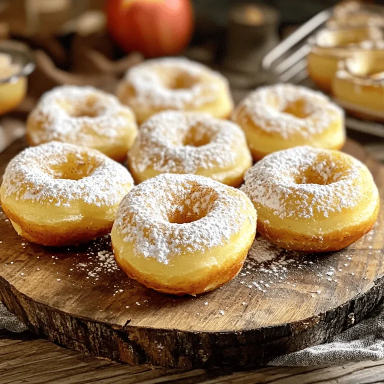 - 2 cups all-purpose flour - 1 cup apple cider - 1/2 cup granulated sugar - 1/4 cup brown sugar, packed - 1 teaspoon baking powder - 1 teaspoon baking soda - 1 teaspoon ground cinnamon - 1/2 teaspoon ground nutmeg - 1/2 teaspoon salt - 2 large eggs - 1/4 cup vegetable oil - 1 teaspoon vanilla extract - 1/2 cup powdered sugar (for coating) These ingredients come together to make soft, moist donuts. The apple cider gives a sweet and tangy flavor. The combination of cinnamon and nutmeg warms up the taste. Using both granulated and brown sugar adds depth to the sweetness. Each ingredient plays a key role. Flour provides structure, while baking powder and baking soda help the donuts rise. Eggs bind the mix and add richness. The vegetable oil keeps them moist. The powdered sugar coating adds a sweet finish. You can easily customize this list. For a gluten-free option, substitute the flour with a gluten-free blend. You can also try using maple syrup instead of granulated sugar for a different sweetness. If you want to learn more about the full recipe, check out the details in the [Full Recipe]. 1. Preheat your oven to 350°F (175°C). Grease your donut pan with non-stick spray. This helps the donuts pop out easily after baking. 2. In a large bowl, mix the dry ingredients. Combine 2 cups of flour, 1/2 cup of granulated sugar, 1/4 cup of packed brown sugar, 1 teaspoon of baking powder, 1 teaspoon of baking soda, 1 teaspoon of ground cinnamon, 1/2 teaspoon of ground nutmeg, and 1/2 teaspoon of salt. Whisk until everything is well combined. 3. In another bowl, mix the wet ingredients. Combine 1 cup of apple cider, 2 large eggs, 1/4 cup of vegetable oil, and 1 teaspoon of vanilla extract. Stir until the mixture is smooth. 1. Time to fill the donut pan! Use a piping bag or a zip-top bag with a corner cut off. Carefully pipe the batter into the pan, filling each cavity about 2/3 full. This gives the donuts room to rise. 2. Bake the donuts for 12-15 minutes. They are done when a toothpick inserted in the center comes out clean. Keep an eye on them to avoid overbaking! 3. After baking, let the donuts cool in the pan for about 5 minutes. Then, move them to a wire rack to cool completely. Once cool, roll each donut in 1/2 cup of powdered sugar until coated. This adds a sweet touch! For the full recipe, check the detailed instructions above. Enjoy your donuts! - Overmixing batter: When you mix too much, the donuts become tough. You want a light and fluffy texture. Stir gently until just combined. - Not greasing the pan properly: A well-greased pan is key. If the donuts stick, they can break apart. Use non-stick spray or oil to coat the pan evenly. - Measuring ingredients accurately: Use a scale or measuring cups to get the right amounts. Accurate measurements lead to better results. A small change can affect the taste and texture. - Ideal baking time adjustments: Keep an eye on the donuts while they bake. Ovens can vary in temperature. Check for doneness by inserting a toothpick. If it comes out clean, they’re done! {{image_2}} You can easily change your baked apple cider donuts for the season. Adding spices can enhance the flavor. Try adding ginger or cloves for a warm twist. These spices add depth and warmth, perfect for fall. You can also incorporate fruit pieces. Diced apples or pears provide juicy bites. They make the donuts even more interesting and tasty. If you need to make this recipe gluten-free, use gluten-free flours. Almond flour or oat flour works well. These flours keep the donuts moist and tasty. You can also use sugar substitutes. If you want a lower-sugar option, try using stevia or monk fruit. These keep the sweetness without the extra calories. For the full recipe, check out the earlier section. Explore these variations to make your donuts special! To keep your baked apple cider donuts fresh, store them in an airtight container. This method prevents air from making them dry. Line the container with paper towels. Place the donuts in a single layer. If you have many donuts, add another towel and layer more donuts. Keep the container at room temperature. This way, they stay moist and tasty for up to three days. If you want to save your donuts for later, freezing is a great option. To freeze, let the donuts cool completely first. Then, place them in a freezer-safe bag. Remove as much air as you can before sealing. They will stay good for about three months. When you are ready to enjoy them again, take the donuts out of the freezer. Let them thaw in the fridge overnight, or sit at room temperature for a few hours. To warm them up, preheat your oven to 350°F (175°C). Bake the donuts for about 5-10 minutes. This makes them soft and delicious again, just like when they were fresh. For the complete recipe, check the [Full Recipe]. To make Baked Apple Cider Donuts gluten-free, substitute all-purpose flour with gluten-free flour. Use a blend that includes xanthan gum for better texture. Make sure to check the labels on all other ingredients. This way, you ensure no hidden gluten sneaks in. Yes, store-bought apple cider works perfectly! It saves time and adds great flavor. Just make sure it's pure apple cider without added sugars or artificial flavors. This keeps your donuts tasty and true to the recipe. Check the donuts after 12 minutes. Insert a toothpick in the center. If it comes out clean, they are done. If it has batter on it, bake for a few more minutes. The donuts should also feel firm to the touch. You can find Baked Apple Cider Donuts at local bakeries, farmer's markets, or seasonal fairs. Some cafes may also have them when apples are in season. Ask around, and you might discover a hidden gem nearby. To freeze your donuts, let them cool completely first. Place them in a single layer on a baking sheet. Freeze for about an hour, then transfer them to a freezer-safe bag. This prevents them from sticking together. Baked Apple Cider Donuts stay fresh for about three days at room temperature. For longer storage, freeze them. When frozen, they can last for up to three months. Just thaw at room temperature before enjoying. This blog post guides you through making Baked Apple Cider Donuts. We covered ingredients, baking steps, and common mistakes. I shared tips for variations, storage, and answering your questions. Now, you can create your own tasty donuts at home. Enjoy the flavors and share with friends. Happy baking!