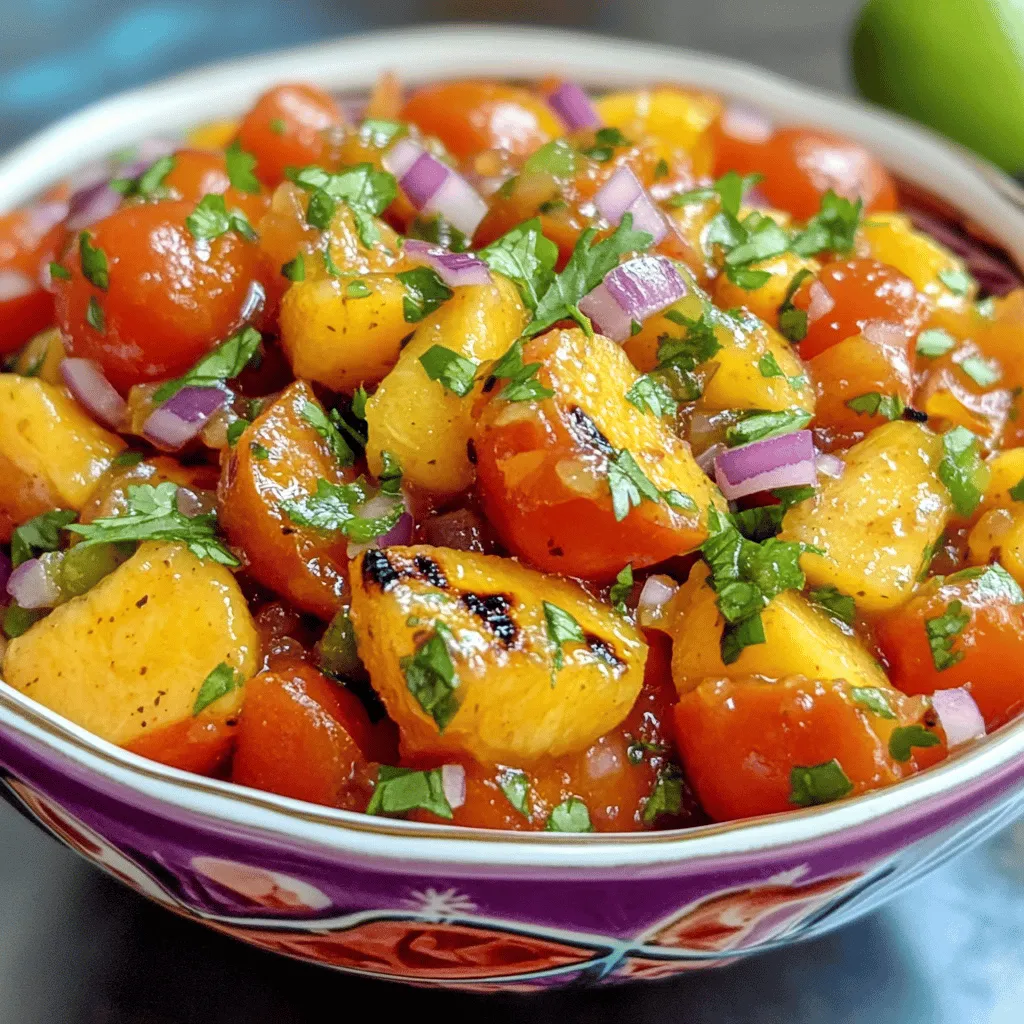 - 4 ripe tomatoes, diced - 2 ripe peaches, diced - 1 small red onion, finely chopped - 1 jalapeño, deseeded and minced - 1/4 cup fresh cilantro, chopped - 2 tablespoons lime juice - 1 tablespoon smoked paprika - Salt and pepper to taste - Grill or smoker - Mixing bowl - Knife and cutting board I love using fresh ingredients in my recipes. For this smoked tomato peach salsa, ripe tomatoes and peaches are key. They bring natural sweetness and juicy flavor. The red onion adds a nice crunch, while the jalapeño gives it a spicy kick. I like to use fresh cilantro for its bright taste. In the condiments section, lime juice gives the salsa a zesty splash. Smoked paprika adds depth and warmth. Don’t forget to season with salt and pepper to bring all the flavors together. For tools, you will need a grill or smoker to achieve that smoky flavor. A mixing bowl helps combine everything easily. A knife and cutting board are essential for chopping up those fresh ingredients. For the full recipe, make sure you check the details to create this flavorful summer delight! To start, preheat your grill or smoker to medium heat. This step is key for great flavors. If you don’t have a smoker, don’t worry! You can use a grill with a smoking box or make a foil packet with wood chips. This method will still give you that nice smoky taste. Next, slice the tomatoes in half. Place them cut-side down on your grill. Do the same with the peaches. This helps them get a nice char. Grill the tomatoes and peaches for about 6 to 8 minutes. You want them to show grill marks. This step brings out their natural sweetness and adds depth to your salsa. After grilling, take the tomatoes and peaches off the heat. Let them cool for a moment. Then, chop them into small pieces. In a mixing bowl, combine the diced smoked tomatoes and peaches. Now, add the chopped red onion, minced jalapeño, and fresh cilantro. Drizzle in the lime juice. Finally, sprinkle the smoked paprika over the mixture. Toss everything gently until well mixed. Don't forget to season with salt and pepper to taste. Let your salsa sit for at least 15 minutes. This waiting time allows the flavors to meld beautifully. For the complete recipe, check out the [Full Recipe]. To boost the smoky flavor, consider adding spices like cumin or chili powder. Fresh herbs like basil or oregano can also add depth. If you don’t have a grill, you can use liquid smoke. Just a few drops can bring that smoky taste right to your salsa. Another option is to roast your tomatoes and peaches in the oven on high heat. This adds a nice char without a grill. Letting your salsa sit is key. This waiting time helps the flavors blend well. I suggest at least 15 minutes. When it comes to sweetness and heat, balance is important. If your peaches are very sweet, add more jalapeño for heat. A pinch of sugar can help if you find it too spicy. This salsa pairs perfectly with tortilla chips. It also works great as a condiment on tacos or grilled chicken. Try it as a topping for fish or even mixed in with your salads. The fresh flavors make any dish pop. You can find the full recipe above to get started! {{image_2}} You can easily change this recipe to fit your needs. To make it vegan, just skip the smoked paprika or use a plant-based version. For a gluten-free option, ensure your smoked paprika is gluten-free. You can swap out peaches for mangoes or pineapple. These fruits add a tropical twist. Use what you find in your garden or local market. In summer, try adding fresh corn for sweetness. In the fall, bell peppers can add crunch and flavor. You can also use seasonal herbs like basil or mint for a fresh taste. These small changes can make your salsa unique and fun. If you love spice, add more jalapeños or use serrano peppers. For a milder salsa, use sweet bell peppers instead. You can also remove the seeds from the jalapeño to lower the heat. Always taste as you go, and adjust to your liking. This way, your salsa will be perfect for everyone. To keep your smoked tomato peach salsa fresh, store it in the fridge. Use an airtight container. This helps prevent air from getting in. Glass jars or plastic containers work well. Make sure the salsa is cool before sealing it. This keeps moisture in and stops bacteria growth. In the fridge, your salsa lasts about 3-5 days. After that, it may lose flavor. Look for signs that it has gone bad. If you see mold or it smells sour, it’s time to toss it. Fresh salsa should look bright and smell fruity. You can freeze salsa for longer storage. First, pour it into a freezer-safe container or bag. Leave some space for expansion. Seal it tightly and label it with the date. To thaw, place it in the fridge overnight. You can also use it straight from the freezer in cooked meals. Just remember, the texture might change a bit after freezing. Yes, you can make Smoked Tomato Peach Salsa ahead of time. I recommend making it up to two days in advance. This allows the flavors to blend beautifully. Store it in an airtight container in the fridge. Just remember to stir it well before serving. You can serve this salsa with many dishes. It pairs well with tortilla chips for a tasty snack. You can also add it to grilled chicken or fish for a fresh twist. Try it on tacos or as a topping for burgers. It brightens up any meal! Scaling up the recipe is easy! Double or triple the ingredients based on your needs. Keep the same ratios to maintain the flavor. Use a larger mixing bowl to combine everything. This is great for parties or family gatherings. Yes, you can add sweetness in a few ways. Try adding a bit of honey or agave syrup. You can also use more peaches if you want a fruity kick. Another option is to mix in diced mango or pineapple for a tropical touch. In this post, we explored the steps for making a Smoked Tomato Peach Salsa. You learned about fresh ingredients, useful equipment, and grilling techniques. We covered tips for enhancing flavor and common variations. Always let your salsa sit for better taste. Store it properly to keep it fresh longer. Whether spicy or sweet, adjust the recipe to fit your taste. Enjoy your homemade salsa with chips or on your favorite dishes. Making this salsa is simple and fun, so dive in and enjoy your creation!