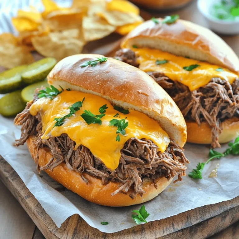 - 2 pounds beef chuck roast - 1 onion, sliced - 4 cloves garlic, minced For the heart of this dish, you need the beef chuck roast. This cut is rich and tender. It breaks down beautifully during cooking. The onion adds sweetness and depth. Garlic brings in that punchy flavor we all love. - 1 cup beef broth - 2 tablespoons Worcestershire sauce - 2 teaspoons dried thyme Beef broth adds moisture and richness. Worcestershire sauce gives a savory kick. Thyme adds an earthy note. Together, these ingredients create a flavorful base that enhances the beef. - 8 ounces sharp cheddar cheese, shredded - 8 hoagie rolls - Fresh parsley, chopped (for garnish) Sharp cheddar cheese melts perfectly over the beef. It adds creaminess and richness to the sandwich. Hoagie rolls hold all the goodness together. Fresh parsley gives a nice, bright finish. You can also use the Full Recipe for more details. Start by patting the beef chuck roast dry with paper towels. This helps the seasoning stick. Next, season the beef well with salt and pepper on all sides. This step adds a lot of flavor. Now, heat a large skillet over medium-high heat. Sear the beef roast for about 4-5 minutes on each side until it gets a nice brown color. This browning locks in the taste and makes the beef even better. Once the beef is seared, it’s time to move it to the slow cooker. Place the beef in the cooker and add the sliced onion, minced garlic, and beef broth. Next, pour in the Worcestershire sauce and sprinkle the dried thyme and smoked paprika on top. Mix everything gently. Cover the slow cooker. You can choose to cook on low for 8 hours or on high for 4 hours. The beef will become very tender and easy to shred. After cooking, take the beef out of the slow cooker. Use two forks to shred the beef into bite-sized pieces. Return the shredded beef to the cooker and mix it with the juices for more flavor. To make the sandwiches, split the hoagie rolls. Fill them generously with the shredded beef mixture. Top each sandwich with a handful of shredded cheddar cheese. For a special touch, place the sandwiches under a broiler for 2-3 minutes. This melts the cheese and makes it bubbly. Don't forget, you can find the full recipe for these tasty sandwiches above. Enjoy crafting your savory slow cooker beef and cheddar sandwiches! Using fresh herbs makes a big difference in taste. Try adding fresh thyme or parsley to brighten your dish. Fresh herbs add a nice pop of flavor that dried herbs can’t match. Searing your beef is key for rich flavor. When you brown the beef, it caramelizes the outside. This process creates a deep, savory base for your sandwich. It’s a simple step that makes a big impact. You can use different cuts of beef for this recipe. Chuck roast works well, but brisket or round can also shine. Just remember that cooking times may change with different cuts. Always check for tenderness. Feel free to add veggies or spices to the slow cooker. Carrots, bell peppers, or mushrooms can boost flavor and nutrition. Spices like cumin or chili powder can also add a twist. For a great presentation, serve your sandwiches on a wooden board. Line the board with parchment paper for easy cleanup. Add pickles and chips on the side for extra crunch. Pair these sandwiches with a light salad or coleslaw. A cold drink, like iced tea or lemonade, complements the rich flavors well. For more ideas, check the Full Recipe for different serving options! {{image_2}} You can switch up the cheese in this recipe. Swiss cheese adds a mild flavor. Provolone is another great choice. For those who want a dairy-free option, consider vegan cheese. There are many brands that melt well. Look for one that suits your taste. If you need gluten-free options, choose gluten-free hoagie rolls. Many stores offer these. They taste great and hold up well. For those watching sodium, use low-sodium beef broth. This keeps your dish tasty without too much salt. To add a new twist, try BBQ sauce. It gives a sweet and tangy kick. You can mix it with the beef before serving. Another idea is to add Italian seasonings. Think about oregano, basil, or even some red pepper flakes. This adds depth and a unique flair to your sandwich. For the full recipe, check out the details above and get cooking! To store leftovers in the refrigerator, let the beef cool first. Place the beef in an airtight container. It stays fresh for about 3 to 4 days. For freezing assembled sandwiches, wrap each sandwich tightly in plastic wrap. Then, place them in a freezer bag. This way, they will keep well for about 2 to 3 months. You can reheat the beef in the oven or microwave. For the oven, preheat to 350°F. Place the beef in an oven-safe dish, cover it with foil, and heat for 15-20 minutes. In the microwave, use medium heat for about 2-3 minutes. To avoid sogginess, add a paper towel over the beef. This helps absorb excess moisture. Leftovers can be safely stored in the fridge for 3 to 4 days. If you freeze them, they last for 2 to 3 months. Signs that the beef has gone bad include a sour smell or a change in color. If you see any mold, discard it right away. For more details, check the Full Recipe. Yes, you can use frozen beef. Just make sure to thaw it before cooking. If you cook from frozen, increase the cooking time. For best results, place the frozen beef in the fridge a day before cooking. This way, it thaws evenly and stays safe. To check if the beef is done, look for tenderness. The beef should shred easily with a fork. You can also use a meat thermometer. Aim for an internal temperature of around 190°F for perfect results. If it’s not tender yet, let it cook longer. Many sides pair well with these sandwiches. Here are some great ideas: - Coleslaw: Adds a crunchy, fresh bite. - Potato Chips: For a classic, salty crunch. - Pickles: Their tanginess balances the rich beef. - French Fries: Always a hit with sandwiches. - Garden Salad: Lightens up the meal with fresh veggies. These sides will make your meal even more delightful! This blog post offered a clear guide to making delicious Slow Cooker Beef and Cheddar Sandwiches. We covered main ingredients like beef chuck roast and key flavorings. You learned step-by-step cooking methods and helpful tips to boost flavor. We also discussed variations to fit dietary needs and how to store leftovers properly. In conclusion, this recipe is simple yet satisfying. Enjoy creating your own tasty sandwiches with family or friends. You'll impress everyone with your cooking skills. Happy cooking!