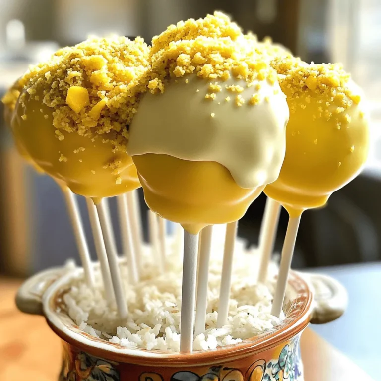 To make Mango Tajin Cake Pops, gather these ingredients: - 1 cup mango cake mix - 1/2 cup water - 1/4 cup vegetable oil - 2 eggs - 1/2 cup mango puree (fresh or canned) - 1/4 teaspoon vanilla extract - 1/4 cup Tajin seasoning (plus extra for coating) - 1 cup white chocolate chips - 1 tablespoon coconut oil - Lollipop sticks Use precise measurements for the best results. If you use too much cake mix, the pops may be dry. Fresh mango puree gives a bright flavor. If using canned puree, check for added sugars. Always store ingredients in a cool, dry place to keep them fresh. You can switch out the mango cake mix for vanilla or lemon cake mix for a new twist. For a lower-fat option, replace the vegetable oil with applesauce. You may use dark chocolate chips instead of white for a richer taste. If you can’t find Tajin, mix chili powder and lime zest for a similar flavor. Start by gathering all your ingredients for Mango Tajin Cake Pops. You will need: - 1 cup mango cake mix - 1/2 cup water - 1/4 cup vegetable oil - 2 eggs - 1/2 cup mango puree (fresh or canned) - 1/4 teaspoon vanilla extract - 1/4 cup Tajin seasoning (plus extra for coating) - 1 cup white chocolate chips - 1 tablespoon coconut oil - Lollipop sticks Preheat your oven to 350°F (175°C). Grease a cake pan or line it with parchment paper. In a large bowl, mix the mango cake mix, water, vegetable oil, eggs, mango puree, and vanilla extract. Whisk until smooth. Pour your batter into the prepared cake pan. Bake for 25-30 minutes. Check with a toothpick; it should come out clean. Let the cake cool completely in the pan. This step is key for easy crumbling later. Once cool, crumble the cake into a large bowl. Use your hands or a fork to break it down. Add 1/4 cup of Tajin seasoning to the crumbled cake. Mix well to ensure the flavor is spread evenly. Now, it's time to form the cake pops. Take small amounts of the cake mixture and roll them into balls, about 1 inch wide. Place them on a baking sheet lined with parchment paper. Once you have formed all the balls, refrigerate them for about 30 minutes to firm up. Next, melt the white chocolate chips and coconut oil in a microwave-safe bowl. Heat in 30-second intervals, stirring in between, until smooth. Dip one end of each lollipop stick into the melted chocolate. Insert the stick into the center of each cake ball. This helps the stick stay in the cake pop. Now, dip each cake pop into the melted chocolate. Allow any excess chocolate to drip off. Immediately sprinkle with extra Tajin for a zesty finish. Place the coated pops back on the baking sheet to set. Finally, refrigerate the cake pops for another 15-20 minutes until the chocolate is firm. Enjoy your delicious Mango Tajin Cake Pops! You can find the full recipe in the article. Using Tajin adds a unique twist to your cake pops. Here are some best practices: - Balanced Flavor: Start with a small amount of Tajin. You can always add more. - Mix Well: Combine it evenly with your cake crumbs for a consistent taste. - Taste Test: Before forming the pops, taste a little of the mixture. Adjust if needed. Coating your cake pops can be tricky. Here’s how to get it right: - Melt Properly: Heat your chocolate slowly in intervals. Stir to avoid burning. - Thick Coating: Use enough chocolate for a thick coat. This helps hold the pops together. - Tap Off Excess: Gently tap the stick after dipping to remove excess chocolate. To make your cake pops even better, consider these tips: - Add Zest: Incorporate lime or lemon zest into the cake mix for extra brightness. - Use Fresh Mango: Fresh mango puree enhances the flavor and adds moisture. - Texture Contrast: Sprinkle crushed nuts or coconut on top for a fun crunch. Follow these tips for amazing Mango Tajin Cake Pops! You’ll impress your friends and family with these tasty treats. For more detailed instructions, check the Full Recipe. {{image_2}} You can switch things up with different flavors. Try adding lime zest for a tangy kick. For a tropical twist, use pineapple cake mix instead of mango. Adding coconut flakes can also enhance the tropical vibe. You can even swap Tajin for chili powder for more heat. Each change brings a new taste to your cake pops. Want a lighter version? Use a sugar-free cake mix to cut calories. You can also replace vegetable oil with applesauce. This keeps the cake moist while reducing fat. If you want fewer carbs, consider using almond flour instead of cake mix. These swaps help keep the fun while making it a bit healthier. Seasonal themes can make these treats even more special. In summer, add fresh berries or peaches to the mix. For fall, try pumpkin spice cake mix with a pinch of nutmeg. During winter, you can dip them in dark chocolate and sprinkle with sea salt. These seasonal changes keep the cake pops exciting all year round. To keep your Mango Tajin Cake Pops fresh, store them in an airtight container. This helps maintain their softness and flavor. You can keep them at room temperature for one day. If you want them to last longer, place them in the fridge. Mango Tajin Cake Pops stay fresh in the fridge for up to one week. If you freeze them, they can last for up to three months. To freeze, place the cake pops on a baking sheet. Once frozen, transfer them to a zip-top bag or airtight container. This prevents them from sticking together. If your cake pops are chilled or frozen, let them sit at room temperature for a few minutes before serving. This will help them regain their soft texture. Avoid reheating them in the microwave, as this can ruin the chocolate coating. Enjoy your tasty treat! For the full recipe, check out the earlier sections. Tajin is a spice mix from Mexico. It blends chili powder, lime, and salt. You can use it to add flavor to many dishes. For Mango Tajin Cake Pops, it enhances the sweet mango flavor. Just mix Tajin into the cake crumbs and sprinkle it on top for a zesty finish. Yes, you can use other cake mixes. Try vanilla or even lemon cake mix. Each will change the flavor but still pair well with mango and Tajin. Just make sure to adjust the amount of Tajin if you change the cake flavor. To coat your cake pops perfectly, melt the chocolate carefully. Use short bursts in the microwave to avoid burning. Dip each pop quickly, allowing excess chocolate to drip off. Sprinkle Tajin on the wet chocolate right away for the best flavor. You can buy Mango Tajin Cake Pops at local bakeries or specialty shops. Some grocery stores may sell them too. However, making them at home is easy and fun! For the full recipe, check the section above. This blog post covered how to make delicious cake pops with Tajin. We reviewed the key ingredients, offered step-by-step instructions, and shared helpful tips. You learned about flavor variations, storage methods, and answered common questions. These cake pops are not just fun; they are tasty and easy to customize. Take these ideas and create your own amazing treats. Enjoy baking and sharing these flavorful snacks with friends and family!