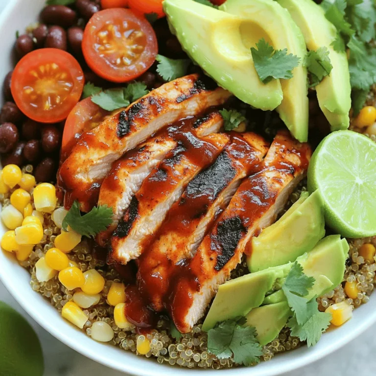 To make a BBQ Chicken Power Bowl, gather these tasty ingredients: - 2 boneless, skinless chicken breasts - 1 cup BBQ sauce (homemade or store-bought) - 2 cups cooked quinoa - 1 cup black beans, drained and rinsed - 1 cup corn kernels (fresh, frozen, or canned) - 1 red bell pepper, diced - 1 avocado, sliced - 1 cup cherry tomatoes, halved - 1/4 cup fresh cilantro, chopped - 1 lime, cut into wedges - Salt and pepper to taste These ingredients blend well to create a colorful and flavorful meal. You can swap some ingredients based on your taste or what's in your kitchen. If you can't find quinoa, try brown rice or couscous. For the beans, chickpeas work well too. If you don't like black beans, kidney beans can work just fine. The red bell pepper can be replaced with yellow or green bell peppers for a different taste. If you want a dairy option, add some shredded cheese on top. You can also replace the avocado with a dollop of Greek yogurt for creaminess. Feel free to mix and match based on your preferences. Each serving of the BBQ Chicken Power Bowl packs a punch! Here’s a quick look at the nutrition: - Calories: Approximately 450 - Protein: About 30 grams - Carbohydrates: Around 50 grams - Fats: Roughly 15 grams This meal provides a great balance of carbs, protein, and healthy fats. It's perfect for lunch or dinner, boosting your energy while being satisfying. With the mix of beans and quinoa, you also get fiber, which is great for digestion. For the full breakdown, check out the [Full Recipe]. First, gather all your ingredients. This makes cooking easier and faster. You need: - 2 boneless, skinless chicken breasts - 1 cup BBQ sauce - 2 cups cooked quinoa - 1 cup black beans - 1 cup corn kernels - 1 red bell pepper - 1 avocado - 1 cup cherry tomatoes - 1/4 cup fresh cilantro - 1 lime - Salt and pepper Now, wash and cut the veggies. Dice the red bell pepper and slice the avocado. Halve the cherry tomatoes. Rinse the black beans and corn if needed. This prep helps the cooking flow. Next, heat your grill or grill pan over medium heat. Season the chicken breasts with salt and pepper. Then, brush a good amount of BBQ sauce on them. This adds great flavor. Place the chicken on the grill. Grill for about 6-7 minutes on each side. Keep brushing with more BBQ sauce if you want. Check that the chicken is cooked all the way through. The internal temperature should reach 165°F (75°C). Once done, remove the chicken and cover it with foil. Let it rest for 5 minutes. This keeps the chicken juicy. After resting, slice the chicken into strips. Now, it’s time to build your bowl. In a large bowl, mix the cooked quinoa, black beans, corn, diced red bell pepper, halved cherry tomatoes, and half of the chopped cilantro. Stir it well. Divide this mixture into serving bowls. Top each bowl with the sliced grilled chicken and avocado. If you like, drizzle more BBQ sauce over the top. Finish by garnishing with the remaining cilantro. Serve with lime wedges on the side. The lime adds a zesty punch to the meal. For the full recipe, check out the complete details. To get great grilled chicken, start with good meat. Use boneless, skinless chicken breasts for this dish. Make sure to season them well with salt and pepper. Brush on a thick layer of BBQ sauce. Grill over medium heat for about 6-7 minutes on each side. The chicken should reach an internal temperature of 165°F (75°C). Let the chicken rest for five minutes before slicing. This step keeps the chicken juicy and tasty. If you can’t grill, don't worry! You can cook the chicken in the oven. Preheat your oven to 400°F (200°C). Place the chicken in a baking dish and pour BBQ sauce over it. Bake for 20-25 minutes until cooked through. You can also use a stovetop pan. Heat a little oil in the pan, then add the chicken. Cook for 6-7 minutes per side until golden brown. A BBQ chicken power bowl is fun to create. You can mix in a variety of fresh veggies. Try adding sliced cucumbers or shredded carrots for crunch. Serve with avocado for creaminess and lime wedges for zest. If you want more protein, add chickpeas or extra beans. Enjoy it with a side of cornbread or a simple green salad. For the full recipe, check out the BBQ Chicken Power Bowl section. {{image_2}} You can easily make a vegetarian BBQ Chicken Power Bowl. Just swap chicken for tofu or tempeh. Tofu works well if you press it first. This helps remove excess moisture. Cut it into cubes and marinate in BBQ sauce. Grill or sauté until golden brown. Tempeh has a nutty taste and adds a nice bite. Slice tempeh and grill it too. Both options give you tasty, meat-free bowls. Don’t be afraid to mix things up! You can change the quinoa to brown rice or farro. Both options add a different texture. Instead of black beans, use chickpeas or pinto beans for a twist. You can also try different veggies like zucchini or spinach. Each swap creates a unique flavor and look. Feel free to use your favorite BBQ sauce too. Homemade or store-bought, it all works! Seasonal ingredients make your BBQ Chicken Power Bowl even better. In summer, add fresh corn and ripe tomatoes. These ingredients burst with flavor. In fall, swap in roasted butternut squash or sweet potatoes. They add warmth and sweetness. You can also switch the herbs based on the season. Use basil in summer or sage in fall. By changing ingredients, you keep your meals fresh and exciting. For the complete recipe, check out the [Full Recipe]. To keep your BBQ chicken power bowl fresh, store it in an airtight container. Place it in the fridge within two hours of cooking. The bowl will stay good for about three to four days. Make sure to separate the chicken from the quinoa mix for best results. This keeps the flavors fresh and prevents sogginess. You can freeze the BBQ chicken power bowl for meal prep. First, let the bowl cool completely. Then, use freezer-safe containers. Store the chicken, quinoa, beans, and veggies separately when possible. This way, you preserve the texture and taste. It can last up to three months in the freezer. When ready to eat, thaw it in the fridge overnight. To reheat, use the microwave or stovetop. If using a microwave, cover the bowl to keep moisture in. Heat in short bursts, stirring in between, until warm. If using the stovetop, add a splash of water to the pan. Heat gently over medium heat and stir. This helps the meal stay moist and tasty. Enjoy your delicious BBQ chicken power bowl! A BBQ Chicken Power Bowl is a tasty, healthy meal. It has grilled chicken, quinoa, and fresh veggies. You can mix flavors and textures in one bowl. This meal is colorful, full of nutrients, and filling. It’s great for lunch or dinner. You can enjoy it warm or cold. The best part? You can use your favorite BBQ sauce to give it your own twist. For the full recipe, check out the details above. Making BBQ sauce at home is simple. You need a few basic ingredients. Start with ketchup, vinegar, and brown sugar. Add some mustard for tang, and Worcestershire sauce for depth. Spice it up with garlic powder, onion powder, and a pinch of cayenne for heat. Mix all the ingredients in a pot. Heat it on low for about 15 minutes. Stir often until it thickens. Taste and adjust the flavors to your liking. Homemade BBQ sauce can be fun to make and tastes fresh. Yes, you can prepare a BBQ Chicken Power Bowl ahead of time. Cook the chicken and make the quinoa the day before. Store them in separate containers in the fridge. Chop the veggies and keep them fresh until you're ready to eat. When it's time to serve, just assemble the bowl. This way, you save time during busy days. You can enjoy a healthy meal quickly with all the flavors intact. This post covered all you need for a BBQ Chicken Power Bowl. We discussed ingredients, cooking steps, and tips for perfect grilling. You learned how to store leftovers and create variations for any season. Power bowls are easy to customize based on your taste. Whether you choose chicken or tofu, you can enjoy a healthy meal. Try making it ahead of time for busy days. Happy cooking!