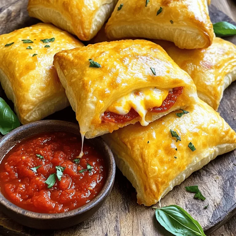 To make easy cheesy pizza pockets, gather these essential items: - 1 package (1 lb) refrigerated crescent roll dough - 1 cup shredded mozzarella cheese - 1/2 cup pepperoni slices (or any favorite pizza toppings) - 1/4 cup pizza sauce - 1 teaspoon dried oregano - 1/2 teaspoon garlic powder - 1 egg (for egg wash) You can personalize your pizza pockets with these fun options: - Add chopped bell peppers or onions for crunch. - Swap mozzarella for cheddar or provolone cheese. - Use cooked sausage or mushrooms as toppings. - Include fresh basil or spinach for a fresh twist. If you don’t have a few ingredients, here are easy swaps: - Use puff pastry instead of crescent roll dough. - Try different sauces like pesto or marinara. - Replace pepperoni with cooked chicken or veggies for a lighter option. - Use egg substitute or milk for the egg wash. For the complete guide, check out the Full Recipe. Start by preheating your oven to 375°F (190°C). Line a baking sheet with parchment paper. Unroll the crescent roll dough and separate it into triangles. Pinch the seams together. This step is key to keep the filling inside. In a bowl, mix the shredded mozzarella cheese, pepperoni, dried oregano, and garlic powder. Take one triangle of dough and place about 1 tablespoon of the cheese mixture at the wide end. Spoon about 1 teaspoon of pizza sauce over the cheese. Carefully roll the dough from the wide end to the pointed end. Pinch the edges to seal them tight. Repeat this for all triangles. Lay the filled pockets on the baking sheet. In another bowl, whisk the egg. Brush the egg wash over the tops of the pizza pockets. This gives them a nice golden finish. Optionally, spray them lightly with olive oil for extra crispness. Bake in the oven for 12-15 minutes. Look for a golden brown color and puffed appearance. Let them cool for a few minutes before enjoying. You can find the full recipe to guide you through every step. To stop the dough from leaking, pinch the seams tightly. This seals the filling inside. Use a little extra dough if you need to cover any gaps. Avoid overfilling the pockets, as this can cause them to burst. Keep about a tablespoon of filling per pocket. This way, the dough stays closed while baking. For even cooking, place the pizza pockets apart on the baking sheet. This allows hot air to circulate around each pocket. Make sure to preheat your oven to 375°F (190°C). If you have multiple trays, rotate them halfway through baking. This helps every pocket cook evenly and get that lovely golden brown color. Serve the pizza pockets warm for the best taste. I like to pair them with a side of pizza sauce for dipping. You can also add some fresh herbs on top for color. Arrange them nicely on a platter to impress your guests. Serve them as a snack, appetizer, or party food. You can find the full recipe above to make your own delicious pizza pockets! {{image_2}} Cheese is the star of pizza pockets. You can switch up the cheese for fun. Try using cheddar for a sharp taste. Provolone adds a nice stretch. Cream cheese gives a rich creaminess. Mix different cheeses for a flavor boost. The goal is to find what you love. You don’t have to stick with pepperoni. Think outside the box! Load your pockets with veggies like bell peppers, mushrooms, or olives. Cooked chicken or sausage makes a hearty filling. Want something unique? Try BBQ sauce and chicken for a twist. Personalize it to fit your taste. Want a lighter option? Use whole wheat dough for more fiber. You can also add more veggies and less cheese. Instead of oil, use a light egg wash for less fat. Greek yogurt can replace some cheese for creaminess without the calories. Enjoy tasty pizza pockets without the guilt! To keep your pizza pockets fresh, store them in an airtight container. Place a paper towel in the container to absorb moisture. This helps prevent sogginess. You can keep them in the fridge for up to four days. Make sure they cool down before sealing them. To reheat the pizza pockets, you can use an oven or a microwave. For the oven, preheat it to 350°F (175°C). Place the pizza pockets on a baking sheet and heat for about 10 minutes. This keeps them crisp. If you use a microwave, heat for about 30 seconds. Check if they are warm enough. If not, add more time in short bursts. Freezing is a great option if you want to save some pizza pockets. First, let them cool completely. Wrap each pocket in plastic wrap. Then, place them in a freezer-safe bag. They can last up to three months in the freezer. To enjoy later, thaw in the fridge overnight and reheat as mentioned above. For the full recipe, refer back to the sections we've covered. Yes, you can use many types of dough. Crescent roll dough is easy and quick. You can also try pizza dough or puff pastry. Each type will give a different texture. Pizza dough will be chewier, while puff pastry gives a flaky bite. Experimenting with dough can lead to fun new flavors! Pizza pockets last about 3 to 4 days in the fridge. Make sure to store them in an airtight container. This keeps them fresh and tasty. If you want them to last longer, consider freezing them instead. Just reheat them when you're ready to eat! Absolutely, you can make pizza pockets ahead of time. Prepare them, then place them in the fridge before baking. You can also freeze them. Just freeze the filled, unbaked pockets. When you're ready, bake them straight from the freezer. This way, you have a quick snack ready to go! For the full recipe, you can check the detailed steps above. In this article, we covered how to make delicious pizza pockets from scratch. We discussed the key ingredients needed and options for customization. You learned step-by-step instructions for preparing the dough and filling them. I shared tips to avoid leaks and ensure even cooking. We explored variations for flavors and healthier choices. Lastly, I explained how to store and reheat pizza pockets. Now, you can enjoy making these tasty treats at home! Happy cooking!