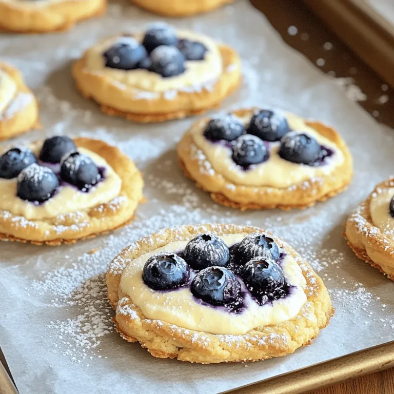 To make delicious Blueberry Cheesecake Cookies, gather these simple ingredients: - 1 cup all-purpose flour - 1/2 teaspoon baking soda - 1/4 teaspoon salt - 1/2 cup unsalted butter, softened - 1/3 cup granulated sugar - 1/3 cup brown sugar, packed - 1 teaspoon vanilla extract - 1 egg - 1/2 cup cream cheese, softened - 1/2 cup fresh blueberries (or frozen, thawed and drained) - 1/4 teaspoon lemon zest - Optional: powdered sugar for dusting These ingredients blend together to create cookies that taste like cheesecake with a burst of blueberry flavor. The cream cheese gives them a rich taste, while the blueberries add a sweet and tangy kick. The lemon zest brightens the flavor, making every bite a delight. If you want to add a touch of sweetness, dust your cookies with powdered sugar after they cool. For the full recipe, check the complete details to ensure your cookies come out perfect. 1. Preheat your oven to 350°F (175°C) and line a baking sheet with parchment paper. 2. In a small bowl, whisk together the flour, baking soda, and salt. Set this aside. 3. In a large mixing bowl, beat the softened butter, granulated sugar, and brown sugar until creamy and smooth. 1. Add the vanilla extract and the egg to the butter mixture. Mix until well combined. 2. In another bowl, beat the softened cream cheese until smooth. Fold it into the butter and sugar mixture. 1. Gradually add the dry ingredients to the cream cheese mixture. Mix until just combined; do not over-mix. 2. Gently fold in the fresh blueberries and lemon zest. 1. Scoop tablespoon-sized portions of dough and place them onto the prepared baking sheet, spacing them about 2 inches apart. 2. Bake in the preheated oven for 10-12 minutes, until the edges are slightly golden but the centers are still soft. 3. Remove the cookies from the oven and let them cool on the baking sheet for 5 minutes. Then, transfer them to a wire rack to cool completely. For the full recipe, check the ingredients and instructions above. Enjoy your baking! To get the right texture in your cookies, avoid over-mixing. When you combine the wet and dry ingredients, mix until just combined. This keeps the cookies soft. If your dough feels too sticky, add a bit more flour. For baking time, check the cookies at 10 minutes. They should be golden around the edges. If they look too soft, give them an extra minute or two. If you need a gluten-free option, use a gluten-free flour blend. Just check that it includes xanthan gum. For a dairy-free version, swap cream cheese with a dairy-free cream cheese. Use coconut oil instead of butter for a rich flavor. Spice up your cookies with a dash of cinnamon or nutmeg. You can also add a splash of almond extract for a twist. Want to switch up the fruit? Use raspberries, strawberries, or chopped peaches instead of blueberries. Each fruit adds a unique taste and color to your cookies. {{image_2}} You can make many fun twists on blueberry cheesecake cookies. Here are two popular ideas: - Chocolate Chip Blueberry Cheesecake Cookies: This mix brings rich chocolate chips to the soft, creamy texture of cheesecake. Just add half a cup of semi-sweet chocolate chips to the dough along with the blueberries. The sweet chocolate pairs well with the tart blueberries. It creates a delightful taste in every bite. - Mixed Berry Cheesecake Cookies: Use a mix of berries for a burst of flavor. Swap blueberries for raspberries, strawberries, or blackberries. You can use fresh or frozen berries. The bright colors and flavors make these cookies perfect for any gathering. You can change these cookies with the seasons. Here are some ideas for using seasonal fruits: - Using Seasonal Fruits: In spring, add fresh strawberries or cherries. In fall, try adding diced apples or cranberries. This way, you can enjoy the cookies year-round with fruits that are in season. - Festive Decorations for Holidays: You can decorate cookies for special occasions. For Christmas, add red and green sprinkles. For Easter, use pastel-colored icing. This makes your cookies festive and fun for any holiday party. Remember, these variations and adjustments keep your baking exciting and tasty! For the full recipe, check back to the earlier sections. Store your cookies in an airtight container. This keeps them soft and fresh. You can also layer them between parchment paper to prevent sticking. These cookies stay fresh for about 4 to 5 days at room temperature. For longer storage, use the fridge. They can last up to a week when chilled. To freeze the cookies, first let them cool completely. Place them in a single layer on a baking sheet. Freeze them for about an hour until firm. Then, transfer the cookies to a freezer-safe bag. They can stay frozen for up to three months. When you want to enjoy a cookie, take one out and let it thaw. For warm cookies, reheat them in your oven. Bake at 350°F for about 5 minutes. Enjoy the deliciousness! You can find the Full Recipe for more details. Can I use frozen blueberries? Yes, you can use frozen blueberries. Just make sure to thaw and drain them first. This keeps your cookie dough from becoming too wet. Fresh blueberries work well, too. How do I know when the cookies are done? Look for slight golden edges and soft centers. The cookies will continue to bake after you take them out. They should be firm yet soft. Can I make the dough ahead of time? Absolutely! You can make the dough and chill it for up to a day. Just wrap it well in plastic wrap. When ready, scoop and bake straight from the fridge. What can I use instead of cream cheese? You can use mascarpone or Greek yogurt as a substitute. Both give a nice creaminess, but the taste may change a bit. Can I use less sugar? Yes, you can reduce the sugar by a couple of tablespoons. The cookies will still taste great, but they may not be as sweet. Is there a vegan version of this recipe? You can make a vegan version! Use vegan butter and a dairy-free cream cheese. Substitute the egg with flaxseed meal mixed with water. Best drinks to pair with these cookies These cookies pair well with coffee or tea. A tall glass of milk is also a classic choice. For something fruity, try lemonade or iced tea. Ideal occasions for serving Blueberry Cheesecake Cookies Serve these cookies at birthday parties, family gatherings, or picnics. They also make a lovely treat for a cozy night in. Enjoy them with friends or as a sweet snack! For the Full Recipe, click here! You learned about making delicious blueberry cheesecake cookies. We covered the ingredients, steps, and tips to help you succeed. You can try different flavors and seasonal fruits for fun twists. Don’t forget how to store and freeze your treats for later enjoyment. Tackle any questions you have with our FAQs. Now, you have the knowledge to create tasty cookies that everyone will love! Enjoy your baking and share these delightful cookies with friends and family.
