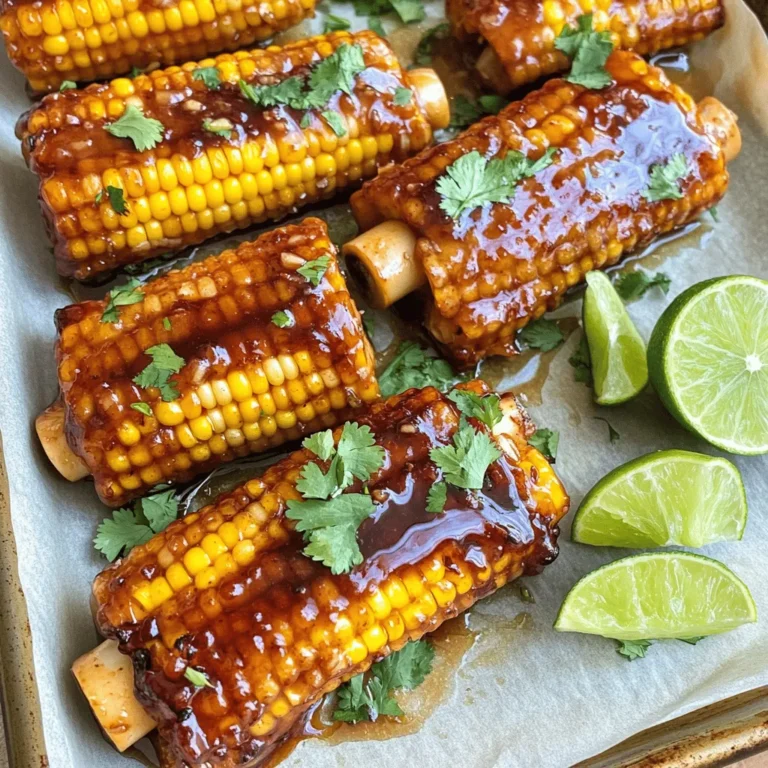 - 4 ears of corn, husked and halved lengthwise - 1/4 cup honey - 2 tablespoons soy sauce - 3 cloves garlic, minced - 1 tablespoon sriracha (adjust to taste) - 1 teaspoon smoked paprika - 1/2 teaspoon salt - 1/2 teaspoon black pepper - 2 tablespoons lime juice - Fresh cilantro, chopped (for garnish) - Lime wedges (for serving) Each ingredient plays an important role in this dish. The corn is the star, providing a sweet and crunchy base. Honey adds a natural sweetness that balances the heat. Soy sauce gives depth and umami flavor. Garlic brings a strong aroma and taste. Sriracha adds heat, which you can adjust to fit your liking. Smoked paprika gives a nice smoky touch. Salt and black pepper enhance all the flavors. Lime juice adds brightness and acidity. Fresh cilantro is a great finish, adding a burst of freshness. When choosing corn, look for bright green husks. The husks should feel moist and tight around the kernels. Check for plump kernels by gently pressing on them. If they feel firm, they are fresh. Avoid corn with brown or dried-out husks. Also, check for any signs of mold at the ends. Fresh corn tastes best when picked in season. Enjoying corn at its peak makes your Spicy Honey Garlic Corn Ribs even more delightful. For the full recipe, check below! Start by preheating your oven to 400°F (200°C). This heat will help cook the corn ribs perfectly. Take four ears of corn and husk them. Cut them in half lengthwise. Next, use a sharp knife to cut each half into quarters. You should have long, rib-like pieces of corn. Place these corn ribs on a baking sheet lined with parchment paper. This makes clean-up easy later. In a mixing bowl, gather the ingredients for the sauce. Add 1/4 cup honey, 2 tablespoons soy sauce, and 3 minced garlic cloves. Then, mix in 1 tablespoon of sriracha. You can adjust the sriracha for more or less heat. Next, add 1 teaspoon smoked paprika, 1/2 teaspoon salt, and 1/2 teaspoon black pepper. Finally, squeeze in 2 tablespoons of lime juice. Whisk everything together until it is well combined. This sauce will give the corn its tasty kick. Now, brush the spicy honey garlic sauce over the corn ribs. Make sure to coat them evenly. Save some sauce for basting later. Place the baking sheet in the oven and bake for 20-25 minutes. Halfway through, turn the corn to cook evenly. During the last 10 minutes, baste the corn with the reserved sauce for a sticky finish. For extra flavor, switch your oven to broil. Broil the corn ribs for 2-3 minutes. Keep a close eye to avoid burning. When done, they should look golden and sticky. Enjoy these delicious corn ribs with a garnish of fresh cilantro and lime wedges. You can find the full recipe in the previous section. To get that perfect glaze on your corn ribs, you need to apply the sauce well. Brush the sauce over the corn ribs before baking. Save some sauce for basting later. This keeps the corn juicy and flavorful. When you turn the corn, baste it with the reserved sauce. This adds layers of taste and makes the corn shiny. Want more heat? Just add more sriracha to the sauce. If you prefer milder corn ribs, use less sriracha. You can also try adding a pinch of cayenne pepper for a warm kick. Taste the sauce before glazing the corn. This way, you can adjust it to fit your taste. It’s your dish, so make it how you like it! Using the right tools makes cooking easier. A sharp knife helps cut the corn safely into ribs. A sturdy cutting board is also a must. Use a whisk for mixing your sauce. A brush helps to coat the corn ribs evenly. Finally, line your baking sheet with parchment paper for quick clean-up. These tools will make your cooking experience smooth and fun. For the full recipe, you can check the details above. Enjoy your cooking! {{image_2}} You can switch up the flavors in Spicy Honey Garlic Corn Ribs. Try adding chili powder for heat. If you like a smoky taste, use chipotle powder instead. You can also mix in some cumin for a warm, earthy flavor. Experimenting can lead to exciting new tastes. While the honey garlic sauce is amazing, you can explore other sauces too. A tangy barbecue sauce can add a different twist. You can also use a sweet chili sauce for a milder kick. For a creamy option, try ranch dressing drizzled on top after cooking. Both grilling and baking give you tasty corn ribs, but they have different results. Grilling adds a nice char and smoky flavor. Bake them for a caramelized glaze and a soft texture. If you want to grill, simply cook them over medium heat for about 10 to 15 minutes. Just keep turning them to avoid burning. Whether you bake or grill, you’ll enjoy a delicious treat. For the complete recipe, check the Full Recipe section. To keep your corn ribs fresh, store them in an airtight container. Make sure they cool completely before sealing. This way, they can stay tasty for up to three days in the fridge. If you want to keep them longer, freezing is a great option. When you're ready to enjoy leftovers, reheating is easy. Preheat your oven to 350°F (175°C). Place the corn ribs on a baking sheet. Heat them for about 10-15 minutes until warm. You can also use a microwave, but this may make them a bit soggy. So, the oven is best for keeping that nice texture. To freeze your corn ribs, wrap each piece tightly in plastic wrap. Then, put them in a freezer bag. They can last for up to three months in the freezer. When you're ready to eat, just thaw them in the fridge overnight. Then, reheat as mentioned above. This makes for a quick and delicious snack later! You can use frozen corn, but fresh corn is better. Fresh corn gives a sweet taste and crisp texture. If you choose frozen corn, let it thaw first. Drain any extra water to avoid soggy ribs. To cut corn into ribs, first husk the corn. Place the corn upright on a cutting board. Use a sharp knife to cut the corn in half lengthwise. Then, cut each half into quarters. This gives you rib-like pieces. Be careful and keep your fingers safe while cutting. These corn ribs pair well with many dishes. Try serving them with grilled chicken or fish. They also go great with salads or as a side for tacos. For a tasty twist, add a scoop of guacamole or salsa on the side. Enjoy experimenting with your favorite dishes! For the full recipe, check out the instructions above. In this blog post, I covered how to make delicious corn ribs. We explored key ingredients and their importance, plus tips for selecting fresh corn. I shared step-by-step instructions for preparing the corn and sauces, along with baking and broiling techniques. You learned ways to perfect the glaze and adjust spice levels. We also discussed variations and tips for storing leftovers. Enjoy your corn ribs any way you like them! Cook with confidence and have fun experimenting with flavors.