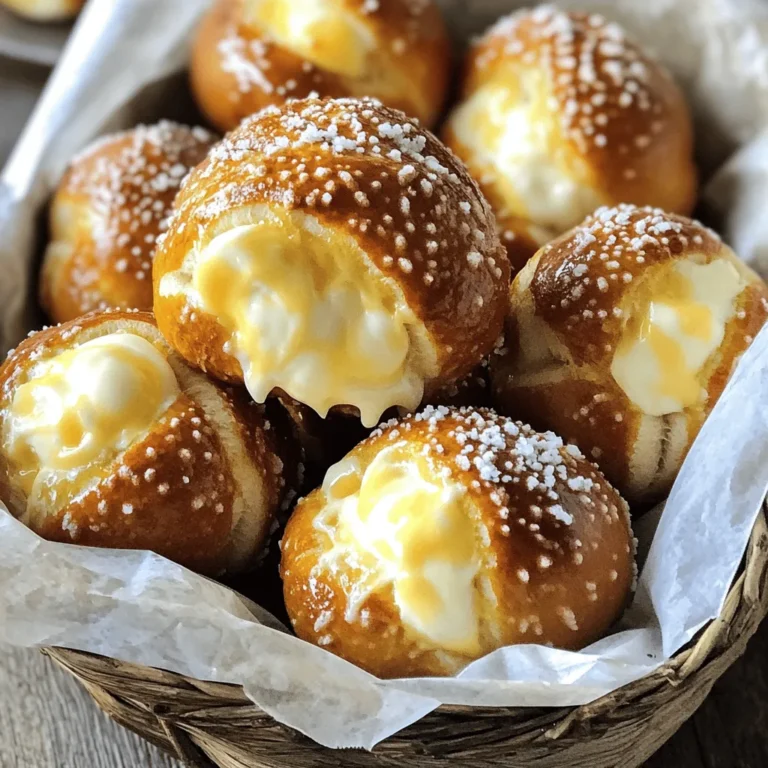 To make triple cheese stuffed pretzel bites, gather these key ingredients: - 1 ½ cups warm water (110°F - 115°F) - 2 tablespoons granulated sugar - 1 packet (2 ¼ teaspoons) active dry yeast - 4 cups all-purpose flour - 1 teaspoon salt - ½ teaspoon baking soda - ½ cup shredded mozzarella cheese - ½ cup shredded cheddar cheese - ½ cup cream cheese, softened - 1 egg, beaten (for egg wash) - Coarse sea salt (for topping) These ingredients come together to create soft and cheesy bites that are hard to resist. You can spice up your pretzel bites with these optional add-ins: - ½ teaspoon garlic powder - ½ teaspoon dried herbs Adding these will give your pretzel bites extra flavor. Feel free to mix and match based on your taste. Here are some tools you will need to make your pretzel bites: - Large mixing bowl - Parchment paper - Slotted spoon - Rolling pin - Baking sheet Having these tools ready will make the process smooth and fun. Enjoy the journey as you create these tasty snacks! For the full recipe, check the link above. To start, I mix warm water, granulated sugar, and yeast in a bowl. This mixture should sit for about 5 minutes. You want it to become frothy. This froth shows the yeast is alive and ready to help the dough rise. It is a crucial step for good pretzel bites. After activating the yeast, I add all-purpose flour and salt. I mix until a dough forms, and then I knead it on a floured surface for 5 to 7 minutes. The dough should feel smooth and elastic. This kneading helps develop gluten, making the bites chewy. I then place the dough in a greased bowl, cover it, and let it rise for about 1 hour in a warm spot. It should double in size during this time. Once the dough has risen, I punch it down and divide it into 16 pieces. I flatten each piece into a small disk. Then, I put about 1 tablespoon of the cheese filling in the center of each disk. This filling is made with mozzarella, cheddar, and cream cheese. After that, I fold the dough around the filling, sealing it tightly, and roll it into a ball. This step is key to keeping the cheese inside while baking. Next, I prepare a baking soda bath. I bring 10 cups of water to a gentle boil and add baking soda. I carefully drop in 4 or 5 pretzel bites at a time and boil them for 30 seconds. This step gives the bites their classic pretzel flavor and chewy texture. After boiling, I remove them with a slotted spoon and place them on a parchment-lined baking sheet. Then, I brush each pretzel bite with a beaten egg and sprinkle coarse sea salt on top. This makes them shiny and adds a nice flavor. I bake them at 425°F (220°C) for about 12 to 15 minutes. They should turn golden brown and smell amazing. Once they cool for a few minutes, I enjoy them warm. For the full recipe, check out the details above! To get the best rise for your pretzel bites, warm is key. Use water that's 110°F to 115°F. This temperature helps the yeast activate well. After mixing, let the dough sit in a warm spot. A draft-free area works best. Cover it with a damp cloth to keep moisture in. This makes the dough double in size, which is what you want. For a creamy filling, mix the mozzarella, cheddar, and cream cheese until smooth. These cheeses blend well together. You can add garlic powder or dried herbs for extra taste. This is optional but makes the filling more flavorful. Make sure to seal the dough tightly around the filling. This keeps the cheese inside as it cooks. An egg wash gives your pretzel bites a shiny, golden finish. Use a beaten egg before baking. Brush it on top of each bite for that perfect look. Don't skip this step! The egg wash also helps the coarse sea salt stick. If you want, you can sprinkle on some extra herbs after applying the egg wash. This adds a nice touch to the final look. For the full recipe, check out the details above. Enjoy making these tasty treats! {{image_2}} You can change the cheese in these bites for fun. For a sharper taste, try gouda or pepper jack. For a creamier mix, use ricotta or goat cheese. Mixing different cheeses gives you new flavors. Just remember to keep the amounts the same. You can still use the full recipe for guidance. Spice things up by adding herbs or spices to the cheese mix. Dried oregano or basil works nicely. You can also add a pinch of crushed red pepper for heat. For a smoky flavor, try using smoked cheese. These little changes can take your pretzel bites to a new level. If you need a gluten-free snack, you can switch the flour. Use a gluten-free flour blend. Make sure it has a binding agent like xanthan gum. This will help the dough hold together. You can follow the same steps in the full recipe, but keep an eye on the texture. Enjoying this snack is possible for everyone! After enjoying your triple cheese stuffed pretzel bites, store any leftovers in an airtight container. Keep them at room temperature for up to two days. If you want to keep them longer, place them in the fridge. They will stay fresh for about a week this way. To prevent sogginess, do not wrap them tightly in plastic. When you’re ready to eat the leftovers, you can easily reheat them. Preheat your oven to 350°F (175°C). Place the pretzel bites on a baking sheet and warm them for about 5 to 7 minutes. This method keeps them soft and tasty. You can also microwave them for 20-30 seconds, but they may lose some crunch. If you want to save some pretzel bites for a later date, freezing is a great option. First, let them cool completely. Then, place the bites on a baking sheet and freeze them until firm. Once frozen, transfer them to a freezer bag or container. They can last for up to three months in the freezer. To reheat, just bake them from frozen at 350°F (175°C) for about 10-12 minutes. You can enjoy your homemade snacks anytime! For the full recipe, check out the section above. To make the pretzel dough rise faster, find a warm spot in your kitchen. You can turn on your oven for a few minutes, then turn it off. Place the dough in the oven with the door closed. The warm air will help the dough rise. You can also cover the bowl with a damp cloth. This keeps the dough moist and helps it rise quicker. Yes, you can use different types of cheese! Feel free to get creative. Try using pepper jack for a spicy kick. Gouda or fontina can add a rich flavor. Just remember to keep the total amount of cheese the same. This way, the filling remains the right texture. You can find prepared triple cheese stuffed pretzel bites at many grocery stores. Look in the frozen food aisle or the snack section. Some local bakeries may also sell them fresh. If you prefer, you can order them online from food delivery services. For the best taste, I recommend making them at home using the full recipe. You learned about making tasty stuffed pretzel bites. We explored key ingredients, tools, and steps. I shared tips to perfect the rise and filling. Plus, I provided fun variations and storage ideas. Try different cheese mixes and flavors to find your favorite. These bites bring joy and flavor. Follow my steps and you’ll create a treat loved by all. Enjoy your cooking!