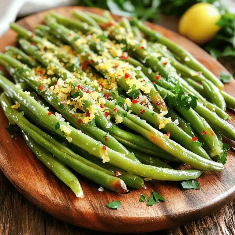To make Parmesan roasted green beans, you need: - 1 pound fresh green beans, trimmed - 2 tablespoons olive oil - 1 teaspoon garlic powder - 1 teaspoon lemon zest - ½ teaspoon red pepper flakes (adjust to taste) - Salt and pepper to taste - ½ cup grated Parmesan cheese - 2 tablespoons fresh parsley, chopped (for garnish) Fresh green beans have a crisp texture and bright flavor. They cook evenly and stay vibrant. I prefer them for this recipe. Frozen green beans can work in a pinch. They often lose some crunch and flavor during freezing. If you use frozen beans, thaw them first. Pat them dry to avoid sogginess. If you need a substitute for Parmesan cheese, try Pecorino Romano. It has a strong flavor and works well. Nutritional yeast is a great vegan option. It adds a cheesy taste without dairy. You can also use a mix of other hard cheeses like Grana Padano or aged Gouda. These cheeses offer different flavors and textures, making your dish unique. For the full recipe, check [Full Recipe]. First, gather your ingredients. You need fresh green beans, olive oil, garlic powder, lemon zest, red pepper flakes, salt, pepper, and Parmesan cheese. Trim the green beans to remove the tough ends. This makes them easier to eat and cook evenly. Next, preheat your oven to 425°F (220°C). This high heat helps the green beans roast perfectly. Line a large baking sheet with parchment paper. This keeps the pan clean and helps with crispiness. In a large bowl, add the green beans, olive oil, garlic powder, lemon zest, red pepper flakes, salt, and pepper. Toss everything together. Make sure all the green beans get coated well. This step is key for flavor. Spread the seasoned green beans onto the prepared baking sheet in a single layer. This allows for even roasting. Place the baking sheet in the preheated oven. Roast the green beans for 15 minutes. After 15 minutes, take the baking sheet out. Sprinkle the grated Parmesan cheese over the beans. This adds a rich flavor. Return the baking sheet to the oven. Roast for an additional 5 to 7 minutes. You want the cheese to turn golden and the green beans to be tender and slightly crispy. The total cooking time is about 20 to 22 minutes. Keep an eye on the cheese. You want it melted but not burnt. Once done, take the baking sheet out and let the beans cool for a moment. Transfer them to a serving platter and garnish with fresh parsley. Enjoy your zesty Parmesan roasted green beans! For the full recipe, check out the details above. To get crispy green beans, start by using fresh beans. Trim the ends for even cooking. Toss the beans in olive oil to coat them well. Place them in a single layer on the baking sheet. This helps hot air circulate and crisp them up. Roast at 425°F for 15 minutes. Then, add Parmesan and roast for 5-7 more minutes. Keep an eye on the cheese; it should turn golden. For more flavor, add lemon zest. It brightens the dish and pairs well with green beans. Garlic powder adds a nice touch, too. If you want heat, adjust the red pepper flakes to your taste. Fresh herbs like parsley add color and freshness as a garnish. You can also try mixing in a bit of balsamic vinegar before roasting for a tangy twist. One common mistake is overcrowding the baking sheet. If the beans overlap, they won't crisp up. Another mistake is not preheating the oven. A hot oven cooks the beans evenly and gives a nice roast. Also, be careful not to burn the cheese. Keep checking after adding it, as it can go from golden to burnt quite fast. Follow these tips for the best zesty Parmesan roasted green beans! {{image_2}} You can switch the Parmesan for other cheeses. Try using Pecorino Romano for a sharper kick. Grated mozzarella gives a creamy texture. You can add spices to change the flavor. For a smoky taste, try smoked paprika. If you love herbs, toss in thyme or oregano for a fresh taste. You can make this dish vegan by skipping the cheese. Use nutritional yeast instead for a cheesy flavor. It adds a nice twist without dairy. For the full recipe, check out Zesty Parmesan Roasted Green Beans. To keep your Parmesan roasted green beans fresh, place them in an airtight container. Make sure they cool down first. Store them in the fridge for up to three days. If you want to keep them longer, freezing is your best option. Remember, the fresher they are, the better they taste! Reheat your green beans in the oven for the best results. Preheat your oven to 350°F (175°C). Spread the leftovers on a baking sheet. Heat them for about 10 minutes or until they are warm. You can also use the microwave. Just heat them in short bursts, stirring in between. This way, they won’t get soggy. Freezing these green beans is simple. First, let them cool completely. Then, place them in a freezer-safe bag or container. Remove as much air as possible to avoid freezer burn. They can last up to three months in the freezer. When you’re ready to eat, thaw them in the fridge overnight. Reheat them as mentioned above before serving. Enjoy your zesty Parmesan roasted green beans even later! For the full recipe, check out the details above. Yes, you can. Many veggies work well. Try broccoli, asparagus, or Brussels sprouts. Just keep the cooking time in mind. Each vegetable may need a different time to roast. Cut them to a similar size as green beans. This helps them cook evenly. To reduce spice, cut back on the red pepper flakes. You can use just a pinch. If you want more flavor without heat, add lemon zest or garlic powder. These will keep the dish tasty without the spice kick. You can also skip the flakes entirely. These green beans are great as a side dish. They pair well with grilled chicken, fish, or steak. You can also add them to a salad for extra crunch. For a full meal, serve them with quinoa or rice. They add color and flavor to any plate. Check out the Full Recipe for more tips! Parmesan Roasted Green Beans are easy and fun to make. We covered the best ingredients, tips, and cooking methods. I shared how to achieve a crispy texture and suggested fun variations. Remember, you can always adjust flavors and ingredients to fit your taste. Whether you go fresh or frozen, this dish can shine on any table. Enjoy your cooking and experiment with these tasty ideas!