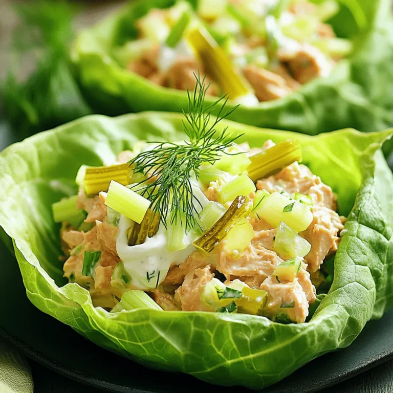 - 1 can (5 oz) tuna, drained - 3 tablespoons dill pickle relish - 1 tablespoon mayonnaise - 1 tablespoon Greek yogurt - 1 teaspoon Dijon mustard - 1 celery stalk, finely chopped - 1 green onion, sliced - Salt and pepper to taste In the heart of this recipe is canned tuna. It gives you a tasty protein base. I love using tuna packed in water for a lighter option. Next, we add dill pickle relish. This brings a tangy crunch that wakes up the dish. Mayonnaise and Greek yogurt come together to create a creamy texture. If you want a lighter feel, you can adjust the mayo and yogurt mix. Chop one celery stalk finely. This adds a nice crunch. The green onion offers a fresh bite. Don’t skip the salt and pepper! They enhance all the flavors. - 8 large lettuce leaves (such as butter or romaine) - Other leafy greens For wrapping, I enjoy using butter lettuce. It’s soft, and easy to fold. Romaine is another great choice. It holds up well and adds crunch. You can also try other leafy greens like Swiss chard or collard greens if you want something different. - Fresh dill - Additional toppings (avocado, tomatoes) To make this dish even better, top your wraps with fresh dill. It adds an herbaceous note that pairs well with the tuna. You can also add avocado for creaminess or sliced tomatoes for a juicy bite. These extras brighten the dish and make it more filling. For the full recipe, check out Pickle Tuna Salad Lettuce Wraps. Enjoy this fresh and tasty meal! To start, gather your main ingredients. In a medium mixing bowl, combine: - 1 can (5 oz) tuna, drained - 3 tablespoons dill pickle relish - 1 tablespoon mayonnaise - 1 tablespoon Greek yogurt - 1 teaspoon Dijon mustard Mix these until they blend well. The tuna needs to be creamy and smooth. Next, it's time to add some crunch. Chop one celery stalk finely and slice one green onion. Add these to the bowl. Stir well so every bite has the nice crunch of veggies. Now, season your mixture. Add salt and pepper to taste. If you want it tangy, add more relish or mustard. You can always adjust the flavors to fit your taste. Now we get to the fun part: making the wraps. Choose large lettuce leaves, like butter or romaine. Take one leaf and lay it flat on your plate. Spoon about 2-3 tablespoons of the tuna salad in the center. This is where it gets interesting. Fold the lettuce leaf around the salad. It should look like a little package. Repeat this for all the leaves and the salad mixture. If you want, you can add fresh dill on top for a burst of flavor. It makes the wraps look pretty too! For presentation, I like to arrange the wraps on a colorful plate. You can add some sliced tomatoes or cucumber on the side. This makes the meal pop with color. Pair these wraps with a light salad or some crunchy veggies. They are great with a cool drink, like iced tea or lemonade. Enjoy your meal with family and friends! For the complete recipe, check out the Full Recipe section. To make your tuna salad taste just right, start with the tartness. If you want more zing, add extra dill pickle relish. You can also swap in some lemon juice for a fresh twist. For creaminess, increase the mayonnaise or Greek yogurt. Each change can shift the flavor, so taste as you go and adjust as needed. Experiment with seasonings to find your favorite mix. Try adding garlic powder or a dash of hot sauce for heat. Fresh herbs like dill or parsley can also brighten the dish. Mixing in different spices lets you create a unique flavor each time. Making the tuna salad in advance saves time. You can mix it up to two days before serving. This gives the flavors time to meld. Just keep it in the fridge in a tightly sealed container. When it comes to storage, keep the lettuce leaves separate. This helps them stay crisp until you’re ready to eat. Store the tuna salad in one container and the lettuce in another. After enjoying your wraps, you may have some leftover components. To keep everything fresh, store them separately. Place the leftover tuna salad in an airtight container. For the lettuce, wrap it in a damp paper towel and place it in a bag. This helps it stay crunchy. When you’re ready for a snack, just assemble a fresh wrap. Enjoy your meal anytime with these easy storage tips! {{image_2}} You can switch up your tuna salad in fun ways. Try using chicken instead of tuna. It gives a nice twist. If you want a plant-based option, chickpeas work well too. Just mash them gently. You can also play with flavors. Add spices like garlic powder or paprika. Fresh herbs like parsley or cilantro add brightness. The key is to taste as you go. Make sure it’s just how you like it. Lettuce is great, but you can wrap your salad in other greens too. Collard greens make sturdy wraps. They add a bit of a crunch. If you want something lighter, try cucumber boats. Just slice a cucumber in half and scoop out the seeds. Fill them with the tuna salad. It’s refreshing and low-carb, perfect for a hot day. If you follow a vegan or vegetarian diet, you can still enjoy this dish. Use chickpeas or tofu instead of tuna. For the creamy element, swap mayonnaise with avocado or a vegan spread. This gives a rich texture without dairy. If you need gluten-free options, just check labels on your ingredients. Most of them are naturally gluten-free. Always read to make sure. Each variation lets you enjoy the dish while fitting your needs. For the full recipe, check the details above. To keep your pickle tuna salad fresh, use an airtight container. Glass or plastic containers both work well. Make sure the lid seals tightly. This helps prevent any odors from your fridge from getting in. You can store it in the fridge for up to three days. Always check for any off smells or changes in texture before eating leftovers. When you make your lettuce wraps, store the ingredients separately. This keeps the lettuce crisp and fresh. Wraps can get soggy if you store them together. Keep the tuna salad in one container and the lettuce in another. Use it within a day for the best taste. If you have leftover assembled wraps, eat them within a few hours. You usually eat tuna salad cold, so reheating may not apply. If you want to warm it up, use the microwave. Heat it for about 15-20 seconds. Stir it well and check the temperature. Avoid overheating, as it can dry out the salad. For wrap freshness, always eat them cold. Adding cold tuna salad to fresh lettuce keeps it refreshing. Yes, you can use fresh tuna. Start by cooking it. You can grill, bake, or pan-sear it until it is just cooked through. Make sure to let it cool before mixing it into the salad. Chop it into small pieces for the best texture. Fresh tuna adds a nice flavor, but canned tuna is easier and quicker to use. The tuna salad lasts about three to four days in the fridge. Store it in an airtight container to keep it fresh. If you notice any off smells or changes in texture, it’s best to throw it away. Always check the salad before eating it after a few days. You can serve these wraps with many sides. Consider crunchy carrot sticks or cucumber slices for a fresh bite. Potato chips or a simple green salad also pair well. For a heartier meal, try serving it with quinoa or brown rice. These sides add more texture and flavor to your meal. Yes, this recipe is great for meal prep. You can make the tuna salad ahead of time and store it in the fridge. Just prepare the lettuce wraps when you are ready to eat. This keeps the lettuce crisp and fresh. Store the wraps separately from the salad to avoid sogginess. In this article, we explored how to make delicious pickle tuna salad wraps. We discussed key ingredients like canned tuna, dill pickle relish, and the best types of lettuce for wrapping. You learned step-by-step instructions for preparing the salad and assembling the wraps. Tips for enhancing flavor and managing leftovers were also provided. Pickle tuna salad wraps are tasty, easy to make, and great for meal prep. Try it out and enjoy a fresh, healthy meal!