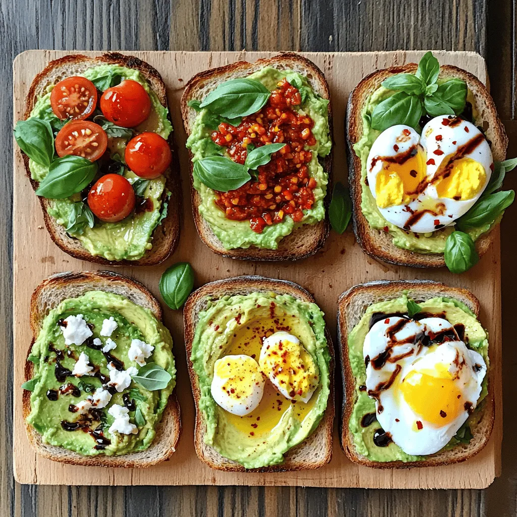 - 2 ripe avocados - 4 slices of whole grain bread - 1 lemon, juiced - Salt and pepper to taste - 2 ripe avocados - 4 slices of whole grain bread - 1 lemon, juiced - Salt and pepper to taste - 1 small clove of garlic, minced - 1 teaspoon chili flakes - 2 ripe avocados - 4 slices of whole grain bread - 1 lemon, juiced - Salt and pepper to taste - 1/2 cup cherry tomatoes, halved - 1/4 cup feta cheese, crumbled - 2 tablespoons balsamic glaze - Fresh basil leaves for garnish - Red pepper hummus (for one variation) - Poached egg (for another variation) - Toasted pumpkin seeds (for another variation) These ingredients make avocado toast fun and tasty. You can mix and match to find your favorite. For the full recipe, check the full recipe section. Enjoy creating your own tasty versions! 1. Prep the Avocados: Cut the avocados in half. Remove the pits and scoop the flesh into a bowl. Add lemon juice, salt, and pepper. Mash with a fork until smooth or chunky, depending on your choice. 2. Toast the Bread: Toast the slices of whole grain bread until golden brown and crispy. You can use a toaster or griddle. 3. Assemble: Spread the mashed avocado on each slice of bread. This is your classic avocado toast. 1. Prep the Avocados: Use the same method as before to mash your avocados. 2. Toast the Bread: Toast the whole grain bread until crispy and golden. 3. Add Spice: Spread the mashed avocado on the bread. Sprinkle chili flakes on top. This adds a nice heat. 4. Finish: Garnish with a few fresh basil leaves for a burst of flavor. 1. Prep the Avocados: Mash the avocados as you did before. 2. Toast the Bread: Toast your whole grain bread slices until they are just right. 3. Choose Your Toppings: You can create three tasty options: - Mediterranean Delight: Spread avocado on two slices. Top with halved cherry tomatoes, crumbled feta cheese, and a drizzle of balsamic glaze. Add chili flakes for extra flavor. - Hummus Heaven: Spread red pepper hummus on two slices. Add the mashed avocado, then sprinkle with toasted pumpkin seeds and paprika. - Egg-Centric Dream: Spread avocado on two slices. Top each with a poached egg. Garnish with fresh basil leaves, salt, and chili flakes. 4. Serve: Arrange your three toasts on a platter. Feel free to add more toppings or spices to make them pop. This simple guide allows you to create delicious avocado toast three ways using the full recipe provided. Enjoy your time in the kitchen! To pick the best avocados, feel the skin. It should be slightly soft but not mushy. Check for dark green or black skin. If it’s too hard, it’s not ripe yet. You can also look for avocados with a small stem. If it comes off easily, the avocado is ripe. If you want to eat it later, choose one that feels firmer. Let it ripen at home for a few days. For great toast, start with whole grain bread. Slice the bread thick enough to hold toppings. Use a toaster, pan, or griddle to toast it. Toast until golden brown and crispy. This will help the toast hold the creamy avocado well. If you want extra flavor, brush the bread with olive oil before toasting. This also gives a nice crunch. Garnishing makes avocado toast fun! Use fresh herbs like basil or cilantro. They add color and taste. You can also sprinkle chili flakes for a spicy kick. Crumbled feta cheese gives a salty, creamy touch. For a sweet twist, drizzle balsamic glaze on top. Cherry tomatoes add freshness and color. Try a poached egg for protein and richness. For more ideas, check the Full Recipe and explore different toppings to suit your taste! {{image_2}} You can switch up your avocado toast with many toppings. Here are some of my favorites: - Sliced radishes add a nice crunch and peppery flavor. - Smoked salmon brings a rich taste that pairs well with avocado. - Sliced bananas with honey can make a sweet breakfast option. - Sriracha or hot sauce gives your toast a spicy kick. - Nuts and seeds, like almonds or sunflower seeds, add protein and crunch. Feel free to mix and match these toppings to create your perfect bite. The type of bread you use can change your avocado toast game. Here are some great choices: - Whole grain bread offers fiber and nutrients. - Sourdough has a tangy flavor and chewy crust. - Rye bread gives a hearty taste that works well with avocado. - Gluten-free bread is a good option for those with gluten allergies. - Bagels make a fun twist on classic avocado toast. Experiment with different breads to find your favorite base. You can easily tailor your avocado toast for different diets: - For vegan options, skip the eggs and cheese. Use hummus or nutritional yeast instead. - If you need low-carb choices, try using lettuce wraps instead of bread. - For paleo diets, choose almond or coconut flour bread. - To make it keto-friendly, keep the toppings low in carbs. Use cheese and seeds. With these ideas, you can create a meal that fits your needs. Check out the Full Recipe for more inspiration! Storing leftover avocado toast can be tricky. The bread can get soggy fast. If you have some left, place it in an airtight container. Keep it in the fridge. For best taste, eat it within one day. If the toast is dry, use it as a base for a new dish later. To keep your ingredients fresh, store them separately. Place the mashed avocado in a bowl. Cover it tightly with plastic wrap or a lid. This helps reduce air exposure. Store the bread in a cool, dry place. Keep it in a bread bag or container. You want to avoid moisture to prevent mold. To prevent avocado from turning brown, use lemon juice. The acid from lemon slows the browning process. If you have leftover mashed avocado, mix in a bit of lemon juice. Cover it well to keep it fresh. You can also place the avocado pit in the bowl. This can help keep the avocado from browning too fast. For more tips on how to make the most of your avocado toast, check out the Full Recipe. I love using whole grain bread for avocado toast. It has a nice flavor and great texture. Sourdough is another good choice. Its tanginess pairs well with creamy avocado. You can also try rye or multigrain bread for a different taste. The key is to pick a bread that toasts well and holds toppings without getting soggy. Making avocado toast vegan is simple! Start with your favorite bread, like whole grain or sourdough. Instead of using dairy toppings, skip them or use plant-based options. For example, you can add a layer of red pepper hummus on your toast. It adds flavor and creaminess without any animal products. You can also top your toast with seeds or nuts for crunch. Yes, you can use frozen avocados! They are great for quick meals. Just thaw them before using. You might find them a bit softer, so be gentle when mashing. Frozen avocados can be just as tasty as fresh ones. They save time and reduce waste. If you want to try a fun twist, look for frozen avocado puree, which is ready to use! For full details on making avocado toast, check the Full Recipe. Avocado toast is simple but very tasty. We covered classic and spicy options along with various toppings. You now know how to select avocados and toast bread just right. Remember to customize your toast with different toppings and breads to fit your diet. Store leftovers carefully to keep them fresh. Enjoy making your avocado toast unique, delicious, and healthy. Keep exploring new flavors, and have fun in the kitchen!