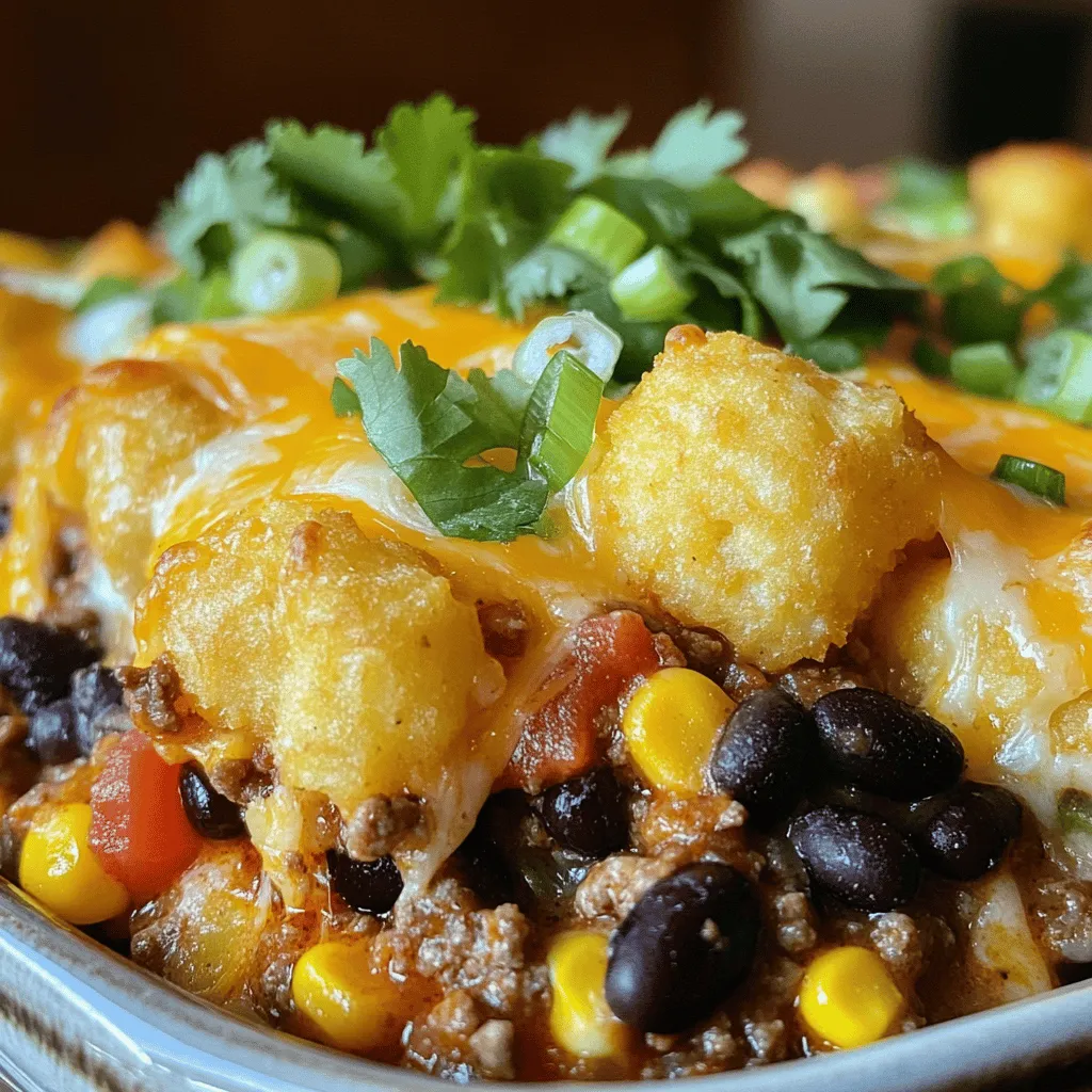 To make a delicious Slow Cooker Cowboy Casserole, you need a few simple ingredients. Each one adds flavor and texture to this hearty dish. - 1 pound ground beef - 1 onion, diced - 2 cloves garlic, minced - 1 can (15 oz) black beans, rinsed and drained - 1 can (15 oz) corn, drained - 1 can (10 oz) diced tomatoes with green chilies - 1 cup frozen mixed bell peppers - 1 tablespoon chili powder - 1 teaspoon cumin - 1 teaspoon paprika - Salt and pepper to taste - 2 cups shredded cheddar cheese - 2 cups tater tots These ingredients combine to create a warm and comforting meal. The ground beef provides protein, while the beans and corn add fiber and nutrients. The spices bring a bold kick of flavor that makes this dish stand out. I love how the cheese melts on top, making every bite gooey and satisfying. You can get creative with these ingredients, too! Feel free to swap beans or veggies based on what you have. This dish is all about making it your own. For the full recipe, check out the earlier section. To start, heat a skillet over medium heat. Add the ground beef, diced onion, and minced garlic. Cook until the beef is brown and no longer pink. This step builds a strong flavor base. After cooking, drain any excess fat from the beef. This makes the dish lighter and healthier. Now it’s time to mix! In your slow cooker, combine the beef mixture with black beans, corn, diced tomatoes, and frozen bell peppers. Add your spices: chili powder, cumin, and paprika. Don’t forget to season with salt and pepper. Stir everything well for even flavor throughout. This ensures each bite is packed with taste. You have two cooking options. You can set your slow cooker to low for about 6 hours or high for 3 hours. Choose the option that fits your day best. About 15 minutes before serving, sprinkle shredded cheddar cheese on top. This step is key for a creamy finish. Cover and let it melt before serving for a delicious topping. For the Full Recipe, refer to the section above. Enjoy your cooking journey! To make a great Slow Cooker Cowboy Casserole, avoid soggy tater tots. To do this, layer the tater tots on top of the dish just before serving. This keeps them crispy and adds a nice texture. You can also try using a brand known for extra crispy tots. Enhancing flavors with seasoning adjustments can take your dish to the next level. Taste your mixture before adding the tater tots. If you want more spice, add extra chili powder or cumin. A splash of hot sauce can also bring more heat if you like it spicy. For a beautiful presentation, serve the casserole in bowls. Top each serving with fresh cilantro or green onions. This adds color and freshness to your dish. A dollop of sour cream or some avocado slices on the side enhances the flavors and looks great too. Pairing ideas can make this meal even better. Try serving it with a simple green salad. A cool, crisp salad balances the warm casserole. You could also enjoy it with some cornbread or tortilla chips for extra crunch. {{image_2}} You can change some ingredients in this dish to suit your taste. For instance, if you want a leaner option, try using ground turkey or chicken instead of beef. This swap still keeps the dish hearty while lowering the fat content. You can also switch the black beans with kidney beans or pinto beans. Both options add a nice twist and bring their own flavor. Feel free to mix and match until you find your favorite combination. If you need a gluten-free option, look for gluten-free tater tots. Many brands offer them, making it easy to enjoy this meal without worry. Just check the labels to be sure. For those who follow a vegan diet, you can replace the ground beef with plant-based protein. Options like lentils or tofu work well. Also, use dairy-free cheese to keep it fully vegan. This way, everyone can enjoy the slow cooker cowboy casserole, no matter their dietary needs. To store leftover cowboy casserole, let it cool first. Place it in an airtight container. This will help keep it fresh. You can store it in the fridge for up to four days. I recommend using glass or plastic containers with tight lids. They do a great job of keeping moisture in and air out. You can also use freezer bags if you want to save space. If you want to freeze portions, follow these steps: 1. Allow the casserole to cool completely. 2. Divide it into single servings or family-sized portions. 3. Place them in freezer-safe containers or bags. Make sure to remove as much air as possible. 4. Label each container with the date and contents. To thaw, place the frozen casserole in the fridge overnight. For quicker results, you can use the microwave. Heat it on low power, checking every few minutes. This way, you get the best quality when you reheat. Enjoy your delicious meal! Yes, you can prep this dish in advance. Cook the beef, onion, and garlic, then cool it. Store this mixture in the fridge for up to two days. You can also mix the beans, corn, tomatoes, and spices in a separate bowl. Just combine everything in the slow cooker when you're ready to cook. This saves time and makes dinner easy. You have many options for sides. A simple green salad adds freshness. Cornbread pairs well for a hearty meal. You might also enjoy tortilla chips for crunch. For drinks, iced tea or lemonade can be refreshing. These choices bring balance and fun to your meal. Slow cookers vary in heat settings. For a newer model, the low setting usually cooks in about 6 hours. Older models may take longer. If you're in a hurry, use the high setting for about 3 hours. Always check your dish a little early to ensure it cooks well. You can find the detailed Full Recipe above. It has all the steps and tips you need to make this tasty dish! You learned how to make a delicious Slow Cooker Cowboy Casserole. We covered the key ingredients, cooking steps, and helpful tips. You can customize the dish with different proteins and dietary choices. Storing leftovers and meal prep options ensure you get the most from the recipe. Enjoy experimenting with flavors and serving ideas! Making this casserole can be fun and rewarding for you and your loved ones. Let's dig in and create tasty meals together!