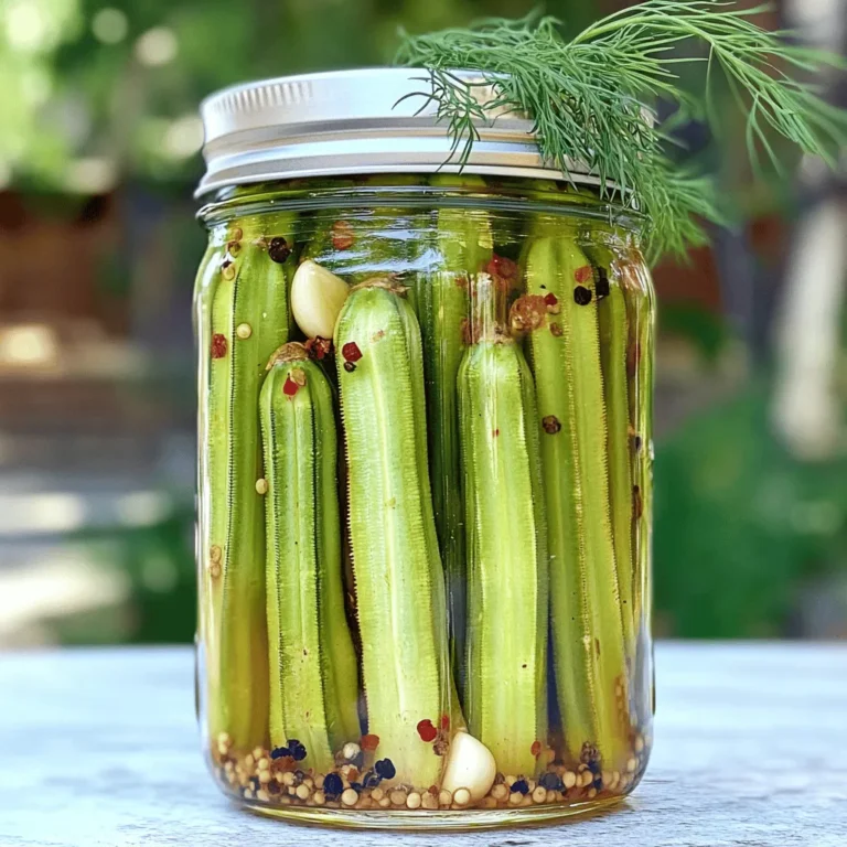 To make the best dill pickled okra, you need fresh okra. Aim for about 1 pound of okra. Make sure the stems are trimmed, and the pods are firm and bright green. You will also need 1 cup of distilled white vinegar and 1 cup of water. The vinegar gives a tangy flavor that is key to pickling. Flavor is what makes your pickled okra stand out. You will need: - 2 tablespoons kosher salt - 2 tablespoons sugar - 4 cloves garlic, smashed - 1 tablespoon dill seeds - 1 tablespoon black peppercorns - 1 teaspoon red pepper flakes (optional) - 2 sprigs fresh dill These flavors blend perfectly to create a delicious balance. You will need a few tools to make this recipe easy: - 1 quart-sized jar with a lid - A saucepan for the brine - A clean cloth to wipe the jar rim - A cutting board and knife for prepping the okra This simple setup helps streamline the process, so you can enjoy your pickling adventure! For the full recipe, check out the detailed steps in the next section. First, rinse the fresh okra under cold water. This step cleans off any dirt. After that, trim the stem ends. Be careful not to cut into the pods. Once you have trimmed the okra, set it aside. This prep is key for a good pickle. Next, we make the pickling brine. In a saucepan, combine the distilled white vinegar, water, kosher salt, and sugar. Stir these ingredients well. Heat the mixture over medium-high heat until it boils. Keep stirring until the salt and sugar dissolve. Once dissolved, remove the pan from heat. Let the brine cool slightly. This brine will give the okra its great flavor. Now it’s time to pack the jar. Start with a clean, sterilized quart jar. Place the smashed garlic, dill seeds, black peppercorns, and red pepper flakes at the bottom. If you enjoy some heat, add the red pepper flakes. Then, carefully pack the okra upright in the jar. Pour the warm brine over the okra. Make sure the pods are fully submerged. Leave about half an inch of space at the top of the jar. Wipe the rim with a clean cloth to remove any residue. Seal the jar tightly with the lid. Let it cool to room temperature. This step is essential for the pickling process. For the full recipe, check the Dill Pickled Okra section. When choosing fresh okra, look for firm pods. They should be bright green and smooth. Avoid any that are dull or have dark spots. Smaller pods are usually more tender. Larger ones can be tough and less enjoyable. Always buy okra from reliable sources, like local farms or farmers' markets. To change the taste of your pickled okra, adjust the salt and sugar. If you want a saltier pickle, add more kosher salt. You can add a teaspoon at a time to test the flavor. For a sweeter taste, increase the sugar. Start with one extra tablespoon and taste as you go. Keep in mind that too much sugar can mask the unique flavor of okra. You can make your pickled okra even better. Try adding spices like mustard seeds or coriander seeds for extra flavor. You might also enjoy adding sliced jalapeños for a spicy kick. If you love garlic, add more smashed cloves for a bolder taste. Fresh herbs like thyme or basil can also bring new flavors to your pickling brine. With a few tweaks, you can make this recipe your own and enjoy new tastes. For the full recipe, check the details above. {{image_2}} To make spicy dill pickled okra, add more heat. Start with the basic recipe. Use the same ingredients but add more red pepper flakes. You can also include sliced jalapeños for a kick. The heat level depends on your taste, so adjust as needed. This spicy version adds a fun twist. Pair it with sandwiches or enjoy it as a snack. For a sweet and spicy version, mix sweet and heat. Use the basic recipe but add more sugar. Try using a mix of sugar and honey for extra flavor. You can also add sliced bell peppers for a sweet crunch. This version is great for those who love a balance of flavors. It pairs well with barbecue dishes or as a unique snack. Want to add more depth? Try herb-infused dill pickled okra. Use the basic recipe and add fresh herbs. Good options include thyme, basil, or even a bit of oregano. Herbs can change the flavor profile and make it special. Just remember to keep the dill as the star. This variation shines in salads or as a gourmet appetizer. For more details and a complete guide, check out the Full Recipe! To store your dill pickled okra, keep the jar in the refrigerator. Make sure the lid is tight to keep out air. Always use clean utensils when taking out okra. This keeps it safe and fresh. Homemade dill pickled okra lasts about 2 to 3 months in the fridge. The flavor gets better as it sits. However, it's best to eat it within the first month for the best taste. Check for these signs of spoilage: - Off smell: If it smells bad, throw it away. - Mold: Any mold on the surface means it's not safe. - Discoloration: If the okra turns dark or mushy, discard it. Following these tips will help you enjoy your dill pickled okra safely. For the full recipe, check out the earlier section. It takes about 48 hours to pickle okra. During this time, the flavors blend well. After two days, the okra will taste great. You can eat it sooner, but longer pickling gives better taste. I do not recommend using frozen okra for pickling. Frozen okra becomes soft after thawing. Fresh okra stays crunchy and firm when pickled. For the best texture, opt for fresh okra. Pickled okra has many health benefits. It is low in calories and rich in fiber. The fiber helps digestion and keeps you full. Okra is also high in vitamins A and C. It may boost your immune system, too. You can find dill pickled okra at many grocery stores. Look in the pickle aisle or near the canned goods. Some farmers' markets sell homemade pickles, too. If you prefer, you can make your own with the full recipe. Yes, you can use other types of vinegar for pickling. Apple cider vinegar gives a fruity taste. Rice vinegar adds a mild flavor. Make sure to choose a vinegar with 5% acidity for safe pickling. This blog post covered everything you need to create delicious dill pickled okra. We discussed the key ingredients and tools, step-by-step instructions, and essential tips. You learned about different pickling variations and how to store your pickled okra correctly. In summary, making dill pickled okra is simple and fun. You now have the knowledge to get started and try new flavors. Enjoy your pickling journey!