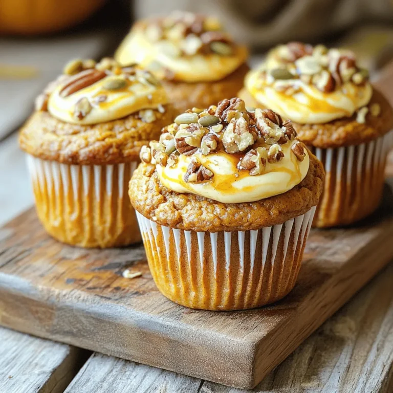 - 1 cup gluten-free all-purpose flour - 1/2 teaspoon baking powder - 1 teaspoon baking soda - 1/2 teaspoon ground cinnamon - 1/4 teaspoon ground nutmeg - 1/4 teaspoon ginger powder - 1/2 teaspoon salt - 1/2 cup brown sugar - 1/4 cup granulated sugar - 1/2 cup unsweetened applesauce - 1 cup canned pumpkin puree - 2 large eggs - 1 teaspoon vanilla extract - 4 oz cream cheese, softened - 2 tablespoons maple syrup (for filling) - Optional: Pumpkin seeds or pecans for topping These ingredients make up the heart of my gluten-free pumpkin cream cheese muffins. Each item plays a key role in the flavor and texture. The gluten-free all-purpose flour gives a soft base. Baking powder and soda help the muffins rise. The spices like cinnamon and nutmeg add warmth. The sugars sweeten the muffins, while applesauce and pumpkin provide moisture. Adding cream cheese creates a tasty surprise inside. You can top the muffins with seeds for a crunch. Each muffin has about 150 calories. They contain around 20 grams of carbs, 5 grams of fat, 3 grams of protein, and 1 gram of fiber. This information helps you plan your meals. You can use almond flour or coconut flour as gluten-free options. For a healthier choice, try coconut sugar instead of brown sugar. If you need a dairy-free version, look for vegan cream cheese. These swaps can make the recipe fit your needs while keeping it delicious. To make gluten-free pumpkin cream cheese muffins, start by prepping your ingredients. Gather these items: - 1 cup gluten-free all-purpose flour - 1/2 teaspoon baking powder - 1 teaspoon baking soda - 1/2 teaspoon ground cinnamon - 1/4 teaspoon ground nutmeg - 1/4 teaspoon ginger powder - 1/2 teaspoon salt - 1/2 cup brown sugar - 1/4 cup granulated sugar - 1/2 cup unsweetened applesauce - 1 cup canned pumpkin puree - 2 large eggs - 1 teaspoon vanilla extract - 4 oz cream cheese, softened - 2 tablespoons maple syrup (for filling) - Optional: pumpkin seeds or pecans for topping You will also need some basic equipment: - A muffin tin - Mixing bowls - A whisk - A spatula - Measuring cups and spoons 1. First, preheat your oven to 350°F (175°C). Line your muffin tin with paper liners or grease it. 2. In a large bowl, whisk together the dry ingredients: gluten-free flour, baking powder, baking soda, cinnamon, nutmeg, and salt. Make sure everything is mixed well. 3. In another bowl, mix the wet ingredients: brown sugar, granulated sugar, applesauce, pumpkin puree, eggs, and vanilla extract. Stir until the mixture is smooth. 4. Gradually combine the wet ingredients into the dry ingredients. Stir gently until just combined. Be careful not to overmix the batter. 1. In a small bowl, blend the softened cream cheese and maple syrup until smooth. 2. Fill each muffin cup halfway with the pumpkin batter. Then, add a teaspoon of the cream cheese mixture right in the center. Top with more pumpkin batter until each cup is nearly full. 3. If you want a crunchy topping, sprinkle pumpkin seeds or pecans on top. 4. Bake in the preheated oven for 18-20 minutes. Use a toothpick to check for doneness; it should come out clean. 5. Let the muffins cool in the pan for about 5 minutes. Then, transfer them to a wire rack to cool completely. Enjoy making these muffins with the full recipe! To make the best gluten-free pumpkin cream cheese muffins, follow these tips: - Avoiding overmixing the batter: Mix your ingredients just until combined. Overmixing adds air. This can make your muffins tough instead of soft and fluffy. - Ensuring even baking: Use a muffin tin with uniform cups. This helps each muffin bake evenly. Also, rotate the muffin tin halfway through baking for even heat distribution. Watch out for these common pitfalls: - Using incorrect measurements: Always use a kitchen scale for accuracy. Gluten-free flour can differ in weight, affecting your muffin's texture. - Not cooling the muffins properly: Let your muffins cool in the pan for about five minutes. Then, move them to a wire rack. This keeps them from getting soggy. You can boost the taste and feel of your muffins: - Adding spices or extracts: Try mixing in a little vanilla, nutmeg, or allspice. These add warmth and depth to your muffins. - Playing with sweetness levels: Adjust the sweeteners to suit your taste. For a richer flavor, consider adding a bit of maple syrup or honey. These tips will help you create the perfect batch of gluten-free pumpkin cream cheese muffins. For the full recipe, check out the recipe section. Happy baking! {{image_2}} You can easily change up the flavor of these muffins. One option is to add more spices for an autumn spice version. Mix in some allspice, cloves, or even cardamom. This will give a warm, cozy taste that screams fall. Another fun idea is to make chocolate chip pumpkin muffins. Just fold in some mini chocolate chips before baking. The chocolate and pumpkin flavors blend perfectly, making a treat everyone will love. Want a vegan option? Substitute the eggs with flaxseed meal or applesauce. Use dairy-free cream cheese for the filling. You can make these muffins low-carb or keto-friendly too. Swap out the flour for almond flour and use a sugar substitute. These changes keep the muffins tasty while meeting your diet needs. Toppings can take your muffins to the next level. A crumble topping adds a nice crunch. Mix some gluten-free oats, brown sugar, and butter for this. Drizzle a glaze or frosting on top for a sweet touch. A simple icing made from powdered sugar and almond milk works great. These toppings can make your muffins even more special and fun to eat. You can find the full recipe in the main article to try these variations and make your own perfect muffins! To keep your gluten-free pumpkin cream cheese muffins fresh, let them cool completely. This step is key. Once they cool, wrap each muffin in plastic wrap. This keeps them moist and tasty. Use an airtight container to store them. A glass container works well, too. You can freeze these muffins for later. Place the wrapped muffins in a freezer-safe bag. Make sure to squeeze out any air to avoid freezer burn. When you're ready to enjoy, just take out a muffin. Let it thaw in the fridge overnight. For a quick option, you can use the microwave. Heat it for about 20-30 seconds until warm. These muffins last for about 3 days at room temperature. Keep them in a cool, dry place. If you notice any mold or an odd smell, it's time to toss them. Always trust your senses. Fresh muffins should smell sweet and spicy, just like fall! Yes, you can easily make these muffins dairy-free. For the cream cheese, use a dairy-free cream cheese alternative. Brands like Kite Hill or Tofutti work well. They provide a similar taste and texture without the dairy. To help your gluten-free muffins rise, use fresh gluten-free baking powder. Make sure it is not expired. You can also add a bit of baking soda to boost the rise. Always mix the dry ingredients well to distribute the leavening agents evenly. If you don't have pumpkin puree, you can use applesauce or mashed bananas. Both options add moisture. However, they will change the flavor and texture slightly. Applesauce gives a sweeter taste, while bananas add a hint of fruitiness. Yes, you can double the recipe with ease. When you double it, keep an eye on the baking time. Larger batches might need a few extra minutes. Store any extras in an airtight container or freeze them for later. This blog post shared key steps for making delicious gluten-free pumpkin cream cheese muffins. We covered ingredients, baking tips, and how to store your muffins after baking. You can adjust the recipe for different diets, like vegan or low-carb. Remember, you can play with flavors and toppings to make these muffins your own. Enjoy the process and happy baking!