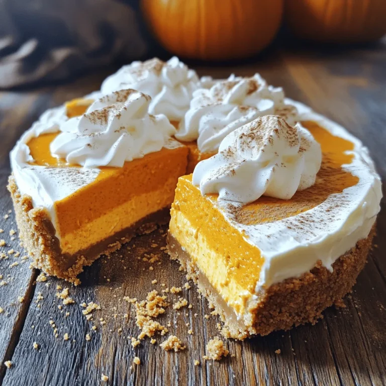To make the best no-bake pumpkin cheesecake, gather these simple ingredients: - 1 ½ cups graham cracker crumbs - ½ cup unsalted butter, melted - 2 cups cream cheese, softened - 1 cup canned pumpkin puree - 1 cup powdered sugar - 1 teaspoon vanilla extract - 1 teaspoon pumpkin pie spice - 1 cup heavy whipping cream If you want to dress it up, consider these toppings: - Whipped cream - Ground cinnamon You will need a few basic tools: - A medium mixing bowl - A large mixing bowl - An electric mixer - A 9-inch springform pan - A spatula These tools help make the process smooth. Having everything ready makes cooking more fun. The ingredient list is easy to follow, and you can find these items at any store. This dish is perfect for fall or any time you crave something sweet! If you want the full recipe, check it out [Full Recipe]. To start, gather your ingredients. You will need graham cracker crumbs and melted butter. In a medium bowl, mix 1 ½ cups of crumbs with ½ cup of melted butter. Stir until the mix looks crumbly. This mix will be your crust. Press it firmly into the bottom of a 9-inch springform pan. Make sure it is even. Once done, place the pan in the fridge to chill. This helps the crust hold together. Next, we make the filling. In a large mixing bowl, add 2 cups of softened cream cheese. Beat it with an electric mixer until smooth. Then, add 1 cup of canned pumpkin puree, 1 cup of powdered sugar, 1 teaspoon of vanilla extract, and 1 teaspoon of pumpkin pie spice. Mix everything until well combined. In another bowl, whip 1 cup of heavy cream until stiff peaks form. Gently fold this whipped cream into your pumpkin mix. Be careful not to deflate it; you want it light and fluffy. Now it’s time to assemble. Take the chilled crust from the fridge. Spoon the pumpkin filling over the crust. Spread it evenly with a spatula. Cover the cheesecake with plastic wrap. Place it back in the fridge for at least 4 to 6 hours, or overnight if you can wait. This helps it set well. When ready, remove the cheesecake from the pan. Top it with whipped cream and a sprinkle of cinnamon for a special touch. Enjoy your delicious no-bake pumpkin cheesecake! For the full recipe, check the earlier section. To get the best texture for your cheesecake, use softened cream cheese. Cold cream cheese makes lumps. Beat it well until it’s smooth. When adding pumpkin puree, mix it in slowly. This helps keep the cream cheese from getting too airy. Gently fold in the whipped cream last. This keeps the filling light and fluffy. Use cold heavy cream for the best results. This helps it whip faster. Beat it until stiff peaks form. It should hold its shape well. Don’t overbeat, or it can turn into butter. If you want sweetened whipped cream, add a bit of powdered sugar while whipping. This adds flavor and sweetness. For a lovely presentation, slice the cheesecake into wedges. Add a dollop of whipped cream on each piece. A sprinkle of cinnamon on top gives it a nice touch. Use a warm knife to cut clean slices. This makes serving easier. You can also decorate the edges of the cheesecake with extra whipped cream. This looks beautiful and inviting. For more ideas, check out the Full Recipe. {{image_2}} You can make this no-bake pumpkin cheesecake gluten-free. Swap graham crackers for gluten-free crumbs. Look for brands that use rice or almond flour. They work well for the crust. Just mix them with melted butter like usual. This keeps the taste and texture great. For a dairy-free version, use vegan cream cheese. Look for brands made from nuts or soy. You can also replace heavy cream with coconut cream. Chill a can of coconut milk overnight. Scoop out the thick part to whip. These swaps keep the cheesecake creamy and tasty without dairy. Feel free to get creative with flavors! You can add chocolate chips or nuts into the filling. A swirl of caramel or peanut butter gives it a fun twist. Try mixing in a bit of maple syrup for extra sweetness. These small changes can really elevate your cheesecake. For the spice lovers, add extra pumpkin pie spice or a hint of nutmeg. Each variation offers something new and exciting. For the full recipe, check the link above. Store leftover cheesecake in the fridge. Use an airtight container to keep it fresh. If you have a springform pan, cover it tightly with plastic wrap. This keeps the cheesecake moist and prevents it from absorbing odors. You can freeze the cheesecake for later. First, let it chill in the fridge. Once set, slice it into portions. Wrap each slice in plastic wrap, then put them in a freezer bag. This helps keep the cheesecake from getting freezer burn. It can last up to three months in the freezer. No need to heat this cheesecake. It tastes great cold. If you want it softer, take it out of the fridge 15 minutes before serving. This makes it easier to slice and adds to the creamy texture. Enjoy each bite of your no-bake pumpkin cheesecake! For the full recipe, check out the recipe section above. Yes, you can use fresh pumpkin. First, cook and puree the pumpkin. Make sure it is smooth and thick. Canned pumpkin is more convenient and often has a richer flavor. If you use fresh, watch for extra moisture. This can change the texture of your cheesecake. No-Bake Pumpkin Cheesecake lasts about 5 to 7 days in the fridge. Keep it in an airtight container to prevent drying out. Make sure to keep it cold. This keeps it fresh and tasty for longer. Yes, you can make this cheesecake ahead of time. It is perfect for gatherings or holidays. Prepare it a day or two in advance. Just remember to chill it properly. The flavors will blend nicely as it sits. For the best taste, serve it cold. Check out the Full Recipe for more details! This guide showed how to make a no-bake pumpkin cheesecake. You learned about the ingredients, steps, tips, and storage. Remember, you can mix flavors and adjust for dietary needs. Enjoy this treat at any gathering or as a simple dessert. It’s easy, tasty, and fun to make. Try it out, and share your creations! You’ll impress friends and family with your skills. Happy baking!