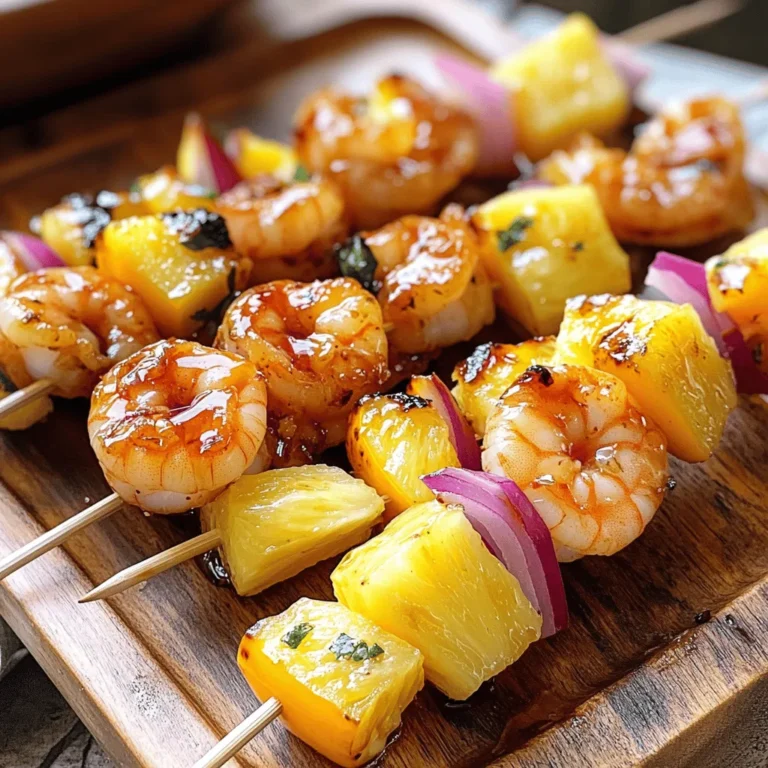 - 1 pound large shrimp, peeled and deveined - 1 cup fresh pineapple, cut into bite-sized chunks - 1 bell pepper (red or yellow), cut into chunks - 1 red onion, cut into chunks - 1 tablespoon olive oil - 2 tablespoons honey - 1 tablespoon soy sauce - 1 teaspoon sriracha (adjust to taste) - 1 teaspoon garlic powder - Salt and pepper to taste - Wooden skewers (soaked in water for 30 minutes) Gathering fresh ingredients is key. I highly recommend using large shrimp. They hold up well on the grill and soak up flavors nicely. Fresh pineapple makes a sweet contrast to the spice. Choose a ripe pineapple for the best taste. The bell pepper adds crunch and color. Red or yellow works great. The red onion gives a nice bite. Together, these ingredients create a balance of sweet and spicy. The marinade is simple but powerful. Olive oil helps keep the shrimp moist. Honey adds sweetness, while soy sauce brings depth. Sriracha adds a kick, so adjust it to your taste. Garlic powder gives a nice savory note. Make sure to soak the wooden skewers. This step prevents burning while grilling. Soaking for 30 minutes is ideal, so plan ahead. This recipe is not only tasty, but it is also healthy. You can enjoy these skewers as a meal or snack. For the full recipe, refer to the detailed instructions provided. To start, gather your ingredients for the marinade. You need olive oil, honey, soy sauce, sriracha, garlic powder, salt, and pepper. In a mixing bowl, whisk these ingredients together. Make sure they blend well. This mix adds flavor to the shrimp. You can adjust the sriracha to make it spicier or milder. Now, it's time to marinate the shrimp. Add the peeled and deveined shrimp to your marinade. Toss them gently to coat each shrimp well. Cover the bowl and place it in the fridge. Let the shrimp marinate for about 30 minutes. This step helps the shrimp absorb all the tasty flavors. While the shrimp marinates, prepare your skewers. If you use wooden skewers, soak them in water for 30 minutes. This will stop them from burning on the grill. Once the shrimp has marinated, take the skewers out. Start by placing a shrimp on the skewer, then add a chunk of pineapple. Follow it with a piece of bell pepper and a piece of red onion. Repeat this pattern until the skewer is full. Preheat your grill to medium-high heat. Once hot, place your skewers on the grill. Cook them for about 2 to 3 minutes on each side. The shrimp should turn pink and opaque. The vegetables become tender and slightly charred. After grilling, drizzle any leftover marinade over the skewers for extra flavor. Enjoy your sweet and spicy pineapple shrimp skewers fresh off the grill! For more details, check out the Full Recipe. Cook the shrimp until they turn pink and opaque. This usually takes about 2-3 minutes per side on the grill. Overcooked shrimp become tough and rubbery. To check doneness, look for a firm texture and a bright color. If you use a meat thermometer, the internal temperature should reach 120°F. When assembling your skewers, alternate shrimp and veggies for even cooking. Start with a piece of shrimp, then add a pineapple chunk, followed by a bell pepper or onion piece. This mix not only looks great but also enhances flavor. Make sure to leave a little space between each piece. This allows heat to circulate and cook everything evenly. For the best flavor, marinate the shrimp for at least 30 minutes. If you have time, marinating for up to 2 hours can deepen the taste. However, avoid marinating shrimp for longer than 2 hours, as the acid in the marinade can start to "cook" the shrimp. This can lead to a mushy texture. Enjoy your sweet and spicy pineapple shrimp skewers with this advice in mind! For the full recipe, check [Full Recipe]. {{image_2}} If you want a twist on the classic shrimp skewers, try using chicken or tofu. Chicken thighs work well; they stay juicy and tender. Cut the chicken into bite-sized pieces, just like the shrimp. Tofu is great for a meat-free option. Use firm or extra-firm tofu, and press it to remove excess water. Marinate it the same way as the shrimp. You can also try fish like salmon or swordfish. Just adjust the cooking time, as fish cooks faster than shrimp. Feel free to mix up the veggies on your skewers! Zucchini, mushrooms, or cherry tomatoes add great flavor and color. You could also use asparagus or even corn on the cob cut into smaller pieces. Just remember to cut all veggies into similar sizes. This ensures they cook evenly. Grilling different vegetables can bring new tastes to your skewers while keeping them colorful and fun. If you like things spicy, add more sriracha to the marinade. You can also use red pepper flakes for extra heat. If you prefer a milder flavor, reduce the sriracha or leave it out entirely. For a sweet touch, add more honey or brown sugar. You can balance the sweetness with lime juice for a zesty kick. Experiment with the spice levels to find your perfect balance. Remember, cooking should be fun and tailored to your taste! For the full recipe, check out Sweet and Spicy Pineapple Shrimp Skewers . To keep your sweet and spicy pineapple shrimp skewers fresh, place them in an airtight container. Make sure to cool them to room temperature first. Store them in the fridge for up to three days. Layer parchment paper between the skewers to avoid sticking. This helps keep the flavors intact. When it’s time to enjoy leftovers, heat them gently. You can use a microwave or a skillet. If using a microwave, cover the skewers loosely with a damp paper towel. Heat for about 1-2 minutes. If you prefer a skillet, warm them over low heat for about 5 minutes. This keeps the shrimp tender and juicy. You can freeze sweet and spicy pineapple shrimp skewers if you want to save them. Wrap them tightly in plastic wrap, then place them in a freezer bag. They can last for up to three months. When you’re ready to eat, thaw them in the fridge overnight. Reheat them as mentioned earlier for the best taste. For the full recipe, check the earlier section. You can tell shrimp is cooked when it turns pink and opaque. This usually takes about 2-3 minutes on each side when grilled. Use a fork to check. If the shrimp curls tightly, it is done. Overcooking makes shrimp tough, so watch closely. Yes, you can use frozen shrimp. Just make sure to thaw them first. Place them in the fridge overnight or run them under cold water for quicker thawing. Pat them dry before marinating to help the flavors stick better. These skewers pair well with many sides. Try serving them with rice or quinoa for a full meal. A fresh salad adds a nice crunch. You can also serve them with grilled veggies or a tangy dipping sauce for extra flavor. You can marinate shrimp for up to 30 minutes. This allows the flavors to soak in without making the shrimp mushy. Marinating for too long can break down the shrimp’s texture. For the best taste, stick to this time frame. For the full recipe, check out the Sweet and Spicy Pineapple Shrimp Skewers section above. This recipe shows you how to make delicious sweet and spicy pineapple shrimp skewers. You learned about the right ingredients, marinade, and cooking methods. I shared tips for the best flavor and texture. You can also explore variations based on your taste. Now, gather your ingredients and enjoy grilling these tasty skewers with family or friends. You’ll impress everyone with this easy, flavorful dish! Happy cooking!