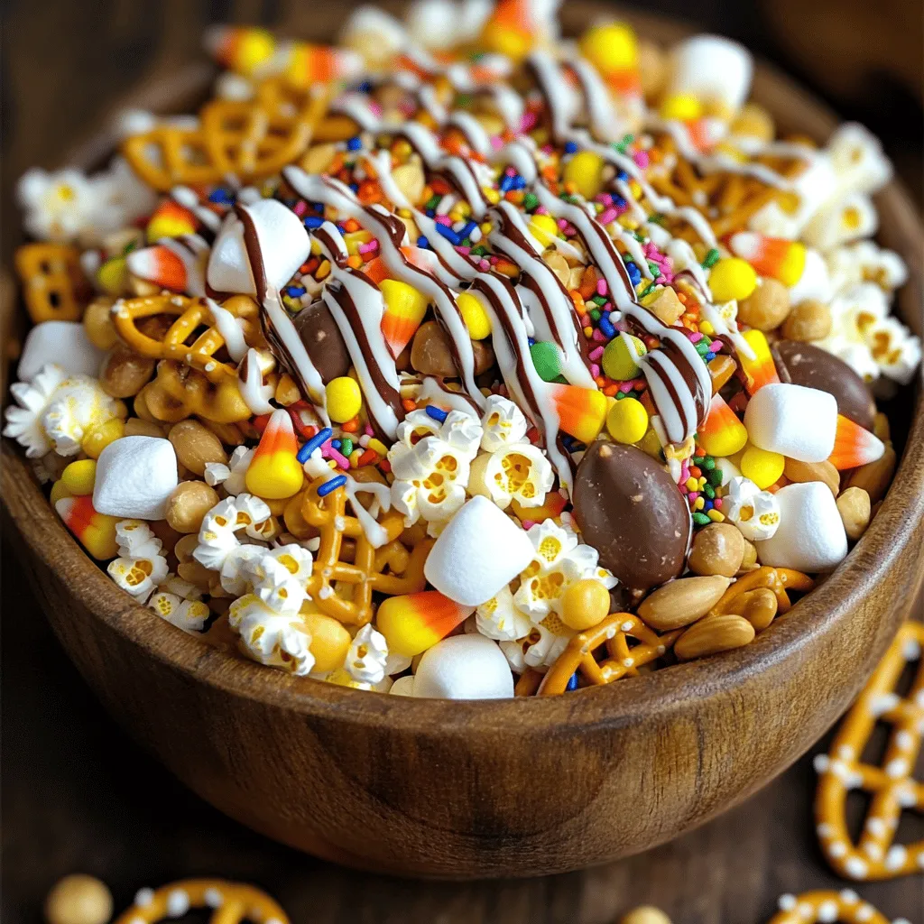 - 2 cups popcorn, lightly salted: This adds a crunchy base to our mix. - 1 cup pretzel sticks: They bring a nice salty crunch that pairs well. - 1 cup cheddar cheese crackers: These crackers add a cheesy flavor that's fun. - 1 cup candy corn: Sweet and festive, they add a pop of color. - 1 cup mini marshmallows: These soft bites give a chewy texture to the mix. - 1/2 cup roasted peanuts: They contribute a nutty crunch and good protein. - 1/2 cup chocolate-covered almonds: These add a sweet touch and richness. - 1/4 cup rainbow sprinkles: Sprinkles make everything more fun and colorful. - 1/4 cup melted white chocolate (for drizzling): This ties the mix together with sweetness. Each serving has about 200 calories. It includes 10 grams of fat and 4 grams of protein. The sugar content is around 8 grams, making it a sweet treat. The mix is fun but should be enjoyed in moderation. You can make this mix vegan by using dairy-free cheese crackers. For a gluten-free version, choose gluten-free pretzel sticks and crackers. You could swap candy corn for dried fruit to reduce sugar. Customize the nuts too—try walnuts or sunflower seeds! This mix can fit many diets with a few easy swaps. 1. Start by gathering all your ingredients. This makes cooking easy. 2. In a large mixing bowl, combine: - 2 cups popcorn, lightly salted - 1 cup pretzel sticks - 1 cup cheddar cheese crackers - 1 cup candy corn - 1 cup mini marshmallows - 1/2 cup roasted peanuts - 1/2 cup chocolate-covered almonds 3. Gently toss all the ingredients together. You want them mixed evenly. 4. Prepare a baking sheet lined with parchment paper. This helps with cleanup. 5. Spread the mix out evenly on the baking sheet. 6. Melt some white chocolate and drizzle it over the mix. Use a spoon for a zigzag. 7. While the chocolate is still wet, sprinkle rainbow sprinkles on top. 8. Let the mix sit at room temperature for about 30 minutes. This helps the chocolate set. 9. Once set, break the mix into pieces. Transfer it to a bowl or snack bags. - Use a large bowl to give space for tossing. This helps avoid spills. - Toss gently to keep the popcorn and marshmallows intact. - Mix in layers for an even blend. Start with dry items, then add the wet. - Serve Monster Munch Snack Mix in fun bowls for parties. - Use clear bags for snack packs at gatherings. - Add it to a dessert table for a colorful touch. - Pair it with drinks for a fun movie night snack. To make the best Monster Munch Snack Mix, start with fresh ingredients. Use light popcorn for a fluffy feel. Mix in crunchy pretzels for bite. Cheddar cheese crackers add a cheesy kick. Candy corn brings sweetness, while marshmallows give a soft texture. Roasted peanuts and chocolate-covered almonds bring nutty flavors. Drizzle melted white chocolate for a sweet finish. This combination creates a fun mix of textures and tastes. Avoid overmixing the snack mix. This can crush the popcorn and marshmallows. Don't skip the parchment paper; it helps with easy cleanup. If you don't let the chocolate set, the mix may get sticky. Store it in a sealed bag or container to keep it fresh. Remember not to leave it out for too long; moisture can ruin the crunch. Try adding spices to your mix for a fun twist. A pinch of cinnamon gives a warm flavor. Chili powder can add a spicy kick. You can even mix in some pumpkin spice for a seasonal touch. Experiment with your favorite flavors to make it your own. Each addition can change the whole taste of the mix! {{image_2}} You can change up your Monster Munch Snack Mix for fun holidays. For Halloween, add some spooky treats. Try mixing in gummy worms or chocolate eyeballs. For Christmas, use festive colors. Swap the candy corn for red and green M&Ms or holiday sprinkles. These small changes create fun themes and boost excitement for any gathering. Making this snack mix fit all diets is simple. To make it nut-free, remove the peanuts and almonds. You can replace them with sunflower seeds or pumpkin seeds. For a dairy-free option, ditch the cheese crackers and white chocolate. Use dairy-free snacks instead. These swaps ensure everyone can enjoy the mix without worry. Get creative with flavor! You can add spices to the mix. A sprinkle of cinnamon or a dash of chili powder can give it a twist. You could also include dried fruits, like cranberries or raisins, for a sweet touch. Consider adding popcorn seasoning for extra taste. These ideas help you customize the mix to fit your mood or event. To keep your Monster Munch Snack Mix fresh, store it in an airtight container. This keeps air and moisture out. You can use a glass jar or a plastic container with a tight lid. Make sure the mix is cool before you seal it. If you have snacks left over, avoid using bags that can let air in. When stored properly, Monster Munch Snack Mix can last up to two weeks. However, for the best taste, consume it within a week. The flavors stay bright and fun during that time. After two weeks, the crunchy snacks may lose their crispness. If you want to prepare the mix in advance, you can freeze it too. Put the mix in a freezer-safe bag. Remove as much air as possible before sealing. You can freeze it for up to three months. When you are ready to eat it, just thaw it overnight in the fridge. After thawing, enjoy your snack mix as you normally would. Yes, you can make Monster Munch Snack Mix ahead of time. It holds well for a few days. Just store it in an airtight container. This keeps it fresh and tasty. Making it early can save time for parties or movie nights. You can enjoy it when you want, without the rush. You can find the ingredients for Monster Munch Snack Mix at most grocery stores. Look for popcorn, pretzel sticks, and cheese crackers in the snack aisle. Candy corn and mini marshmallows are often in the baking section. For roasted peanuts and chocolate-covered almonds, check the nut aisle. You can also buy ingredients online through retailers like Amazon or grocery delivery services. Leftover Monster Munch Snack Mix can be used in fun ways! You can sprinkle it on top of ice cream for a crunchy treat. It also makes a great topping for yogurt or fruit salads. If you have extra mix, you can pack it in lunchboxes or use it as a party snack. Get creative and enjoy every bite! For the complete Monster Munch Snack Mix recipe, click [here](#). Monster Munch Snack Mix is fun and easy to make. We covered all the ingredients, their nutrition, and alternatives. You learned step-by-step instructions for the perfect mix. Remember to avoid common mistakes for the best result. Get creative with variations for holidays or dietary needs. For freshness, store it right and check shelf life. This mix is great for parties or a quick snack. Now go enjoy making your very own Monster Munch Snack Mix!