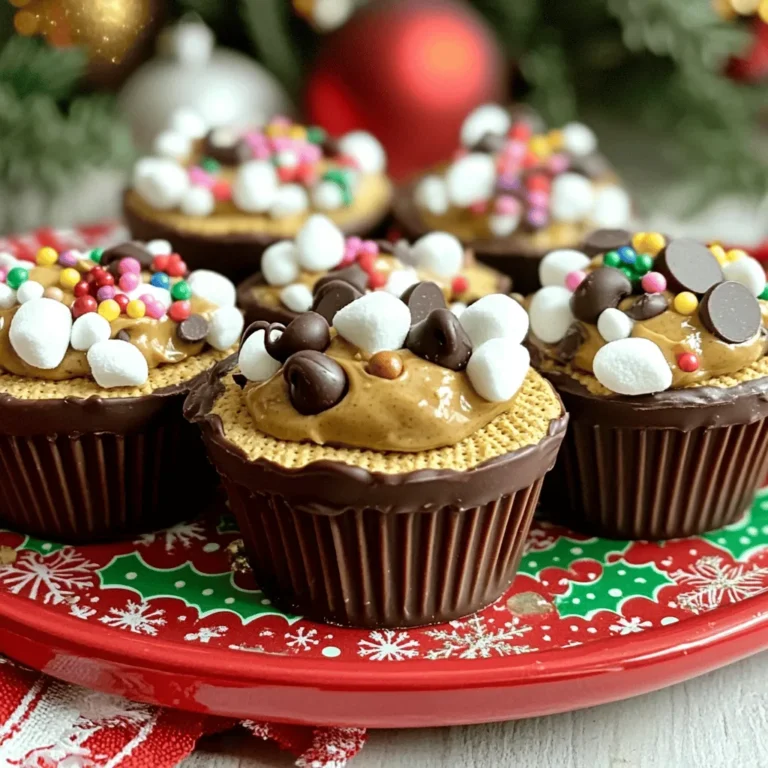 To make No Bake Christmas Cookie Cups, you need: - 1 cup graham cracker crumbs - 1/2 cup unsweetened cocoa powder - 1/2 cup powdered sugar - 1/2 cup unsalted butter, melted - 1 teaspoon vanilla extract - 1/2 cup creamy peanut butter - 1 cup mini chocolate chips - 1/2 teaspoon cinnamon (optional) - Edible decorations (e.g., colored sprinkles, mini marshmallows) These ingredients combine to create a rich and tasty treat. You can swap some ingredients for a different taste. If you lack graham crackers, use crushed cookies or oats. For cocoa powder, try carob powder for a milder flavor. If you want a lower sugar treat, use a sugar substitute in place of powdered sugar. You can also replace peanut butter with almond or sunflower seed butter for nut-free options. Feel free to enhance your cookie cups with fun add-ins. You can mix in chopped nuts, like walnuts or almonds, for extra crunch. Dried fruits, like cranberries or raisins, can add a sweet and chewy texture. For a burst of flavor, consider adding peppermint extract or spices like nutmeg. The options are endless! First, gather your ingredients. You need graham cracker crumbs, cocoa powder, powdered sugar, melted butter, and vanilla extract. In a medium bowl, mix the graham cracker crumbs, cocoa powder, and powdered sugar. Stir well until it looks even. Now, add the melted butter and vanilla extract. Mix until the dough is moldable. This should feel like wet sand. Next, grab some cupcake liners. Take about one tablespoon of the dough and press it into the bottom and up the sides of each liner. Make the sides a bit thicker for strength. This step is key for holding the filling later. In another bowl, mix creamy peanut butter and mini chocolate chips. Stir until you see no streaks. If you love a warm spice, add cinnamon for more flavor. This step is simple but gives great taste. Spoon the peanut butter mix into each cookie cup. Fill them up generously, but don’t overfill. Leave a little space at the top. This helps when you add decorations later. Now it’s time to chill! Place the filled cookie cups in the fridge for at least 30 minutes. This helps them set properly. When you take them out, they will hold their shape. Once they are set, you can garnish with your favorite edible decorations. Colored sprinkles or mini marshmallows are fun options. You can also check the [Full Recipe] for more tips on serving. To make moldable dough, measure your ingredients carefully. Use a scale for accuracy. When mixing, start with dry ingredients. Combine graham cracker crumbs, cocoa powder, and powdered sugar in a bowl. Then, add melted butter and vanilla. Mix until the dough sticks together. If it feels too dry, add a little more melted butter. Chill the cookie cups for at least 30 minutes. This helps them hold their shape. Use cupcake liners to form the cups. Press the dough firmly in the liners, making the sides thick. This gives them strength. If they crumble, your dough might be too dry. You can fix this with extra butter. Decorating is fun and easy! Use colored sprinkles for a bright touch. Mini marshmallows can add a fluffy look. Drizzle melted chocolate over the top for extra flair. You can also place small candy canes on each cup. This gives a nice holiday feel. Serve the cookie cups on a festive platter. Add extra chocolate chips around them for a great display. For the full recipe, check the earlier section. {{image_2}} You can make these cookie cups even more delightful by adding nuts. Try mixing in chopped walnuts or pecans with the chocolate filling. The crunch adds a nice texture and flavor. A hint of salt from the nuts balances the sweetness of the chocolate. You can also layer the filling, adding a layer of nuts and then chocolate. This creates a fun surprise in each bite. If you want to change up the flavor, think about peppermint or almond. For a peppermint twist, add crushed candy canes to the chocolate mix. This gives a fresh and festive taste. If you prefer almond, swap peanut butter for almond butter. A few drops of almond extract can enhance the flavor too. Each of these variations brings a new festive touch to your cookie cups. For those with dietary restrictions, you can make these cookie cups gluten-free. Use gluten-free graham cracker crumbs instead of regular ones. You can also use almond flour or oats as a base. If you need a nut-free option, replace peanut butter with sunflower seed butter. This keeps the recipe safe for schools and nut-free zones. To keep your no bake Christmas cookie cups fresh, store them in an airtight container. This prevents moisture and keeps them tasty. You can keep them at room temperature for one day. If you want them to last longer, place them in the fridge. They will stay fresh for up to a week this way. Freezing the cookie cups is easy. First, let them chill completely in the fridge. Then, wrap each cookie cup in plastic wrap or aluminum foil. After that, place them in a freezer-safe bag. Make sure to remove as much air as possible. You can freeze them for up to three months. When ready to eat, let them thaw in the fridge or at room temperature. The shelf life of these treats depends on how you store them. At room temp, they last one day. In the fridge, they can stay fresh for about a week. If you freeze them, they last up to three months. To enjoy them at their best, eat them within these time frames. If you notice any changes in smell or texture, it’s best to toss them out. For more details, check the Full Recipe. Yes, you can make these cookie cups ahead of time. They store well in the fridge. I recommend making them a day or two before your event. This way, they have time to chill and set properly. Just keep them covered to avoid drying out. When you’re ready, serve them fresh for your guests. If you need a peanut-free option, try almond butter or sunflower seed butter. Both give a nice flavor. You can also use cashew butter for a creamier texture. Each of these options works well in the filling. Just make sure the substitute is smooth for easy mixing. To make these cookie cups healthier, consider using less sugar. You can reduce the powdered sugar by half. Also, try using whole grain graham cracker crumbs for more fiber. Adding nuts or seeds can boost nutrition too. Finally, swap the chocolate chips for dark chocolate to cut sugar and add antioxidants. In this blog post, we explored the ingredients, steps, tips, and variations for making cookie cups. You learned about optional add-ins and substitutions to fit your taste. We covered how to prepare the base, assemble the filling, and chill the cups for the best results. Remember to store them properly for freshness. With these insights, you can create tasty cookie cups that impress everyone. Enjoy the fun and versatility of your baking adventure!