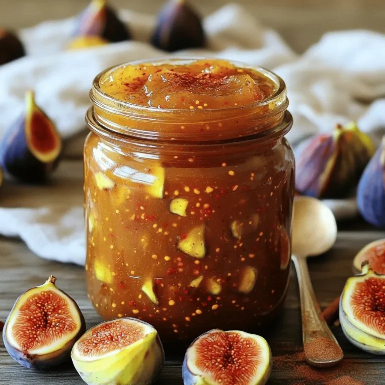 To make simple fig jam, start with 2 pounds of fresh figs. Look for figs that are ripe and soft. Remove the stems and chop the figs into small pieces. The more ripe the figs, the sweeter your jam will be. Next, you will need 1 cup of granulated sugar. This sugar helps balance the natural sweetness of the figs. Add 1 tablespoon of lemon juice. This will brighten the flavor and help the jam set. You can also include 1 teaspoon of ground cinnamon for warmth and depth. For a little kick, add 1/2 teaspoon of red pepper flakes. Adjust this to your taste. Finally, use 1/4 teaspoon of sea salt to enhance all the flavors. These ingredients create a base for your jam. You can also experiment with other flavors. Consider adding vanilla extract or ginger for a twist. These small changes can create unique tastes. Don't be afraid to try new things! For the full recipe, follow the steps carefully to enjoy your sweet and spicy fig jam. Start by gathering all your ingredients. You need fresh figs, sugar, lemon juice, and spices. Chop the figs into small pieces. This helps them break down while cooking. In a large pot, mix the chopped figs with sugar, lemon juice, ground cinnamon, red pepper flakes, and sea salt. Stir well to combine. This mixture will be the base of your fig jam. Place the pot on the stove over medium heat. You want to bring the mixture to a gentle boil. Stir occasionally to help dissolve the sugar. Once it starts boiling, reduce the heat to low. Let it simmer uncovered for about 30 to 40 minutes. Stir it frequently. The mixture will thicken and look jam-like as it cooks. To test if your jam is ready, grab a cold plate from the freezer. Drop a spoonful of jam onto the plate. Let it sit for a minute. If the jam holds its shape and doesn’t run, it’s done! If it’s too runny, keep cooking for a few more minutes. Once it’s ready, remove the pot from the heat. Let the jam cool for a few minutes before putting it in sterilized jars. When making fig jam, pick ripe figs. They should feel soft but not mushy. Look for figs that have a deep color and a sweet scent. If you can, buy organic figs. They taste better and are better for you. You can mix different fig types for more flavor. The recipe calls for one cup of sugar. You can adjust this to your taste. If you like it less sweet, use less sugar. If you want more spice, add extra red pepper flakes. Start with a small amount and taste as you go. This way, you can find the perfect balance for your jam. Before you store your jam, make sure your jars are clean. Wash them in hot soapy water. Then, rinse and dry them well. To sterilize, place them in boiling water for 10 minutes. You can also put them in the oven at 225°F for 15 minutes. This keeps your jam safe. Always use clean jars to avoid spoilage. For the full recipe, check out the Sweet & Spicy Fig Jam recipe above! {{image_2}} You can add other fruits to your fig jam. This gives it new flavors. Try adding peaches for a sweet twist. Apples can add a nice crunch. You can even mix in berries for a tart touch. Just chop the fruits and add them to the fig mixture. Adjust the sugar as needed. More fruit means more natural sweetness! Herbs can change the taste of your fig jam. Rosemary adds a woodsy flavor. Basil gives a sweet and fresh taste. Mint can make it bright and refreshing. To infuse herbs, add them to the pot while cooking. Use fresh herbs for the best flavor. You can strain them out before storing the jam if you prefer a smooth texture. If you want a healthier option, try using honey or maple syrup. These sweeteners can change the flavor a bit. Honey adds a floral note, while maple syrup gives a rich taste. You can also use agave nectar if you want a low-glycemic option. Just remember to adjust the amount. Each sweetener has a different level of sweetness. Experiment to find what you like best! For the full recipe, check out the Sweet & Spicy Fig Jam recipe above! Once you make your fig jam, let it cool. Transfer it to clean jars. Seal them tightly and store in the fridge. Your fig jam stays fresh for up to three weeks. Always use a clean spoon to scoop out the jam. This helps keep it safe and tasty. If you want to keep your fig jam longer, freezing is a great option. Pour the jam into freezer-safe containers. Leave some space at the top for expansion. Seal the containers tightly. Your fig jam can last up to a year in the freezer. When ready to use, thaw it in the fridge overnight. To enjoy your fig jam longer, follow these tips: - Use sterilized jars for storage. - Keep the jam sealed tightly. - Store it in a cool, dark place if not refrigerated. - Check for any signs of spoilage before use. These steps help ensure you savor every delicious bite of your homemade sweet and spicy fig jam. You can make fig jam without pectin by using the natural sugars in the figs. The key is to cook the figs down until they break apart. This method allows the jam to thicken naturally. Use the right amount of sugar and lemon juice to help with this process. The lemon juice adds acidity, which balances the sweetness. Yes, you can use dried figs, but the jam will taste different. Dried figs are sweeter and have a chewier texture. To use them, chop the dried figs and soak them in water for a few hours. This helps them soften and release their natural sugars. After soaking, follow the same steps in the Full Recipe. Fig jam pairs well with many foods. You can enjoy it with cheese, like goat cheese or brie. Use it as a spread on toast or biscuits. It also works great in desserts, like tarts or pastries. Try it on grilled meats for a sweet twist. The flavor is versatile and adds a nice touch to any meal. In this blog post, we explored the simple process of making fig jam. We covered fresh figs, sweeteners, and spices. You learned the steps for preparing, cooking, and testing your jam. Tips helped you pick the right figs and adjust flavors. Variations showed you how to add fruits and herbs. We also discussed storing your jam safely. Making fig jam is fun and rewarding. Enjoy every bite of your homemade treat!