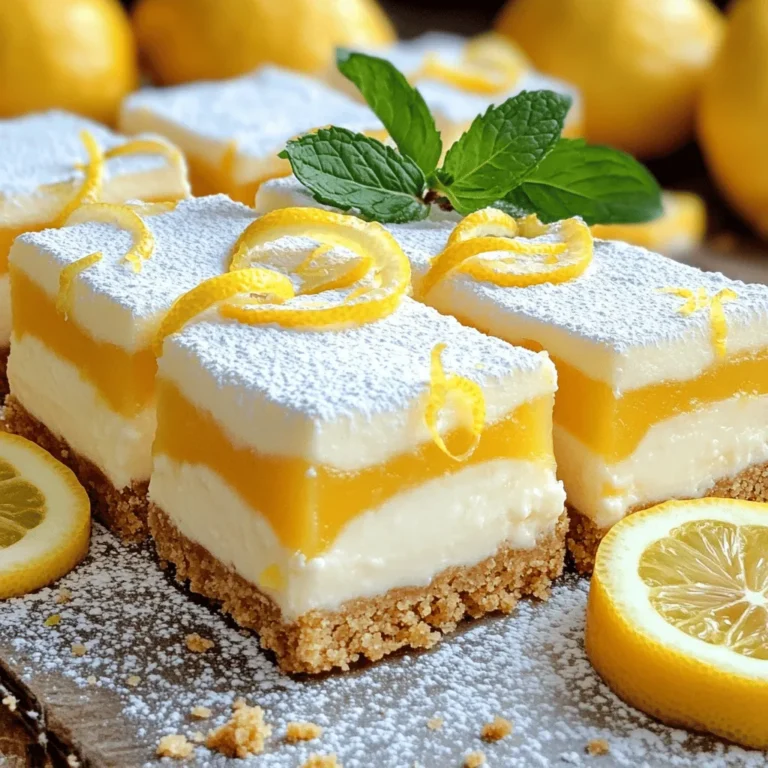 To make delicious lemon cheesecake crumb bars, gather these simple ingredients: - 1 ½ cups graham cracker crumbs - ½ cup unsalted butter, melted - 1/3 cup granulated sugar - 2 (8 oz) packages cream cheese, softened - 1 cup powdered sugar - 3 large eggs - 1/4 cup lemon juice (freshly squeezed) - Zest of 1 lemon - 1 teaspoon vanilla extract - Pinch of salt When choosing your ingredients, quality matters. Use fresh lemons for the best flavor. Look for cream cheese that is soft and smooth, as it mixes better. Choose unsalted butter for balance; this helps control the sweetness. If you're looking to switch things up, consider these substitutions: - Use digestive biscuits instead of graham crackers for a different flavor. - Coconut cream can replace cream cheese for a dairy-free option. - For a twist, try adding a bit of lime juice along with the lemon juice. These swaps can change your bars while keeping them tasty and fresh. Stick with the full recipe for best results, but feel free to get creative! To make the crust, start by mixing the graham cracker crumbs, melted butter, and granulated sugar in a bowl. You want the crumbs to feel moist. This mixture creates a base for your bars. Next, press the crumb mix into the bottom of your lined baking pan. Use your fingers or the back of a spoon to make it even. Bake this crust for about 10 minutes at 350°F until it is slightly golden. This step helps the crust hold its shape and adds flavor. For the cheesecake filling, take another large bowl. Beat the softened cream cheese until it is smooth. This is the key to a creamy texture. Slowly add in the powdered sugar, mixing well. Next, add your eggs one by one. Mix just until combined each time. Overmixing can ruin the creaminess. Now, stir in the lemon juice, lemon zest, vanilla extract, and a pinch of salt. Mix until everything is smooth and well blended. Now for the fun part—assembly! Pour the cheesecake filling over your cooled crust. Spread it out evenly with a spatula. Place the pan in the oven and bake for 30-35 minutes. You will know it’s done when the edges are set, and the center has a slight jiggle. Let it cool at room temperature for about an hour. Once cooled, refrigerate for at least 2 hours before slicing into bars. When ready, lift the bars out using the parchment paper and slice into squares. Baking time and temperature are very important for these bars. The oven should be at 350°F. This heat helps create a firm crust and a smooth filling. Watch for the edges—they should look set while the center is a bit wobbly. This slight jiggle means it will firm up as it cools. Once out of the oven, let the bars cool for one hour. Then, refrigerate them for at least two hours. This cooling time helps the flavors blend and makes the bars easier to cut. Remember, a well-timed bake makes for the best lemon cheesecake crumb bars! For the complete recipe, check the [Full Recipe]. To make your lemon cheesecake crumb bars creamy, use softened cream cheese. Cold cream cheese can lead to lumps. Always beat the cream cheese until smooth before adding other ingredients. Do not overmix the batter after adding the eggs. Mix just until combined to keep the texture light. Overmixing can cause the bars to be dense and less fluffy. For a lovely finish, serve the bars chilled. Dust them with powdered sugar before serving. You can also garnish with thin lemon slices or fresh mint leaves for color and freshness. Pair these bars with a cup of tea or coffee. They also go well with fresh berries on the side. For more details on making these delicious bars, check the Full Recipe. {{image_2}} You can switch up the flavors in your lemon cheesecake crumb bars. Try using other citrus fruits like lime, orange, or grapefruit. Each fruit brings its own twist. For a fun mix, add berries or chocolate. Blueberries, raspberries, or strawberries can add a burst of color and flavor. You might even layer in some melted chocolate for richness. If you need a gluten-free option, use gluten-free graham cracker crumbs. They work well and keep the great taste. For a vegan version, swap the cream cheese for a plant-based cream cheese. Use aquafaba, the liquid from canned chickpeas, instead of eggs. This way, you can still enjoy the creaminess without any dairy. These variations make the recipe fun and fit for everyone. You can explore many choices while keeping the essence of the lemon cheesecake bars. For more details, check the Full Recipe. To keep your lemon cheesecake crumb bars fresh, store them in an airtight container. Place a layer of parchment paper between the bars and the lid. This will help prevent sticking. You can keep them in the fridge for up to five days. If you want to store them longer, freeze the bars. Wrap each piece in plastic wrap, then put them in a freezer-safe bag. They can last for about three months in the freezer. When you want to enjoy your bars again, take them out of the fridge or freezer. If they are frozen, let them thaw in the fridge overnight. To refresh the flavors, you can chill them for a bit. Serve them cold for the best taste. You might add a dusting of powdered sugar on top to make them look great. Enjoy them with a slice of lemon or a sprig of mint for a fresh touch. How to tell when the bars are done baking? The bars are done when the edges look set. The center should have a slight jiggle. This means it will firm up as it cools. Can I use a different type of crust? Yes, you can! Use crushed cookies or even a nut crust. Just make sure to adjust the butter amount to match. What's the best way to cut the bars for neat slices? Use a sharp knife for clean cuts. Dip the knife in hot water, then wipe it dry before each cut. This helps keep the bars from sticking. How to make lemon cheesecake crumb bars from scratch? Start by making the crust from graham cracker crumbs, melted butter, and sugar. Then, whip up the filling with cream cheese, eggs, lemon juice, and zest. Finally, pour the filling over the crust and bake. For the full recipe, check the instructions above. Are there any alternative sweeteners for this recipe? You can use honey, maple syrup, or stevia. Just remember, this may change the taste and texture slightly. Adjust the amounts based on your choice. This article covered everything you need to make lemon cheesecake crumb bars. We discussed key ingredients, how to prepare the crust, and create a creamy filling. I shared useful baking tips and variations to cater to different tastes. Don’t forget proper storage to keep your bars fresh. Now, you can impress family and friends with this simple yet delicious treat. Happy baking!