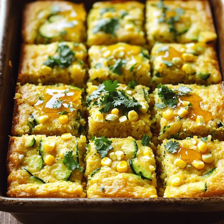To make a great zucchini cornbread, you need some key ingredients. Here’s what you should gather: - 1 cup all-purpose flour - 1 cup cornmeal - 1 tablespoon baking powder - 1/2 teaspoon salt - 1/2 teaspoon cayenne pepper (optional) - 1/4 cup sugar - 1 cup buttermilk (or plant-based milk) - 1/4 cup honey or maple syrup - 2 large eggs (or 1/4 cup applesauce) - 1 cup grated zucchini (about 1 medium zucchini) - 1 cup corn kernels (fresh, canned, or frozen) - 1/2 cup diced bell pepper (any color) - 1/4 cup chopped fresh cilantro (optional) - 1/4 cup melted butter or coconut oil These ingredients make the cornbread moist and flavorful. The zucchini adds a nice texture. The corn gives it a sweet flavor. If you want to switch things up, consider these optional ingredients: - Use cheese for a savory twist. - Try adding spices like cumin or garlic powder for extra flavor. - Swap honey for agave syrup if you prefer. You can also use different types of milk. Almond, soy, or oat milk work well too. Zucchini is a great vegetable to use in cornbread. It has many health benefits: - Low in calories and high in water content, great for hydration. - Packed with vitamins A and C, which support skin and eye health. - Contains fiber that helps digestion. Adding zucchini to your cornbread not only makes it tasty but also boosts its nutrition. This makes your meal more balanced and satisfying. For the full recipe, check the earlier section. First, gather your ingredients. You will need flour, cornmeal, baking powder, and salt. Make sure you have grated zucchini and corn kernels ready. This helps the recipe go smoothly. Preheat your oven to 375°F (190°C). Grease an 8-inch baking dish to prevent sticking. 1. In a large bowl, mix the flour, cornmeal, baking powder, salt, and sugar. Use a whisk to blend them well. 2. In another bowl, combine the buttermilk, honey, and eggs. Whisk until smooth. 3. Slowly add the wet mix to the dry mix. Stir gently to combine. Don’t overmix; a few lumps are fine. 4. Fold in the grated zucchini, corn, diced bell pepper, and melted butter. Mix until just combined. 5. Pour the batter into the greased dish. Smooth the top with a spatula. 6. Bake for 25-30 minutes. Check with a toothpick; it should come out clean. 7. Let it cool for about 10 minutes before slicing. To get the right texture, don’t overmix your batter. Lumps are okay! If your zucchini is very watery, squeeze some moisture out before adding it. This helps keep the bread from being too wet. For extra flavor, consider using fresh herbs or spices. The right additions can really elevate your cornbread. When making zucchini cornbread, avoid overmixing the batter. This can make it tough. Mix just until combined. Another mistake is not squeezing excess water from the zucchini. Wet zucchini can lead to a soggy bread. Always grate it and then squeeze out the water before adding it to the mix. Lastly, don’t skip preheating your oven. A hot oven helps the bread rise properly. To boost flavor, consider adding spices like cumin or paprika. These spices can give your cornbread a warm kick. For extra sweetness, add a bit more honey or maple syrup. You can also toss in cheese, like cheddar, for a rich texture and flavor. Adding fresh herbs like cilantro or green onions will brighten the taste. Don’t forget to fold in some cooked bacon or jalapeños for a savory twist. To make this recipe vegan, swap eggs for applesauce and use plant-based milk. For gluten-free options, replace all-purpose flour with a gluten-free flour blend. Just check if your cornmeal is gluten-free, too. If you want a lower sugar option, reduce the honey or maple syrup. You can also use stevia or another sweetener as a substitute. These changes help everyone enjoy this delicious dish. For the full recipe, check out the detailed instructions above. {{image_2}} You can make zucchini cornbread even better by adding cheese or spices. Try mixing in 1 cup of shredded cheese, like cheddar or pepper jack. This adds creaminess and a nice flavor. If you like heat, add a teaspoon of chili powder or a pinch of cumin. These spices will give your cornbread a tasty twist. Want to make this recipe vegan? Use plant-based milk and replace eggs with 1/4 cup of applesauce. For a gluten-free version, swap all-purpose flour with a gluten-free blend. Just check that your cornmeal is also gluten-free. These changes keep the cornbread soft and moist. Get creative with add-ins for your cornbread. Consider adding cooked bacon bits for a savory touch. You can also fold in diced jalapeños for spice. If you prefer sweet, try mixing in blueberries or chopped apples. These flavors will give your cornbread a unique and yummy twist. For the full recipe, check out the Zesty Zucchini Cornbread. To keep your zucchini cornbread fresh, store it in an airtight container. If you have leftovers, let the cornbread cool first. Then, place it in the container and seal it tight. This helps prevent it from drying out. You can keep it at room temperature for up to two days. For longer storage, move it to the fridge. It will stay good for about a week. Reheating zucchini cornbread is simple. Preheat your oven to 350°F (175°C). Place the slices on a baking sheet. Cover them with foil to keep them moist. Heat for about 10 to 15 minutes. If you're in a rush, you can use the microwave. Heat for 15 to 30 seconds per slice. Check that it is warm all the way through. Freezing zucchini cornbread is a great option for long-term storage. First, let the cornbread cool completely. Then, slice it into pieces. Wrap each piece in plastic wrap. After that, place the wrapped slices in a freezer bag. Be sure to squeeze out as much air as you can. This helps prevent freezer burn. You can freeze it for up to three months. To thaw, place it in the fridge overnight or let it sit at room temperature for a few hours. Enjoy the full recipe anytime you want! Yes, you can use frozen zucchini. Just thaw it first and drain any excess water. This helps keep your cornbread from becoming too wet. Frozen zucchini works well if you do not have fresh zucchini on hand. To make your cornbread sweeter, add more sugar or honey. You can also mix in some mashed bananas or applesauce. These options add extra sweetness and moisture. Adjust the amount based on your taste. Serve your Zucchini Cornbread warm with honey or butter. It also pairs well with soups and stews. For a twist, add a dollop of sour cream or yogurt on top. You can even enjoy it as a snack with a side of salsa. Try it with a fresh salad for a light meal. For the full recipe, check out the Zesty Zucchini Cornbread above. Zucchini cornbread is a fun and tasty dish. We explored key ingredients and options to change the flavors. I shared easy steps for preparation and tips to avoid mistakes. You learned how to store leftovers and even adjust the recipe for different diets. Zucchini adds health benefits like vitamins and fiber. With these ideas, you can make delicious cornbread every time! Enjoy trying new variations and sharing them with friends.