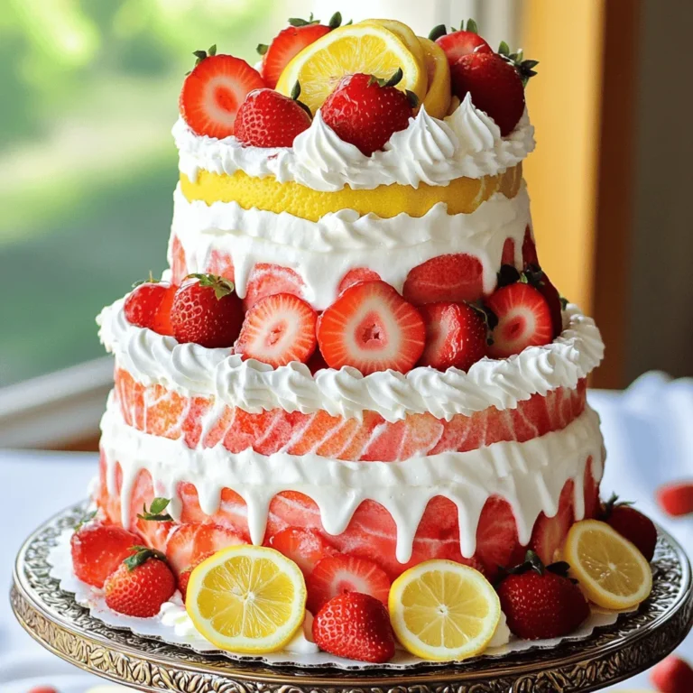 - 2 cups all-purpose flour - 1 ½ cups granulated sugar - ½ cup unsalted butter - 1 cup buttermilk - 3 large eggs - 2 tablespoons fresh lemon juice - Zest of 1 lemon - 1 teaspoon vanilla extract - 2 teaspoons baking powder - ½ teaspoon baking soda - ¼ teaspoon salt - 1 cup fresh strawberries, pureed - 1 cup heavy cream - 2 tablespoons powdered sugar - Extra strawberries and lemon slices for garnish When I make my Strawberry Lemonade Layer Cake, I always start with the best ingredients. Each one plays a key role in the cake's flavor and texture. Flour gives structure to the cake. I use all-purpose flour because it combines well with other ingredients. Granulated sugar adds sweetness and helps the cake rise. Butter makes it rich and moist. Buttermilk makes the cake tender and adds a slight tang. Eggs help bind the cake. They also provide moisture. Fresh lemon juice and lemon zest bring out the bright flavors of summer. Vanilla extract adds warmth to the cake's taste. Baking powder and baking soda are my leavening agents. They help the cake rise and become fluffy. Salt enhances all the flavors, making them pop. Fresh strawberries, pureed, give the cake its lovely color and fruity taste. Heavy cream and powdered sugar are for the whipped topping. They create a light and creamy finish on each slice. Finally, I like to garnish with extra strawberries and lemon slices. This adds a beautiful touch and makes the cake even more inviting. You can find the full recipe for this delicious cake with all these ingredients and steps. - Preheat the oven and prepare cake pans: Start by setting your oven to 350°F (175°C). Grease and flour three 8-inch round cake pans to prevent sticking. - Cream the butter and sugar: In a large bowl, use a mixer to beat ½ cup of softened butter and 1 ½ cups of granulated sugar. Mix until it is light and fluffy, which takes about 3-4 minutes. - Add eggs, buttermilk, lemon juice, lemon zest, and vanilla extract: Add 3 large eggs one at a time, then mix in 1 cup of buttermilk, 2 tablespoons of fresh lemon juice, the zest of 1 lemon, and 1 teaspoon of vanilla extract. Make sure everything is combined well. - Mix dry ingredients and combine mixtures: In another bowl, whisk together 2 cups of all-purpose flour, 2 teaspoons of baking powder, ½ teaspoon of baking soda, and ¼ teaspoon of salt. Gradually add this mix to the wet ingredients. Stir until just combined; be careful not to overmix. - Fold in strawberry puree: Gently fold in 1 cup of fresh strawberry puree. This adds a lovely flavor and color to your batter. - Pour batter, bake, and cool the cakes: Divide the batter evenly among the prepared pans. Smooth the tops and bake for 25-30 minutes. Check for doneness with a toothpick. If it comes out clean, the cakes are done. Let them cool in the pans for 10 minutes, then transfer to wire racks to cool completely. - Whip cream and layer the cake: In a new bowl, whip 1 cup of heavy cream with 2 tablespoons of powdered sugar until you reach stiff peaks. Place one cake layer on a serving plate and spread a generous layer of whipped cream on top. Add fresh strawberries on top of the cream. - Garnish with strawberries and lemon slices: Repeat this with the second layer. Place the third layer on top and cover the whole cake with the remaining whipped cream. Decorate with extra strawberries and lemon slices for a fresh look. - Chill before serving: Place the cake in the fridge for at least 30 minutes to set before slicing. This helps the layers stay together, making it easier to serve. For the complete guide, check the Full Recipe. Using room temperature ingredients is key. When eggs and butter are warm, they blend better. This helps the cake rise and stay soft. Make sure to take them out ahead of time. Avoid overmixing the batter. Mix just until the dry and wet ingredients come together. Overmixing can make the cake tough. You want a light and fluffy texture, so mix gently. Get creative with your strawberries! You can slice them and layer them between the cake layers. You can also arrange whole strawberries on top for a fresh look. Using lemon slices adds a nice pop of color. For presentation, serve on a pretty platter. Drizzle extra strawberry puree around the base. This gives it a fun and colorful touch. You can also sprinkle some lemon zest on top for added flavor. If your cake sinks, it may be from underbaking or too much batter. Always check with a toothpick. If it comes out clean, the cake is done. If it’s too wet, bake a bit longer. For dry layers, make sure to measure your flour correctly. Too much flour can dry out the cake. If you find the layers dry, consider adding a simple syrup to moisten them before frosting. {{image_2}} You can change up the flavor of this cake easily. Swap strawberries for other berries like raspberries or blueberries. You can also use fruit purees from peaches or mangoes for a twist. For a citrus kick, try adding lime or orange juice instead of lemon. These changes can create a fun and refreshing cake for summer. If you need a gluten-free cake, use a gluten-free flour blend. Make sure it has xanthan gum to help with texture. Gluten-free cakes often bake faster, so check them a few minutes early. This way, you won’t risk drying them out. To make this cake vegan, replace eggs with flaxseed meal or unsweetened applesauce. Use 1 tablespoon of flaxseed mixed with 3 tablespoons of water for each egg. For cream, try coconut cream or almond milk whipped cream. These swaps keep the cake rich and creamy without any animal products. To keep your Strawberry Lemonade Layer Cake fresh, store it in the fridge. Use an airtight container to avoid drying out. If you have leftover cake, make sure to wrap it well in plastic wrap first. This helps it stay moist and tasty. Avoid placing it near strong-smelling foods. The cake can absorb those odors. If you want to save some cake for later, freezing is a great option! Start by slicing the cake into pieces. Wrap each piece in plastic wrap. After that, place them in a freezer-safe bag. Be sure to remove as much air as possible. To thaw, take out a slice and leave it at room temperature for about 30 minutes. This keeps the flavor and texture just right. You can enjoy your cake even after freezing! For the full recipe, check out the Strawberry Lemonade Layer Cake recipe. To slice a layered cake, use a sharp, long knife. Start from the center and cut straight down. Wipe the knife with a damp cloth between slices. This keeps each piece clean. For even slices, mark the top with light lines before cutting. This way, you can see where to slice. You can store this cake for up to five days in the fridge. Keep it covered with plastic wrap or in an airtight container. This helps keep the cake fresh. If you want to store it longer, freeze it. Just wrap it well in plastic wrap and foil. It can last up to three months in the freezer. Yes, you can make this cake a day ahead. Bake and cool it completely. Then, store it in the fridge, covered. This helps the flavors blend well. Just add the whipped cream and garnish before serving. This cake pairs well with light drinks. Try iced tea or lemonade. You can also serve it with fresh fruit, like berries or citrus slices. A scoop of vanilla ice cream works great too. It adds a creamy touch to the cake. For a fun twist, serve it with a fruity yogurt. Each of these options makes the cake shine. For the full recipe, check out the details above. You now know how to make a delicious Strawberry Lemonade Layer Cake. We covered the ingredients, step-by-step instructions, and handy tips to ensure success. Remember, the cake's texture relies on room temperature ingredients and careful mixing. You can adapt the recipe for different diets too, making it versatile. With storage tips, you can enjoy this cake longer than a few days. Now, gather your ingredients and start baking. This cake is sure to impress everyone who tries it! Your kitchen will become a happy place filled with sweet scents.