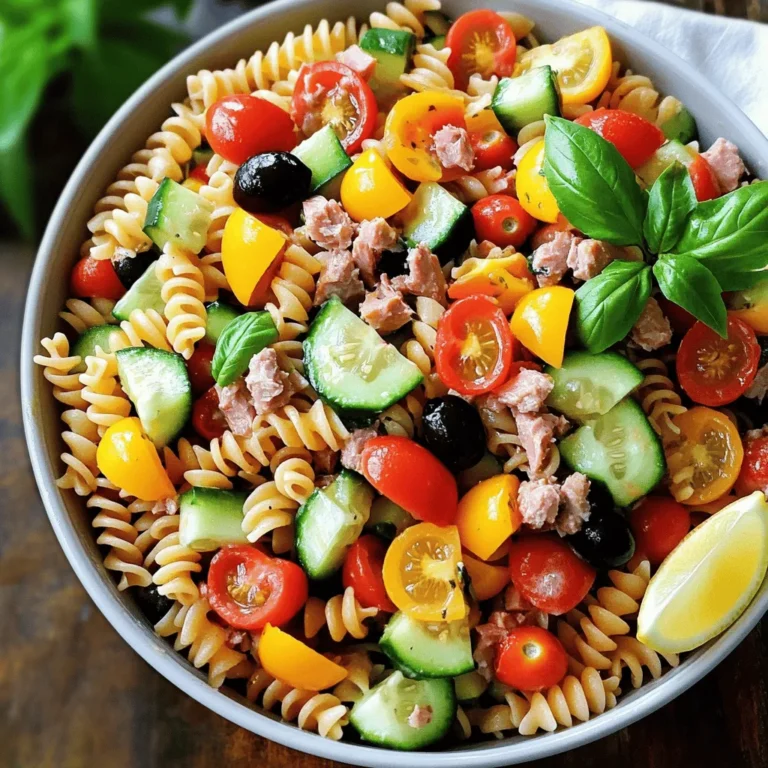 - 8 oz whole wheat pasta (fusilli or penne) - 1 can (5 oz) tuna in water, drained - 1 cup cherry tomatoes, halved - 1/2 cup cucumber, diced - 1/2 cup bell pepper (any color), diced - 1/4 cup red onion, finely chopped - 1/4 cup black olives, sliced Whole wheat pasta adds nutrients and fiber. You can use fusilli or penne for shape. Choose canned tuna packed in water for a lighter taste. This keeps the dish fresh and light. For veggies, cherry tomatoes add sweetness, while cucumber and bell pepper give crunch. Red onion brings a touch of sharpness, and black olives add a salty bite. - 2 tablespoons lemon juice - 3 tablespoons olive oil - 1 teaspoon Dijon mustard - 1 teaspoon dried oregano - Salt and pepper to taste - Fresh basil leaves for garnish Lemon juice and olive oil form a bright, zesty base. They keep the salad light and fresh. Dijon mustard adds a slight tang, enhancing the overall flavor. Dried oregano gives an earthy note. Use salt and pepper for balance. Fresh basil leaves not only look great but also add a fragrant twist. For a full recipe, refer to Zesty Tuna Pasta Salad. To cook the pasta perfectly, use a large pot of salted boiling water. This helps add flavor. Follow the package instructions and cook until the pasta is al dente. Al dente means the pasta should be firm but not hard. Once done, drain the pasta and rinse it under cold water. This cools it quickly and stops the cooking process. While the pasta cools, it's time to chop your vegetables. Take your cherry tomatoes, cucumber, bell pepper, and red onion. Use a sharp knife to chop them into small, even pieces. This helps with even mixing later. Place all the chopped veggies in a large mixing bowl. Next, mix the dressing. In a small bowl, whisk together lemon juice, olive oil, Dijon mustard, dried oregano, salt, and pepper. Whisk until it’s well combined. Now, it's time to combine all the ingredients. Once the pasta is cool, add it to the bowl with the chopped vegetables. Next, add the drained tuna and black olives. Pour the dressing over this mixture. Gently toss everything together to coat it well. For the best taste, chill the salad in the fridge for at least 30 minutes. This helps the flavors meld. When ready to serve, give it one last toss and adjust the seasoning if needed. Serve the salad chilled in a large bowl or on individual plates. Garnish with fresh basil leaves for a touch of color. A lemon wedge on the side adds brightness to the dish. You can easily prep this salad in advance. Start by cooking the pasta and cooling it. Chop the veggies and mix the dressing. Store each part separately. This keeps everything fresh. When ready to serve, just combine them. To keep the salad fresh, use an airtight container. Store it in the fridge. It stays good for about three days. If you notice any moisture, drain it before serving. You can make this salad fit your taste. Try using chickpeas or beans for a vegetarian option. They add protein and texture. For vegan options, skip the tuna. You can use diced avocado instead. Want more protein? Add grilled chicken or shrimp. These options make the salad hearty and filling. You can even mix in nuts for crunch. Herbs can really change the flavor of your salad. Try adding fresh parsley or dill for a bright taste. You can also sprinkle in some red pepper flakes if you like heat. Think about different dressings too. A balsamic vinaigrette can give a sweet tang. A yogurt-based dressing can add creaminess without mayo. Experiment with what you love. {{image_2}} You can make this tuna pasta salad unique by adding regional flavors. For a Mediterranean vibe, use ingredients like artichokes, feta cheese, or sun-dried tomatoes. These add a burst of flavor and make your salad feel special. You might also try adding some capers for a salty twist that brightens the dish. For a tropical twist, think about adding fruits. Pineapple or mango chunks bring a sweet touch. This makes the salad refreshing and perfect for summer days. You can also add some coconut flakes for extra texture and taste. If you're watching carbs, swap whole wheat pasta for zucchini noodles or cauliflower rice. This keeps the dish light and still tasty. Just spiralize the zucchini or rice the cauliflower, then mix it in with your other ingredients. For gluten-free options, use gluten-free pasta. Many brands offer great alternatives that taste just as good. Be sure to check the label to ensure it fits your needs. Each season brings different vegetables. In spring, use asparagus, peas, or radishes for a fresh crunch. In summer, opt for bell peppers and corn for sweetness. In the fall, roasted pumpkin or butternut squash adds warmth. For dressings, try changing the flavor with the seasons. In summer, a light lemon and herb dressing works well. In winter, you might want something richer, like a creamy yogurt-based dressing. This keeps the salad exciting all year long. For the full recipe, check out the Zesty Tuna Pasta Salad. You can store tuna pasta salad in your fridge for about three days. Make sure to keep it in an airtight container. This helps maintain freshness and flavor. If you have leftovers, consume them within this time frame for the best taste. You can freeze tuna pasta salad, but it changes the texture. If you want to freeze it, use a freezer-safe container. When you’re ready to eat, defrost it in the fridge overnight. After thawing, stir the salad well and add extra dressing if needed to refresh the flavors. Check for any off smell or change in color. If the salad looks slimy or has a funny odor, it’s best to discard it. For safe storage, follow the three-day guideline for the fridge. If you freeze it, use it within a month for the best quality. Yes, you can use tuna in oil. It adds a richer flavor to the salad. The oil also makes the salad a bit more calorie-dense. If you prefer a lighter dish, stick with tuna in water. If you want a different protein, try chickpeas or shredded chicken. For a vegan option, use cooked lentils or tofu. These choices offer great taste and fit various diets. Tuna pasta salad stays fresh for 3 to 5 days in the fridge. Store it in an airtight container to keep it tasty. Always check for any signs of spoilage before enjoying leftovers. This article covered how to make a delicious tuna pasta salad. We explored key ingredients, from whole wheat pasta to the best dressings. You learned step-by-step instructions for cooking and assembling. Tips for making ahead and customizing your salad were also shared. Our sections on variations and storage ensure you can enjoy this dish anytime. Healthy meals like this one can brighten your plate and nourish your body. Enjoy experimenting with ingredients, flavors, and your own twist!