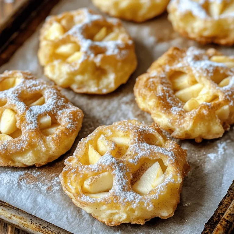 - 2 cups all-purpose flour - 2 medium apples, peeled, cored, and diced - 1/2 cup granulated sugar - 1 tablespoon baking powder - 1 teaspoon ground cinnamon - 1/4 teaspoon nutmeg - 1/2 teaspoon salt - 3/4 cup milk - 2 large eggs - 1/4 cup unsalted butter, melted - 1 teaspoon vanilla extract - 1 cup powdered sugar (for glaze) - 2 tablespoons milk (for glaze) - Extra cinnamon for dusting When making oven baked apple fritters, the right ingredients matter. Start with fresh apples. I love using Granny Smith apples for their tartness. They balance the sweetness well. Honeycrisp apples also work nicely for their crisp bite. Fuji apples provide a great mix of sweet and tart flavors. The flour acts as a base for the fritters, giving them structure. Baking powder helps them rise and become light. The sugar adds sweetness, while salt enhances all the flavors. Cinnamon and nutmeg bring warmth and depth, making each bite delicious. Don’t forget the eggs and milk! They create a moist batter that holds everything together. The melted butter adds richness. Finally, the glaze made from powdered sugar and milk finishes the fritters perfectly. For more details, check the Full Recipe. It guides you step by step. Enjoy the process of making these tasty treats! 1. First, preheat your oven to 375°F (190°C). This ensures even baking. 2. Line a baking sheet with parchment paper. This helps the fritters not stick. 3. In a large bowl, mix the dry ingredients: all-purpose flour, sugar, baking powder, cinnamon, nutmeg, and salt. Stir well to combine. 4. In another bowl, whisk together milk, eggs, melted butter, and vanilla extract. This mixture adds moisture and flavor. 1. Pour the wet ingredients into the dry mix. Stir gently until they just blend. Don't overmix. This keeps the fritters tender. 2. Carefully fold in the diced apples. They add sweetness and texture. Make sure they are evenly mixed in. 1. Using a large spoon or ice cream scoop, drop heaping tablespoons of the batter on the prepared baking sheet. Leave space between each fritter. 2. Bake in your preheated oven for 18-20 minutes. The fritters should turn golden brown. Use a toothpick to check if they are done. 3. While baking, mix powdered sugar and 2 tablespoons of milk in a small bowl. Stir until smooth for the glaze. 4. Once baked, let the fritters cool for a few minutes. Then drizzle the glaze over them. Dust with extra cinnamon if you like. This easy process leads to tasty Oven Baked Apple Fritters. You can follow the Full Recipe for more details. To make the best fritters, avoid overmixing the batter. When you mix too much, the fritters can turn out tough rather than tender. Mix until just combined. This keeps them light and fluffy. Also, make sure to distribute the apples evenly in the batter. This helps each bite have the right balance of fruit and dough. A common mistake is skipping the parchment paper. Using it prevents the fritters from sticking to the pan. It also makes cleanup easier. Another mistake is not checking for doneness. Use a toothpick to test if they are cooked through. Insert it into the center; if it comes out clean, they are ready! To elevate the flavor, consider adding spices like ginger or cloves. These spices can add warmth and depth. You can also experiment with different glazes. A maple glaze or a cinnamon sugar could give your fritters a unique twist. Feel free to get creative with flavors! For the full recipe, check the reference above. {{image_2}} You can switch up the flavors in your fritters. Try using pears instead of apples. Pears give a softer texture and a sweet taste. You might also enjoy mixed berries for a fruity twist. They add sweetness and color to the dish. Strawberries, blueberries, and raspberries work well together. Want a healthier fritter? Use whole wheat flour instead of all-purpose flour. Whole wheat adds fiber and nutrients. You can also use Greek yogurt in place of eggs. This keeps the fritters moist and adds protein. If you need gluten-free fritters, I have great options. Almond flour is a tasty choice. It gives a nutty flavor and a nice texture. Coconut flour is another option. It absorbs moisture well, so you need less of it. You can also use cornstarch as a binding agent. This helps hold everything together without gluten. These variations make your oven baked apple fritters unique and fun to make! - Store fritters in an airtight container. - Keep them in the fridge to maintain freshness. These steps will help your fritters stay tasty. The airtight container keeps moisture out. Refrigerating helps preserve the flavors and texture. If you do not use them right away, this will save them for later. - Reheat in the oven for that crispy bite. - Use the microwave for a quick snack. For the oven, set it to 350°F (175°C). Place the fritters on a baking sheet. Heat for about 5-10 minutes until warm. This method keeps the outside crispy. If you are in a hurry, the microwave works too. Heat them for 20-30 seconds. They may lose some crispiness, but they will be warm. - Freeze unbaked batter for easy prep later. - Store baked fritters in the freezer for later enjoyment. To freeze the batter, scoop it onto a baking sheet lined with parchment. Place it in the freezer until solid. Then, transfer the frozen scoops into a zip-top bag. When you’re ready to bake, just add a few extra minutes to the time. For baked fritters, let them cool first. Wrap each one in plastic wrap, then place in a freezer bag. This keeps them fresh. You can enjoy them whenever you want! For the full recipe, check out the steps I shared. To get a crispy outside, follow these tips: - Use cold butter in the dough. - Add a bit of cornstarch to the flour. - Bake on a wire rack to let air flow. - Increase the baking time slightly for a crunchier texture. These tricks can help you achieve that perfect crunch with each bite. Yes! You can prepare the fritters in advance. Here’s how: - Make the batter and store it in the fridge for up to 2 hours. - You can also shape the fritters and freeze them. - When ready to bake, just pop them in the oven straight from the freezer. This way, you can enjoy fresh fritters without too much hassle. Oven Baked Apple Fritters can pair well with many items. Here are some ideas: - Serve with a scoop of vanilla ice cream for dessert. - Enjoy with a side of yogurt or whipped cream for breakfast. - Drizzle warm caramel sauce over them for extra sweetness. These pairings add flavor and fun to your meal. You can find the full recipe of Crispy Oven Baked Apple Fritters on the recipe page. It has all the steps and tips you need to make these delicious treats at home. Oven baked apple fritters are easy and fun to make. You need simple ingredients like apples, flour, and spices. Follow the steps to create a delicious treat. Remember to avoid common mistakes for the best results. You can also try different fruits or make them gluten-free. Store and reheat your fritters to enjoy later. Overall, these fritters offer great taste and versatility. Enjoy your baking adventure and share these tasty treats with others!