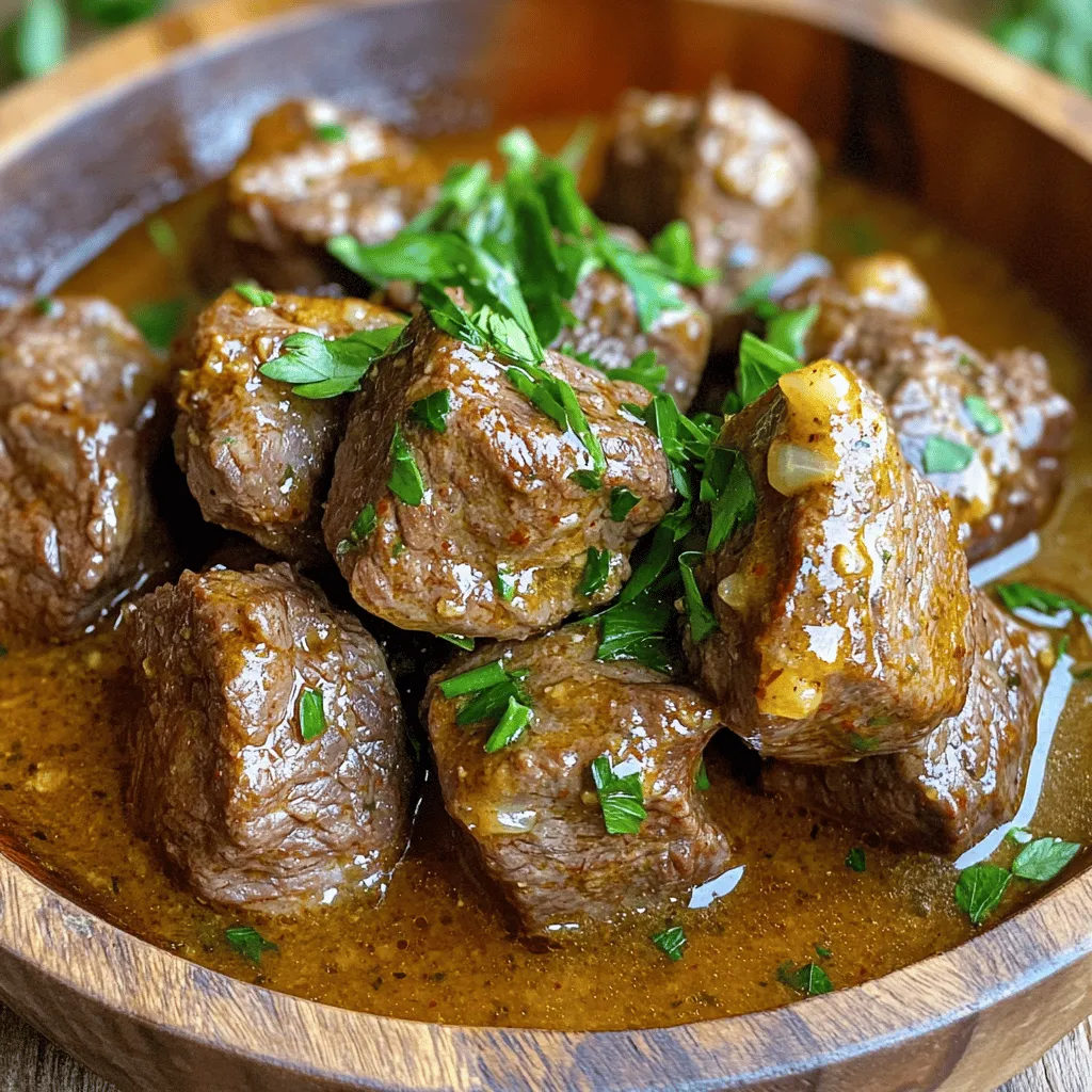 To make Slow Cooker Garlic Butter Beef Bites, you need the right ingredients. Here’s what you will need: - 1 lb beef sirloin, cut into bite-sized pieces - 1/4 cup unsalted butter - 6 cloves garlic, minced - 1 teaspoon onion powder - 1 teaspoon smoked paprika - 1 teaspoon dried thyme - 1/2 teaspoon black pepper - 2 tablespoons soy sauce (low sodium) - Salt to taste - Fresh parsley for garnish These ingredients create a rich and savory flavor. The beef sirloin is perfect for tenderness. You can use unsalted butter for better control of salt. Garlic adds a wonderful aroma and taste. The spices like smoked paprika and thyme boost the flavor profile. Using low-sodium soy sauce helps keep the dish balanced. Fresh parsley is great for a final touch. For the full recipe, you can check the details above. Enjoy cooking and savor each bite! Start by prepping the beef sirloin. Cut it into bite-sized pieces, about one inch each. This will help them cook evenly. Next, mince the garlic. You will need six cloves for a rich flavor. Now, let’s melt the butter. Pour a quarter cup of unsalted butter into a large skillet over medium heat. Once it melts, add the minced garlic. Sauté the garlic for one to two minutes. It should smell great, but keep an eye on it. You don’t want it to burn. Next, sear the beef in the skillet. Add the beef pieces and cook for about three to four minutes. Make sure to brown them on all sides. This step adds a lot of flavor to the beef. After searing, combine the beef and seasonings in the slow cooker. Add onion powder, smoked paprika, dried thyme, black pepper, and soy sauce. Stir well to coat the beef evenly with the spices. Pour the melted garlic butter mixture over the beef in the slow cooker. This adds moisture and flavor. Cover the slow cooker and set it to cook. You can choose to cook on low for six hours or on high for three hours. The beef will be tender and full of flavor when done. Once the cooking time is up, taste the beef bites. Adjust seasoning if needed. You can add a bit of salt or more spices to fit your taste. For serving, dish out the beef bites in a rustic wooden bowl. Drizzle some cooking juices over them for extra flavor. Garnish with fresh parsley for a touch of color. Pair these bites with crusty bread or creamy mashed potatoes. Enjoy your delicious Slow Cooker Garlic Butter Beef Bites! You can find the Full Recipe for even more details. Searing beef is key for flavor. It adds a rich, brown crust. This crust holds juices and boosts taste. For the best cuts, look for sirloin, ribeye, or tenderloin. These cuts are juicy and tender when cooked right. You can add herbs and spices for extra flavor. Try rosemary or oregano to mix things up. You can also use different types of garlic. Roasted garlic gives a sweet, rich taste. Fresh garlic has a sharp, vibrant kick. Slow cooking and pressure cooking are great options. Slow cooking brings out deep flavors and makes beef tender. Pressure cooking saves time but can change the texture a bit. If you cook on the stovetop, keep an eye on the heat. Cook it low and slow, stirring often. For the full recipe, check the earlier sections. Enjoy your cooking! {{image_2}} You can easily swap some ingredients in this recipe. If you want a lower sodium option, use coconut aminos instead of low-sodium soy sauce. This swap keeps the dish flavorful and is perfect for those watching their salt intake. For butter, you can use ghee or olive oil. Ghee gives a rich taste, while olive oil adds a lighter flavor. For a gluten-free version, choose gluten-free soy sauce. Many brands offer this option. This change ensures everyone can enjoy the dish without worry. If you follow a keto diet, you can skip the soy sauce entirely. Replace it with more spices or a low-carb sauce to keep it tasty and friendly for your diet. When it comes to serving, think beyond the plate. You can serve these beef bites in tacos or bowls. Add toppings like avocado, sour cream, or salsa for extra flavor. For sides, crusty bread or creamy mashed potatoes work wonderfully. Both options soak up all the tasty juices from the beef. Don't forget to check out the Full Recipe for more ideas! To keep your Slow Cooker Garlic Butter Beef Bites fresh, store them in a sealed container. Refrigerate them within two hours of cooking. Use glass or plastic containers with tight lids. These will help keep the beef juicy and flavorful. The beef bites can last in the fridge for up to three days. Just remember to cool them before sealing to avoid steam buildup. When you're ready to enjoy leftovers, the best way to reheat is gently. You can use a microwave or a skillet. If using a microwave, heat on medium power for 1-2 minutes. Stir halfway to ensure even heating. For the skillet, add a splash of water or broth to keep them moist. Heat on low, stirring often, until warm. This method keeps the flavors strong and the beef tender. If you want to save some for later, freezing is a great option. Allow the beef bites to cool completely. Place them in a freezer-safe bag or container. Remove as much air as possible to avoid freezer burn. They can stay fresh for up to three months in the freezer. To eat, thaw in the fridge overnight and reheat as mentioned above. This way, you can enjoy your tasty beef bites anytime! For the full recipe, check out the details above. How long does it take to cook Slow Cooker Garlic Butter Beef Bites? It takes about 6 hours on low or 3 hours on high. This slow cook gives the beef time to soak up all the flavors. Can I use a different cut of beef for this recipe? Yes, you can use cuts like chuck or brisket. These cuts also become tender and flavorful when slow-cooked. What can I serve with garlic butter beef bites? These beef bites pair well with mashed potatoes, rice, or crusty bread. You can also add a side salad for freshness. Can I prep this recipe ahead of time? Yes, you can prepare the beef and sauce a day before. Just store them in the fridge until you’re ready to cook. How do I know when the beef is tender? Check the beef after the cooking time. It should break apart easily with a fork if it's tender. What can I use instead of garlic? If you're not a fan of garlic, try using shallots. They add a mild, sweet flavor to the dish. Can I add vegetables to this slow cooker recipe? Absolutely! Carrots, potatoes, or bell peppers work well. Just chop them into bite-sized pieces and add them with the beef. For the full recipe, check out the Slow Cooker Garlic Butter Beef Bites section above! This post covered all the steps to make savory garlic butter beef bites. We discussed ingredients, cooking methods, and tips for perfect flavor. Remember to sear the beef for extra taste and explore variations for dietary needs. Store leftovers properly to enjoy later. With these tips, you can make this dish your own. Happy cooking!
