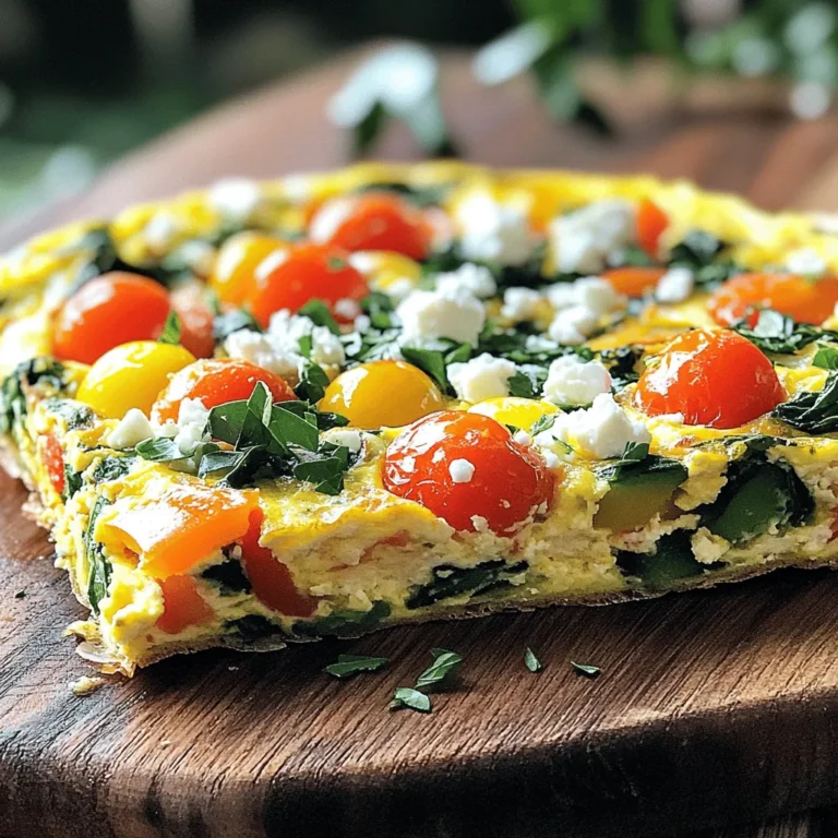 To make a fluffy vegetable frittata, you need these key items: - 6 large eggs - 1/4 cup milk (or plant-based milk) - 1 cup spinach, chopped - 1/2 cup bell peppers, diced (any color) - 1/2 cup cherry tomatoes, halved - 1/4 cup red onion, finely chopped - 1/2 cup zucchini, diced - 1/2 teaspoon garlic powder - 1/2 teaspoon salt - 1/4 teaspoon black pepper - 1/4 teaspoon paprika - 2 tablespoons olive oil You can enhance your frittata with these tasty options: - 1/4 cup feta cheese, crumbled - Fresh herbs like parsley or basil for garnish If you have special dietary needs, consider these swaps: - Use egg substitutes for a vegan option. - Choose almond or soy milk for a dairy-free frittata. - Swap zucchini with mushrooms or asparagus for different flavors. This list should help you gather your ingredients and customize your dish. Check out the Full Recipe to see how to bring it all together! First, gather your ingredients. You will need eggs, milk, and lots of fresh veggies. Chop the spinach, bell peppers, cherry tomatoes, red onion, and zucchini. This makes cooking easier. In a large bowl, whisk together the eggs and milk. Add garlic powder, salt, black pepper, and paprika. Mix until it is smooth and well combined. Set this bowl aside for later. Take an oven-safe skillet and heat it over medium heat. Pour in the olive oil and let it warm. Add the chopped red onion. Cook it for about 2-3 minutes until it softens. Next, toss in the bell peppers, zucchini, and spinach. Sauté these veggies for 3-4 minutes. They should be tender but not mushy. Now, pour your egg mixture over the sautéed veggies. Make sure it covers everything well. Sprinkle the halved cherry tomatoes and feta cheese on top if you like. Now, cook the frittata over low heat for about 5 minutes. Use a spatula to lift the edges gently. This helps the uncooked eggs move underneath. When the edges set but the center is still wobbly, it’s time to bake. Carefully transfer the skillet to your preheated oven. Bake for 10-15 minutes. Look for a lightly golden top and that the frittata is fully set. Once done, take it out and let it cool for a few minutes. Slice it into wedges and add fresh herbs for garnish. This makes a lovely dish to share. For the full recipe, check out the earlier section. To make your frittata fluffy, beat the eggs well. Whisk them until they are light and frothy. This air helps create a soft texture. Adding milk also adds moisture and helps the frittata rise. Cook the frittata on low heat before moving it to the oven. This gentle cooking helps keep the eggs from getting tough. Choose fresh vegetables for the best flavor. Spinach, bell peppers, and zucchini work great. Cut them into small pieces for even cooking. You can also mix in seasonal veggies for variety. Just be sure they are not too watery, or they may make the frittata soggy. Serve the frittata warm, cut into wedges. It looks lovely on a wooden board. Add fresh herbs for color and taste. Pair it with a side salad or crusty bread. This makes a balanced meal. You can also enjoy it with a light dressing for added zing. For a complete breakfast, serve it with fresh fruit or yogurt. {{image_2}} You can add meat for more protein. Ham, bacon, or sausage work well. Cut the meat into small pieces. Cook it in the skillet before adding vegetables. This gives a savory flavor. You can use leftover cooked meat too. Just make sure it’s heated through. Cheese adds a nice touch. Feta gives a tangy taste. Cheddar adds sharpness, while mozzarella adds creaminess. You can mix cheeses for even more flavor. Just sprinkle it on top of the egg mixture. The cheese will melt as it bakes, creating a delightful layer. Use fresh, seasonal veggies for the best taste. In spring, try asparagus or peas. Summer is great for fresh tomatoes and corn. Fall brings squash and kale. Winter is perfect for hearty greens like spinach or chard. Swapping vegetables keeps the frittata fun and exciting. It also helps you use what you have at home. To store leftover frittata, let it cool first. Then, slice it into wedges. Place the slices in an airtight container. This helps keep it fresh. You can store it in the fridge for up to three days. If you want to keep it longer, freezing is a great option. When you are ready to enjoy your frittata again, preheat your oven to 350°F (175°C). Place the frittata slices on a baking sheet. Cover them loosely with aluminum foil. This keeps them from drying out. Bake for about 10-15 minutes. You can also reheat it in the microwave. Heat it for 30 seconds at a time until warm. To freeze your frittata, wrap each slice in plastic wrap. Then, place the wrapped slices in a freezer bag. Label the bag with the date. You can freeze frittata for up to three months. When you want to eat it, thaw it overnight in the fridge. Then, reheat it using the oven or microwave. This way, you can enjoy a quick meal anytime! For the full recipe, check out the Fluffy Vegetable Frittata 🥦 section. You can use several options if you want to skip eggs. Common substitutes include: - Silken tofu: Blend it until smooth, using 1/4 cup for each egg. - Flaxseed meal: Mix 1 tablespoon of flaxseed with 2.5 tablespoons of water. Let it sit for five minutes. - Chia seeds: Use the same method as flaxseed meal, but with chia seeds. - Applesauce: Use 1/4 cup of unsweetened applesauce per egg. These substitutes work well in a frittata. They provide moisture and help bind the ingredients together. Yes, you can prepare the frittata in advance. Cook it, cool it, and store it in the fridge. It stays fresh for up to three days. You can also mix the veggies and eggs the night before. Just cook it in the morning for a quick breakfast. Your fluffy vegetable frittata will last for about three to four days in the fridge. Store it in an airtight container to keep it fresh. If you want to enjoy it later, freeze slices for up to three months. Just thaw and reheat before serving. We explored the essential ingredients and steps to make a delicious frittata. Optional flavors and dietary substitutions offer tasty choices. Tips helped me show you how to achieve that fluffy texture you want. Variations with meats and cheeses add new tastes. Storing and reheating methods ensure leftovers remain yummy. This frittata is more than just a meal; it's a canvas for your style and taste. Enjoy making it your own!