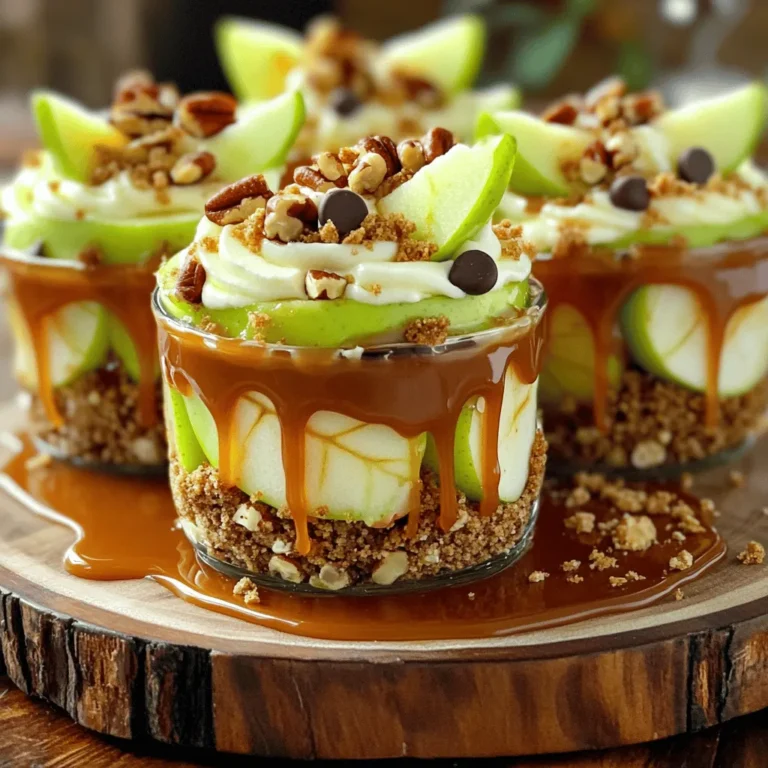 - 2 large apples (Granny Smith or Honeycrisp) - 1 cup caramel sauce - 1 cup cream cheese - 1/4 cup powdered sugar - 1 teaspoon vanilla extract - 1/2 teaspoon cinnamon - 1/2 cup chopped nuts - 1/2 cup mini chocolate chips (optional) - 1/4 cup graham cracker crumbs for garnish You can switch up the caramel sauce with chocolate sauce or a fruit dip if you want. For nuts, try pecans, walnuts, or almonds. If you need a cream cheese substitute, Greek yogurt works well and adds some tang. You can also use whipped cream for a lighter dip. These options let you put your spin on the recipe, making it fun and unique. You can adjust the flavors to fit your taste or the season. Don't be afraid to experiment! First, mix the cream cheese and sugar. In a bowl, add 1 cup of softened cream cheese. Then, add 1/4 cup of powdered sugar, 1 teaspoon of vanilla extract, and 1/2 teaspoon of cinnamon. Use an electric mixer to blend these ingredients. Mix until the blend is smooth and creamy. Next, layer the mixture into serving cups. Grab small cups or glasses for this step. Spoon a layer of the cream cheese mix into the bottom of each cup, filling them about one-third full. This layer sets the base for your delicious treat. Now, it’s time to add the caramel sauce and apple wedges. Drizzle about 1 cup of caramel sauce on top of the cream cheese layer in each cup. Place a few apple wedges on top of the caramel. Make sure some wedges stick out for a pretty look. Then, repeat the layers. Add more cream cheese mix, followed by another drizzle of caramel and more apple wedges. Keep layering until each cup is full, creating a beautiful dessert. Top each cup with chopped nuts and mini chocolate chips. Use 1/2 cup of chopped nuts like pecans or walnuts. If you like, sprinkle 1/2 cup of mini chocolate chips on top. This adds a tasty crunch and extra sweetness. Chill the cups in the fridge for at least 30 minutes. This time helps the flavors mix well and makes the dip set slightly. For a great presentation, serve the cups on a platter. Drizzle more caramel sauce around the base for a fancy touch. You can add apple slices on the side as a garnish. You can find the full recipe in the recipe section above. Enjoy this sweet and easy dessert! To make your caramel apple dip even better, consider using flavored cream cheese. You can find options like cinnamon or vanilla cream cheese at the store. These flavors add a fun twist. You can also mix in some spices. A pinch of nutmeg or a dash of allspice can bring warmth. If you want to go bold, try adding a few drops of almond or maple extract. These choices can really boost the taste. When making this dip, you can adjust the sweetness. If your kids prefer less sugar, cut back on the powdered sugar in the cream cheese mix. You can also use a sugar substitute if needed. For kids with nut allergies, feel free to skip the nuts. You can top the cups with extra chocolate chips or even colorful sprinkles instead. This makes it safe and fun for all kids. Pair these dip cups with drinks to make a fun snack time. A cold apple cider or a creamy vanilla milkshake goes great with this treat. For a unique look, try serving the dip in small jars or shot glasses. This adds a fun twist to your presentation. You can also stack the cups for a tower effect, making it a show-stopping dessert! {{image_2}} You can easily change this dessert for the season. For fall, try adding pumpkin spice to the cream cheese mix. Just a pinch or two will give a warm flavor that fits the season. In the summer, swap out the apples for fresh fruits. Strawberries or peaches add a sweet, juicy twist that everyone will love. This recipe works for various diets. For a gluten-free version, use gluten-free graham cracker crumbs. You can also make it vegan. Replace the cream cheese with a plant-based cream cheese. Use a vegan caramel sauce too. These changes keep the dessert tasty and suitable for more eaters. Make your Caramel Apple Dip Cups shine for special events. For Halloween, add spooky decorations. Use black and orange sprinkles or serve in themed cups. For holiday parties, consider using red and green toppings. This adds a festive touch that matches the season's spirit. To keep your caramel apple dip cups fresh, refrigerate them. Place the cups in an airtight container. This helps to lock in moisture and flavor. If you do not have a container, you can cover the cups with plastic wrap. This will also work well. Always store them in the fridge. They stay yummy for about 3 days. If you want to save some for later, you can freeze the dip. First, prepare the cream cheese mixture but skip adding the apples. Place the mixture in a freezer-safe container. Leave some space at the top, as it may expand. To serve later, thaw it in the fridge overnight. Once thawed, mix well and layer with fresh apple wedges. This way, you keep the apples crisp. These dip cups stay fresh for about 3 days in the fridge. Look for signs of spoilage like off smells or changes in texture. If the dip looks watery or has a strange color, it’s best to toss it. Always trust your senses. Keeping an eye on freshness helps you enjoy this treat at its best. To make homemade caramel sauce, you need sugar, butter, and cream. Start by heating 1 cup of sugar in a pot over medium heat. Stir it gently until it melts and turns a golden color. Then, add 6 tablespoons of butter and mix until smooth. Finally, remove it from heat and slowly add 1/2 cup of heavy cream. Stir to combine. Let it cool before using it in your dip cups. This sauce adds a rich flavor and pairs well with apples. Yes, you can make this dip ahead of time. Prepare the cream cheese mixture and layer it in cups. Cover them with plastic wrap and store them in the fridge. You can also cut the apples in advance. Just toss them in a bit of lemon juice to keep them fresh. Assemble the cups a few hours before serving. This way, the flavors will blend nicely. If your cream cheese isn’t blending well, try softening it more. Make sure it is at room temperature. If it's still lumpy, use a whisk or a fork to break it up. You can also add a splash of milk to help it mix. Blend until it reaches a smooth and creamy texture. This step is key for a perfect dip. Yes, you can use other fruits! Pears, strawberries, or bananas work well. Cut them into small pieces or wedges. Each fruit will give a unique taste. If you like berries, try adding raspberries or blueberries. They add a nice color and flavor to the dip cups. Feel free to mix and match fruits based on what you enjoy! This blog post covered a fun and easy apple dip recipe. We explored main ingredients like apples, caramel, and cream cheese. I shared step-by-step instructions for prep and assembly. Tips included ways to make it kid-friendly and seasonal twists. For a tasty dessert, this dip is a great choice. You can customize it with different flavors and dietary needs. Enjoy making it your own.