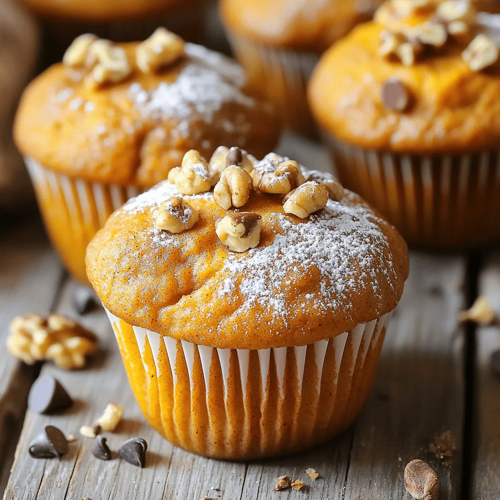 - 1 cup canned pumpkin puree - 1/2 cup vegetable oil - 1/2 cup brown sugar - 1/2 cup granulated sugar - 2 large eggs - 1 teaspoon vanilla extract - 1 1/2 cups all-purpose flour The base of these muffins starts with canned pumpkin puree. It gives the muffins their rich flavor and moist texture. The vegetable oil adds softness and helps the muffins rise. Brown sugar and granulated sugar bring sweetness to the mix. Eggs bind everything together, while vanilla extract adds a warm, inviting aroma. All-purpose flour is the main structure. - 1 teaspoon baking powder - 1 teaspoon baking soda - 1 teaspoon ground cinnamon - 1/2 teaspoon ground nutmeg - 1/4 teaspoon ground ginger - 1/4 teaspoon salt Next, we need some baking essentials. Baking powder and baking soda create the perfect lift. Cinnamon, nutmeg, and ginger add a cozy spice flavor. Salt balances all the sweet notes, enhancing the overall taste. - 1/2 cup chopped walnuts or pecans - 1/4 cup chocolate chips For a twist, consider optional add-ins. Chopped walnuts or pecans provide a crunch. Chocolate chips add a sweet surprise in every bite. Feel free to mix and match these add-ins based on your tastes. You can find the complete list and instructions in the [Full Recipe]. - Preheat oven to 350°F (175°C). - Line muffin tin with paper liners or grease. - In a big bowl, combine pumpkin puree, vegetable oil, brown sugar, and granulated sugar. - Whisk until smooth and creamy. - Add in the eggs one at a time, mixing well. Then add vanilla extract. - In a different bowl, whisk together flour, baking powder, baking soda, and spices. - Gradually mix into the pumpkin mixture. Stir gently to avoid overmixing. - If you want, fold in chopped walnuts or chocolate chips. - Scoop batter into muffin tin, filling each cup about 3/4 full. - Bake for 18-20 minutes. A toothpick should come out clean from the center. You can find the full recipe with detailed steps and additional tips for these tasty muffins. To make your muffins light and fluffy, avoid overmixing the batter. Mix just until you see no dry flour. This keeps the muffins tender. Use room temperature ingredients for better mixing. Cold eggs or oil can slow down the process. You can boost the flavor by adding spices like allspice or clove. A pinch adds warmth. For a bright twist, add zest from an orange or lemon. This gives a fresh taste and lifts the pumpkin flavor. Serve your muffins warm. A light dusting of powdered sugar makes them look special. You can also top them with cream cheese frosting for richness. Garnish with extra cinnamon or chopped nuts for a nice touch. These simple steps make a big difference in how your muffins look and taste. {{image_2}} To make these muffins gluten-free, simply replace all-purpose flour with a gluten-free flour blend. Most blends work well and give a nice texture. Look for one that contains xanthan gum, as it helps with structure. For a vegan option, swap the eggs for flaxseed meal or applesauce. Mix 1 tablespoon of flaxseed meal with 2.5 tablespoons of water to replace one egg. Use plant-based oils like coconut oil or vegetable oil. For sweeteners, choose sugars that are vegan-friendly, like brown sugar or maple syrup. You can add a teaspoon of vanilla extract for extra depth. Maple syrup also adds a sweet twist. If you want to mix things up, try incorporating dried fruits like cranberries or raisins. These fruits bring natural sweetness and a chewy texture to your muffins. Feel free to explore these variations to make the pumpkin muffins truly yours! For the full recipe, check out the main article. To keep your pumpkin muffins fresh, place them in an airtight container. Store them at room temperature for a few days. If you want them to last longer, put them in the fridge. This will help keep them moist and tasty. If you have extra muffins, freezing is a great option. Wrap each muffin tightly in plastic wrap. Then, wrap them again in foil. Finally, store them in freezer-safe bags. They can last for up to 3 months this way. Just label the bags so you remember when you made them! When you’re ready to enjoy a muffin, you can warm it up. Use the microwave for a quick heat. If you prefer the oven, preheat it to 350°F (175°C) and warm the muffin for 5-10 minutes. For an extra kick of flavor, sprinkle some cinnamon sugar on top before serving. You can use fresh pumpkin puree instead of canned. Here’s how: - Start with a small pumpkin. Cut it in half and remove the seeds. - Roast the pumpkin halves in the oven at 350°F (175°C) for about 45 minutes. - Scoop out the soft flesh and blend it until smooth. - Use this fresh puree in your recipe, just like you would use canned pumpkin. This fresh puree adds a nice flavor and is fun to make. Yes, you can use different types of sugar! Here are some options: - Coconut sugar gives a unique taste and is less processed. - Maple syrup adds a lovely sweetness and natural flavor. - Honey can work too, but use less since it is sweeter. Just adjust the amount to keep your muffins sweet but not too wet. Dense muffins can happen for a few reasons: - Overmixing the batter is a common cause. Mix until just combined. - Using too much flour can also make them heavy. Measure carefully. - Not enough leavening agents like baking powder can lead to density. To avoid this, follow the recipe closely and mix gently. You can check if your muffins are done with these tips: - Insert a toothpick into the center of a muffin. If it comes out clean, they are ready. - Look for a nice golden-brown color on top. - The muffins should spring back when lightly pressed. These simple checks help ensure perfect muffins every time. You can easily make mini pumpkin muffins! Just follow these steps: - Use a mini muffin tin instead of a regular one. - Fill each cup about halfway with batter. - Bake for about 10-12 minutes, checking for doneness with a toothpick. Mini muffins are great for snacks or parties, and they bake faster! For more detailed instructions and a full recipe, check the Full Recipe. In this blog post, we explored how to make delicious pumpkin muffins. We covered main ingredients, baking essentials, and optional add-ins. I shared step-by-step instructions to guide you through baking. You learned tips for the perfect texture and flavor variants. Don't forget to try out storage options for freshness! Now, you can enjoy these tasty muffins any time. Happy baking!