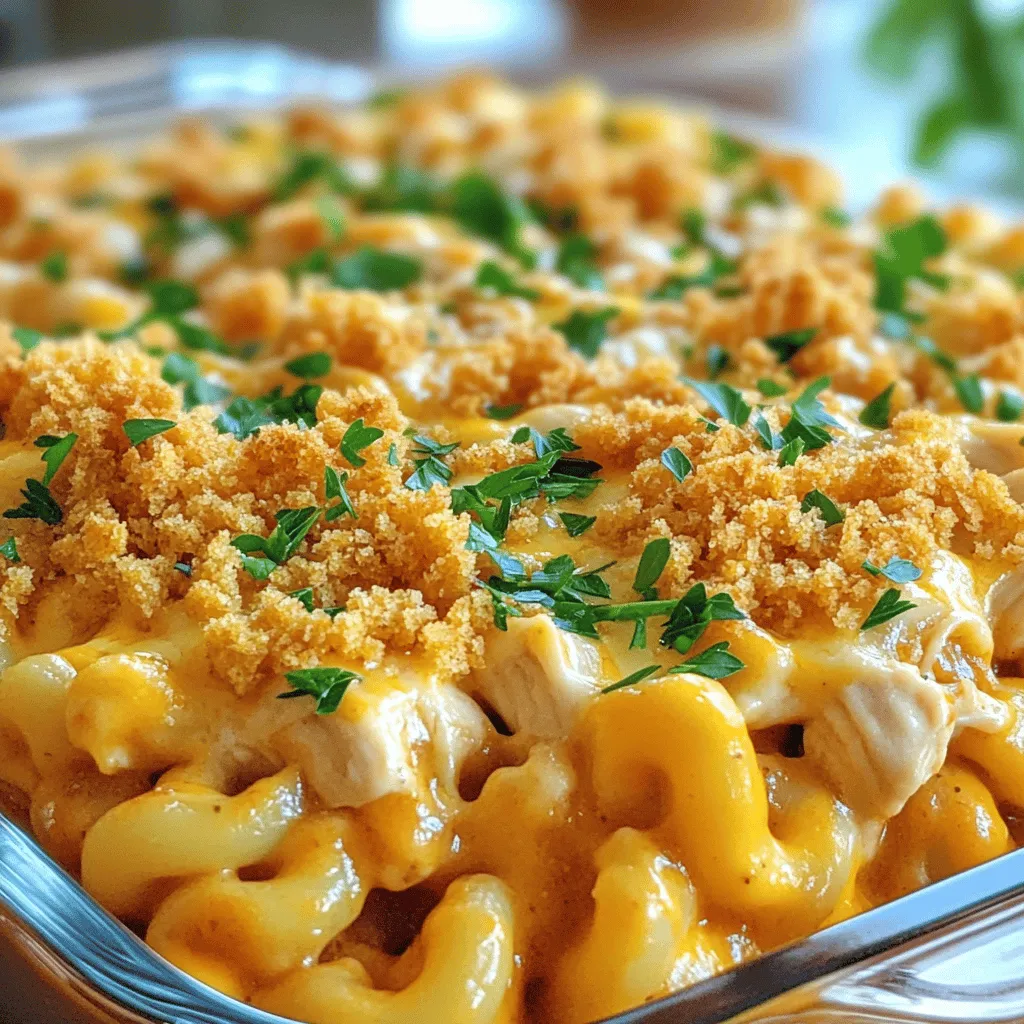 - 8 oz elbow macaroni - 2 cups cooked chicken, shredded - 1 cup barbecue sauce (homemade or store-bought) - 2 cups sharp cheddar cheese, shredded - 1 cup mozzarella cheese, shredded The main ingredients form the heart of this dish. Elbow macaroni holds the sauce well. Shredded chicken adds protein and flavor. The barbecue sauce gives it a sweet and smoky taste. Sharp cheddar and mozzarella make it creamy and cheesy. - 1 cup milk - 1/2 cup cream cheese, softened - 1 tablespoon olive oil - 1 teaspoon garlic powder - 1 teaspoon onion powder - Salt and pepper to taste - 1/2 cup breadcrumbs (for topping) - 1 tablespoon chopped fresh parsley (for garnish) The additional ingredients enhance the dish's flavor. Milk and cream cheese create a smooth sauce. Garlic and onion powder add depth. Salt and pepper bring out the taste. Breadcrumbs give a crunchy topping, while parsley adds a fresh touch. For the full recipe, you can refer to the [Full Recipe]. To start, boil a large pot of salted water. Add 8 oz of elbow macaroni. Cook it until it is al dente, which usually takes about 7-8 minutes. Drain the pasta and set it aside. This step is key for a perfect texture. Next, take 2 cups of cooked chicken that you have shredded. In a medium bowl, mix the chicken with 1 cup of barbecue sauce. Make sure the chicken is well coated. Set this mixture aside for later. This adds a flavorful punch. For the cheese sauce, heat 1 tablespoon of olive oil in a large saucepan over medium heat. Then, add 1 cup of milk and 1/2 cup of softened cream cheese. Stir this mix until the cream cheese melts completely. Now, gradually add 2 cups of shredded sharp cheddar cheese and 1 cup of shredded mozzarella cheese. Stir continuously until everything melts together into a creamy sauce. This is where the magic happens. Then, add 1 teaspoon of garlic powder, 1 teaspoon of onion powder, salt, and pepper to taste. Stir well to combine. This seasoning is vital for a tasty cheese base. Now, combine the cooked macaroni and BBQ chicken with your cheese sauce. Mix until everything is well blended. Pour this mixture into a greased 9x13 inch baking dish, spreading it evenly. For the topping, mix 1/2 cup of breadcrumbs with a little olive oil. Sprinkle this evenly over the mac and cheese. Preheat your oven to 350°F (175°C) and bake for 25-30 minutes. You want the top to be golden brown and crispy. After baking, let it cool for a few minutes. For a nice touch, garnish with 1 tablespoon of chopped fresh parsley before serving. This adds color and freshness. For the full recipe, check out the detailed instructions above. To make a creamy cheese sauce, start with a good base. Heat the milk and cream cheese gently. This helps them blend well. Stir constantly to avoid lumps. Add the shredded cheeses slowly. This keeps the sauce smooth. If your sauce is too thick, add a splash of milk. A pinch of salt boosts the flavor. Using leftover chicken is a smart move. Rotisserie chicken works great. Just shred it and mix with barbecue sauce. You can also use any grilled chicken. This saves time and adds flavor. If you have plain chicken, add more barbecue sauce for taste. Baking your mac and cheese gives it a nice finish. For a crispy top, bake until golden brown. This usually takes about 25-30 minutes at 350°F (175°C). If you want it extra crunchy, broil for a minute at the end. Keep an eye on it to avoid burning. Adjust the bake time for softer or crispier results. Try these tips for a perfect BBQ Chicken Mac and Cheese. For the full recipe, check the [Full Recipe]. {{image_2}} You can boost the taste of BBQ Chicken Mac and Cheese easily. Try adding spices like smoked paprika or cayenne pepper for extra kick. Different cheeses also work well. Swap sharp cheddar for gouda or pepper jack for a creamy twist. Each cheese brings its own flavor, enhancing the dish's richness. If you want to switch up the protein, pulled pork or beef work great too. Both add a smoky flavor. Pulled pork gives a tender bite, while beef can add heartiness. Just mix the protein with the BBQ sauce as you would with chicken. This change makes the dish fun and exciting. For a vegetarian twist, you can substitute the chicken with vegetables. Broccoli and mushrooms are tasty choices. They soak up the BBQ sauce well, adding texture and flavor. You can roast them first to deepen their taste. This way, everyone can enjoy a hearty meal, even those who don’t eat meat. For the complete recipe, check the [Full Recipe]. To keep your BBQ Chicken Mac and Cheese fresh, use airtight containers. Glass or plastic containers work well. Ensure they are clean and dry before adding food. You can also use aluminum foil for quick storage. This helps preserve flavors and texture. When it's time to enjoy leftovers, you have options. The microwave is quick and easy. Place a serving in a microwave-safe dish. Cover it with a damp paper towel to avoid drying out. Heat for 1-2 minutes, stirring halfway. For a crispier top, use an oven. Preheat it to 350°F (175°C). Place the mac and cheese in a baking dish. Cover with foil to keep it moist. Bake for about 15-20 minutes, then remove the foil for the last 5 minutes. If you want to store BBQ Chicken Mac and Cheese for longer, freezing is a great choice. First, let it cool completely. Then, transfer it to a freezer-safe container. Leave some space at the top, as it will expand. Seal tightly and label with the date. To thaw, place it in the fridge overnight. Reheat in the oven or microwave as mentioned before. Enjoy your meal even after a few weeks! For the full recipe, check out the detailed steps above. Yes, you can use gluten-free elbow macaroni. Many brands offer great options. Look for pasta made from rice or corn. They cook similarly to regular pasta. This way, you can enjoy BBQ Chicken Mac and Cheese with everyone. To add heat, try these ideas: - Mix in chopped jalapeños or green chilies. - Use a spicy barbecue sauce. - Sprinkle red pepper flakes into the cheese sauce. - Add a dash of hot sauce before serving. These changes will give your dish a nice kick. Pair your dish with these sides: - Fresh garden salad for crunch. - Steamed vegetables like broccoli or green beans. - Garlic bread for a tasty addition. - Coleslaw for a refreshing contrast. These sides balance the rich flavors of the mac and cheese. Enjoy your meal! This BBQ Chicken Mac and Cheese combines creamy cheese, tender chicken, and bold flavors. You learned about the main ingredients, from macaroni to sharp cheddar. I shared easy steps to prepare and bake your dish. You can enhance the taste with spices or swap proteins too. Proper storage tips ensure your leftovers stay fresh. This dish is flexible for various tastes and occasions. Enjoy cooking and sharing this comforting meal with loved ones!