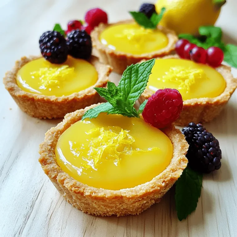 To make mini vegan lemon tarts, gather these fresh ingredients: - 1 cup almond flour - 2 tablespoons coconut oil, melted - 2 tablespoons maple syrup - 1/4 teaspoon salt - 1 cup cashews, soaked for at least 4 hours and drained - 1/2 cup coconut milk - 1/4 cup fresh lemon juice - 1/4 cup maple syrup (for filling) - 1 tablespoon lemon zest - 1 teaspoon vanilla extract - Fresh berries and mint leaves for garnish (optional) These ingredients work together to create a bright, zesty flavor in each bite. If you want to switch things up, you can try these alternatives: - Use oat flour instead of almond flour for a gluten-free crust. - Swap coconut oil for vegan butter if you prefer a different taste. - You can use agave syrup instead of maple syrup for sweetness. - Try silken tofu in place of cashews for a creamy filling. These alternatives keep the recipe vegan while offering unique flavors. Using high-quality ingredients makes a big difference in taste. Fresh lemons add brightness, while good cashews give a creamy texture. When you choose organic or local products, you enhance flavor and nutrition. Great ingredients lead to a great dish, so always opt for the best! This attention to detail helps you create mini vegan lemon tarts that are delightful and fresh. For the complete recipe, check out the Full Recipe section. To make the crust, you need to mix a few simple ingredients. Grab a mixing bowl. Combine 1 cup of almond flour, 2 tablespoons of melted coconut oil, 2 tablespoons of maple syrup, and a pinch of salt. Use a spatula or your hands to mix. Keep mixing until the dough feels soft and slightly sticky. Next, preheat your oven to 350°F (175°C). While it heats, prepare a mini muffin tin. Grease it with some non-stick spray or a bit of coconut oil for easy removal later. Once the oven is ready, press the dough evenly into each muffin cup. Make sure the dough covers the bottom well. When baking the crust, watch the clock closely. Bake for 10 to 12 minutes. You want the edges to turn a light golden color. If you see any browning, your crust is ready. After baking, take the tin out of the oven and let it cool completely. This cooling step is key. It helps the crust hold its shape when you add the filling. Now, it's time for the filling! Start with 1 cup of soaked cashews. Make sure they soaked for at least 4 hours and then drained. Add them to a blender along with 1/2 cup of coconut milk, 1/4 cup of fresh lemon juice, 1/4 cup of maple syrup for sweetness, 1 tablespoon of lemon zest, and 1 teaspoon of vanilla extract. Blend these together until the mixture becomes smooth and creamy. If you need to, stop the blender and scrape down the sides. This helps mix everything evenly. Once blended, your filling is ready to pour into the cooled crusts, following the [Full Recipe]. When baking vegan, use fresh ingredients. Fresh fruits and nuts add flavor. Measure ingredients carefully. Accurate measurements lead to better results. Always soak cashews for a smooth filling. This step is key for a creamy texture. Do not skip chilling the tarts. Skipping this step makes the filling runny. Avoid over-blending the filling. Over-blending can make it too thin. Also, ensure your oven is preheated. Baking in a cold oven can ruin the crust. To get a creamy filling, blend soaked cashews well. Add coconut milk slowly for the right consistency. Lemon juice adds tang, so measure it carefully. Adjust sweetness by adding more maple syrup if needed. Chill the tarts long enough for them to set. This will help the filling hold its shape. For the best results, follow the Full Recipe closely. {{image_2}} You can give your mini vegan lemon tarts a twist by adding herbs or spices. Fresh basil or mint can enhance the tart's flavor. Simply blend a few leaves into your filling. For a warm touch, try adding a pinch of ginger or cardamom. This can create a unique taste that surprises your guests. If you need a gluten-free crust, almond flour works great. You can also use oat flour or a gluten-free blend. Just follow the same steps in the recipe. These options will give you a delicious tart without the gluten. Make sure to check labels for any hidden gluten. To make the tarts nut-free, replace cashews with silken tofu. It will still give you a creamy texture. For sugar-free options, use a sugar substitute like monk fruit sweetener or stevia. Adjust the amount based on your taste. You can still enjoy these delightful tarts while meeting your dietary needs. Explore the [Full Recipe](#) for more details on making these tasty treats! To keep your mini vegan lemon tarts fresh, store them in the fridge. Place them in an airtight container. This will help them stay cool and tasty for longer. Make sure the tarts are fully chilled before putting them away. They can last up to five days in the fridge. If you want to keep the tarts longer, freezing is a great option. First, let the tarts cool completely. Then, wrap each tart in plastic wrap. After that, place them in a freezer-safe bag or container. This helps prevent freezer burn. You can freeze them for up to three months. When you want to eat them, thaw them in the fridge overnight. Mini vegan lemon tarts taste best within a few days. After five days, they might lose some flavor and texture. For the best experience, enjoy them fresh. If you have extra tarts, freezing is the way to go. This ensures you can savor their bright lemon flavor anytime. For the full recipe, check out the section above. Yes, you can make these tarts ahead of time. Once you prepare the tarts, chill them in your fridge. They taste great after a few hours or even the next day. This makes them a perfect dessert for parties or special meals. Just keep them covered to maintain freshness. If you can't use cashews, try silken tofu or sunflower seeds. Both can give a creamy texture. Soak the sunflower seeds for a few hours to soften them. Blend them with the other filling ingredients, just like you would with cashews. This swap keeps the tarts tasty and smooth. You know the tarts are ready when the filling feels firm to the touch. After chilling, gently press the center. If it holds its shape and doesn't jiggle, it's set. You can also check if the edges look firm. Let them cool completely before serving for the best taste. For more details, check the Full Recipe. You learned how to make mini vegan lemon tarts with great flavor and texture. We covered key ingredients and their quality. You now have the steps to prepare the crust and filling. I shared tips for baking and common mistakes to avoid. Plus, you saw variations for different diets and tastes. Lastly, you learned how to store these treats. Enjoy your baking journey and impress others with your delicious vegan tarts!
