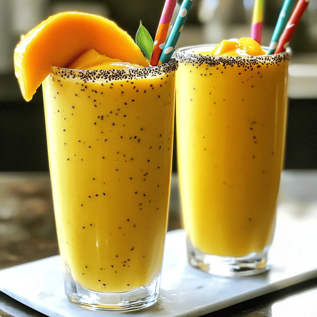 To make the Mango Bango Smoothie, gather these tasty ingredients: - 1 ripe mango, peeled and chopped - 1 banana, sliced - 1 cup coconut milk (or almond milk for a nut-free version) - 1 tablespoon honey (or maple syrup for a vegan option) - 1/2 cup Greek yogurt (or dairy-free yogurt) - 1/4 teaspoon ground ginger (fresh ginger for an extra kick) - 1 tablespoon chia seeds - Ice cubes (optional for a thicker texture) These ingredients provide a sweet, creamy taste. The mango and banana blend well, making the smoothie delicious and nutritious. You can use fresh or frozen fruit for your smoothie. Fresh fruits give a vibrant taste. They are great if you have ripe mangoes and bananas. However, frozen fruit works too. It gives a smooth texture and chills the drink. Frozen mangoes are also perfect for a quick smoothie. If you want a thicker texture, use frozen fruit. It makes everything cold and creamy. If you have specific dietary needs, don't worry! You can easily swap some ingredients. For example, use almond milk instead of coconut milk for a nut-free option. If you prefer a vegan smoothie, swap honey for maple syrup. You can also use dairy-free yogurt instead of Greek yogurt. This way, you can enjoy the Mango Bango Smoothie no matter your diet. Start by gathering all your ingredients. You need: - 1 ripe mango, peeled and chopped - 1 banana, sliced - 1 cup coconut milk (or almond milk for a nut-free version) - 1 tablespoon honey (or maple syrup for a vegan option) - 1/2 cup Greek yogurt (or dairy-free yogurt) - 1/4 teaspoon ground ginger (fresh ginger for an extra kick) - 1 tablespoon chia seeds - Ice cubes (optional for a thicker texture) First, slice the mango and banana. Make sure the mango is ripe. A ripe mango gives the smoothie great flavor. Next, measure out your coconut milk and yogurt. This mix creates a creamy base. Now it's time to blend! In a blender, add the mango, banana, coconut milk, and honey. This step is important for sweetness. Then, add the Greek yogurt and ground ginger. The ginger gives it a nice zing. Sprinkle in the chia seeds for added health benefits. If you want a colder drink, toss in some ice cubes. Blend everything on high speed until it's smooth. Stop to scrape down the sides if needed. After blending, taste the smoothie. If you want it sweeter, add more honey or maple syrup. Pour the smoothie into tall glasses. Leave some space at the top for fun toppings. You can garnish with chia seeds and a slice of mango on the rim of the glass. This makes it look fancy! For extra fun, use colorful straws. Enjoy your Mango Bango Smoothie! For the complete details, check the Full Recipe. To find the best mango, look for one with smooth skin. It should feel slightly soft when you press it. A ripe mango has a sweet smell near the stem. Avoid hard or overly soft mangos. Color can vary, so focus on feel and smell. You can boost the flavor with a few extras. Try adding a splash of lime juice. This gives a nice tartness. You might also mix in spinach for added greens. If you love spice, a pinch of cayenne pepper can add heat. Experiment with different flavors to make it your own! If your smoothie is too thick, add more coconut milk. Blend it again to mix well. For a thinner smoothie, just add ice or more liquid. If it's too sweet, add a bit of yogurt or lemon juice to balance it. These simple fixes can help you get it just right. {{image_2}} You can give your Mango Bango Smoothie a fun twist by adding other fruits. Pineapple adds a tropical vibe, while strawberries bring a sweet touch. You can also try kiwi for a zesty flavor. Just chop up the fruit and toss it into the blender with the mango and banana. This will make your smoothie even more delicious and colorful. Want to add more nutrition? Consider adding spinach or kale. These greens blend well and add vitamins without changing the taste. You can also try adding protein powder for an extra energy boost. Flaxseeds are another great option. They are high in fiber and blend easily in the smoothie. Just remember to keep the balance of flavors when adding these healthy extras. You can choose different types of milk to suit your needs. Coconut milk gives a creamy texture and a light coconut flavor. If you want a nut-free option, almond milk works great too. For those who prefer dairy, regular milk or yogurt can be used. Each type of milk will change the taste and texture slightly, so feel free to experiment and find what you like best! If you have leftover Mango Bango Smoothie, store it in the fridge. Use a sealed container for best results. It will stay fresh for up to 24 hours. After that, it might lose its texture and flavor. Shake or stir well before drinking again. Freezing is a great option if you want to save some smoothie for later. Pour the remaining smoothie into ice cube trays or freezer bags. This way, you can portion it out easily. When you're ready to drink it, just blend the frozen cubes with a splash of milk. It will be like a fresh smoothie again! Choose the right containers for storing smoothies. Glass jars with lids work well. They keep your smoothie fresh and are easy to clean. BPA-free plastic containers are another good choice. Make sure they seal tightly to avoid spills. Yes, you can make the Mango Bango Smoothie ahead of time. Just blend all the ingredients and store the smoothie in the fridge. Keep it in a sealed container for up to 24 hours. When you're ready to drink it, give it a quick stir or shake. The smoothie may separate a bit, but that's normal. If you need a substitute for coconut milk, try almond milk or oat milk. Both options work well and still keep the smoothie creamy. You can also use soy milk for a nut-free option. Each milk adds a different flavor, so choose one that you like best. To boost protein in your Mango Bango Smoothie, add a scoop of protein powder. You can also use more Greek yogurt or even cottage cheese. These options will keep the smoothie tasty while making it more filling. Add some nut butter too, for extra protein and healthy fats. Feel free to explore the [Full Recipe] for all the details you need! Making a Mango Bango Smoothie is easy and fun. You learned about key ingredients, from fresh mango to substitutes for diets. Step-by-step instructions showed how to prepare, blend, and serve. Tips helped you choose the best mango and fix common issues. You explored tasty variations by adding fruits and healthy boosters. Finally, we covered storage and answered popular questions. Enjoy making this smoothie your way, and sip on something delicious!