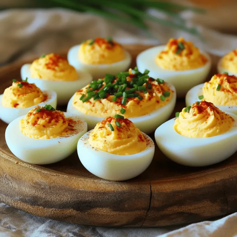 To make delicious Southern deviled eggs, you will need a few simple ingredients. Here’s the list: - 6 large eggs - 3 tablespoons mayonnaise - 1 tablespoon Dijon mustard - 1 teaspoon apple cider vinegar - 1/2 teaspoon smoked paprika - 1/4 teaspoon garlic powder - Salt and pepper to taste - 2 tablespoons sweet pickle relish - Fresh chives, chopped (for garnish) These ingredients work together to create a creamy and flavorful filling. The eggs serve as the perfect base, while mayonnaise adds richness. Dijon mustard gives a nice tang, and apple cider vinegar brightens the flavor. Smoked paprika adds a hint of warmth, while garlic powder gives depth. Sweet pickle relish introduces a bit of sweetness, making each bite delightful. Top it off with fresh chives for a pop of color and fresh taste. For the full recipe, check out the detailed instructions. To start, place the eggs in a saucepan. Cover them with cold water. Make sure the eggs are fully submerged. Next, bring the water to a boil over medium-high heat. Once boiling, cover the saucepan and remove it from heat. Let the eggs sit for 12 minutes. This method helps create a nice, firm egg. After 12 minutes, transfer the eggs to a bowl of ice water. Let them cool for about 5 minutes. The ice bath makes peeling easier. Once cool, gently crack the shells. Peel the eggs under cool running water. This trick helps to remove any stubborn bits of shell. Now, slice each egg in half lengthwise. Carefully remove the yolks and place them in a mixing bowl. Use a fork to mash the yolks until they are crumbly. Then, mix in the mayonnaise, Dijon mustard, apple cider vinegar, smoked paprika, garlic powder, salt, and pepper. Stir until you have a smooth and creamy mixture. Fold in the sweet pickle relish for a nice touch of sweetness. Finally, spoon or pipe the yolk mixture back into the egg whites. For a fun twist, you can use a pastry bag or a zip-top bag with a corner snipped off. To make great Southern deviled eggs, start with perfect boiling. I recommend boiling your eggs for exactly 12 minutes. This time is just right to cook them without overdoing it. After boiling, move them to an ice bath. This bath cools the eggs quickly and helps with peeling. Let them sit in the ice water for about 5 minutes. Southern cooking loves flavor. To give your deviled eggs a special twist, try adding unique spices. Smoked paprika gives a nice smoky taste. You can also add a pinch of cayenne for heat. Fresh herbs like dill or chives can brighten the dish. For a fun look, try garnishing with a slice of olive or a sprig of parsley. Presentation matters when serving deviled eggs. You can arrange them on a colorful platter for a beautiful display. For an added touch, place them in an egg carton. It gives a rustic feel! Serve them as part of a Southern meal. They pair well with fried chicken or barbecue dishes. Enjoy sharing your tasty creation with friends and family! For a detailed recipe, check out the Full Recipe. {{image_2}} Southern deviled eggs can have many fun twists. You can stick to the classic taste or mix things up. Here are some ideas: - Bacon and Cheddar: Add crispy bacon bits and sharp cheddar cheese for a savory kick. - Pickled Jalapeños: Spice things up with diced pickled jalapeños for a zesty flavor. - Cajun Seasoning: A dash of Cajun seasoning adds a unique Southern flair to the mix. Feel free to swap out traditional ingredients too. For example, try using Greek yogurt instead of mayonnaise for a tangy twist. You can even add a spoonful of horseradish for some heat. If you're looking for lighter options, there are easy changes you can make: - Low-Calorie Alternatives: Use low-fat mayonnaise or Greek yogurt. These cuts will keep the taste without the extra calories. - Vegan Adaptations: For a vegan version, use firm tofu or chickpea salad instead of eggs. Blend with vegan mayo and mustard for a creamy filling. These variations let everyone enjoy deviled eggs. You can find the full recipe and explore more delicious ideas to suit your taste! To keep your deviled eggs fresh, follow these tips: - Refrigeration: Always store deviled eggs in the fridge. They taste best cold. Keep them at a temperature of 40°F (4°C) or below. - Storage containers: Use a plastic or glass container with a lid. This prevents them from drying out. You can also cover the eggs with plastic wrap. This keeps the filling fresh and moist. - Can deviled eggs be frozen?: I do not recommend freezing deviled eggs. The texture changes when frozen. The egg whites can become rubbery, and the filling can separate. - How to prepare for freezing leftovers: If you have leftovers, store the filling separately. You can freeze the yolk mixture in an airtight container. When ready to eat, thaw in the fridge. Then, fill the egg whites just before serving. This keeps them fresh and tasty. How long can deviled eggs sit out? Deviled eggs can sit out for about two hours. After that, they may spoil. Keep them cold if they sit longer. What can I use instead of mayonnaise? You can use Greek yogurt or avocado instead of mayonnaise. Both add creaminess and flavor. Why are my deviled eggs watery? Watery deviled eggs can happen if you use too much mayonnaise. Try to add less or drain any excess liquid from your yolk mix. How can I make my yolk mixture creamier? To make your yolk mixture creamier, mix in more mayonnaise or yogurt. You can also blend the yolks longer until smooth. What's the best way to transport deviled eggs to a party? To transport deviled eggs, use a special egg carrier or a shallow dish. Keep them cool with ice packs in a cooler. Can I make deviled eggs in advance? Yes, you can make deviled eggs a day ahead. Just cover them and store them in the fridge. This makes them easy for parties. For the full recipe, check out the Southern Deviled Eggs section. In this post, we explored the key ingredients for deviled eggs and shared step-by-step instructions. I offered tips to perfect your cooking process and discussed fun variations to try. We also covered storage practices and answered common questions about making and serving Southern deviled eggs. Deviled eggs are simple yet delightful. With the right techniques, you can impress anyone at your next gathering. Enjoy experimenting with flavors and sharing your tasty results!