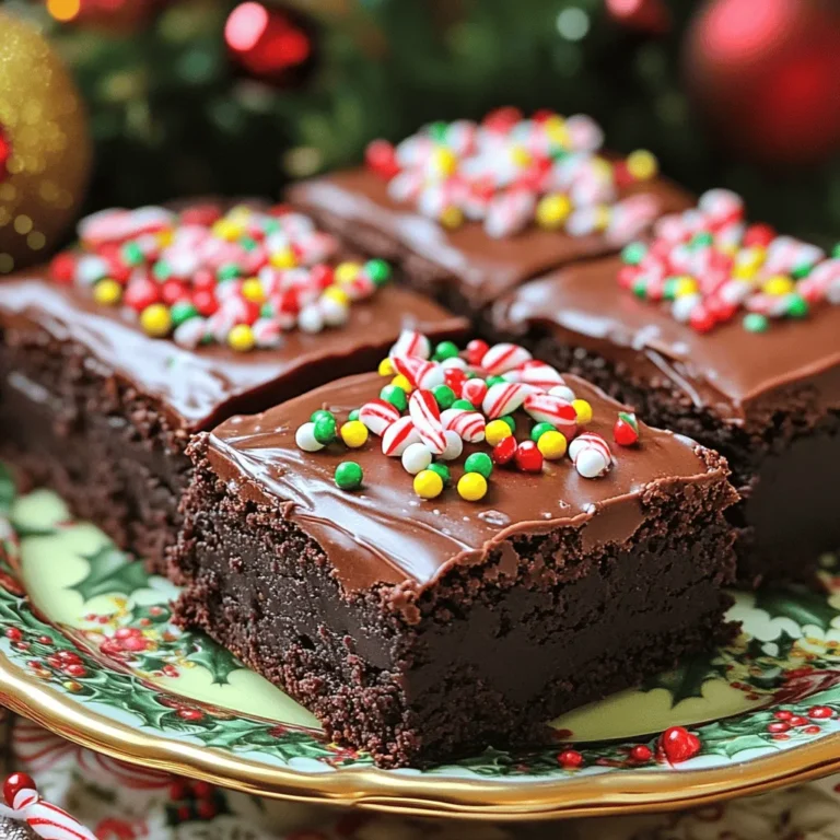 For the perfect batch of Frosted Christmas Brownies, gather these essentials: - 1 cup unsalted butter, melted - 2 cups granulated sugar - 4 large eggs - 1 teaspoon vanilla extract - 1 cup all-purpose flour - 1 cup cocoa powder - ½ teaspoon baking powder - ½ teaspoon salt - 1 cup semi-sweet chocolate chips These ingredients work together to create rich and fudgy brownies. The melted butter and sugar form a sweet base. Eggs add moisture and help bind everything. Vanilla extract gives a lovely aroma. Flour and cocoa provide the brownie structure, while baking powder gives a slight lift. Finally, chocolate chips add gooey bursts of chocolate throughout. You will also need a few simple items for the frosting: - 1 cup powdered sugar - 2 tablespoons unsweetened cocoa powder - 2 tablespoons milk - ½ teaspoon peppermint extract This frosting is creamy and smooth, with a hint of peppermint to spark the holiday spirit. The powdered sugar adds sweetness, while cocoa powder gives a rich chocolate flavor. Milk helps blend everything together, making it easy to spread on the brownies. To make your brownies festive, consider these toppings: - Sprinkles or crushed candy canes - Optional: Holiday-themed decorations Adding sprinkles or crushed candy canes gives a pop of color. It also adds a nice crunch. You can even use holiday-themed decorations for an extra festive touch. Just let your creativity shine! For the full recipe, check out the recipe section. 1. Preheat your oven to 350°F (175°C). Grease a 9x13 inch baking pan with butter or line it with parchment paper. This will help the brownies come out easily. 2. In a large bowl, combine 1 cup of melted butter and 2 cups of granulated sugar. Whisk them together until they blend well. 3. Add 4 large eggs to the mixture one at a time. Whisk after each egg until it is fully mixed. Stir in 1 teaspoon of vanilla extract for extra flavor. 1. In a separate bowl, blend together 1 cup of all-purpose flour, 1 cup of cocoa powder, ½ teaspoon of baking powder, and ½ teaspoon of salt. This mix adds structure and flavor. 2. Gradually mix the dry ingredients into the wet mixture. Stir gently until everything is combined. Do not overmix; it can make the brownies tough. 1. Fold in 1 cup of semi-sweet chocolate chips. This will add extra chocolatey goodness to your brownies. 2. Pour the brownie batter into the prepared pan. Use a spatula to spread it evenly. Bake for 25-30 minutes. Check with a toothpick; it should come out with a few moist crumbs. 3. Once baked, let the brownies cool completely in the pan on a wire rack. This step is key for nice, clean cuts later. 1. While the brownies cool, make your frosting. In a medium bowl, combine 1 cup of powdered sugar, 2 tablespoons of unsweetened cocoa powder, 2 tablespoons of milk, and ½ teaspoon of peppermint extract. 2. Mix everything together until smooth and creamy. This frosting adds a sweet and festive touch. 1. Make sure the brownies are completely cool before you frost them. This prevents the frosting from melting. 2. Spread the frosting evenly over the cooled brownies. Use a spatula for a smooth finish. 3. Top with festive sprinkles or crushed candy canes. This adds a fun holiday look to your treats. For the full recipe, check out the details provided above! Enjoy making these festive treats. To make moist brownies, focus on a few key steps. First, use fresh ingredients, especially eggs and butter. They help create a rich flavor and soft texture. Second, do not overmix your batter. Mix just until combined to keep the brownies tender. Overmixing can lead to tough brownies. Keep an eye on your bake time. Check your brownies a few minutes early. If a toothpick comes out with a few moist crumbs, they are ready. Overbaking dries them out, so trust your instincts! For a festive touch, get creative with your decorations. Use sprinkles or crushed candy canes for a pop of color. You can even mix them into the frosting for extra fun. If you want a twist, try using white chocolate frosting or a cream cheese frosting instead. Both pair well with the rich chocolate flavor. You can also use holiday-themed stencils to dust powdered sugar on top. This adds a nice touch without much work. Let your imagination run wild with toppings! When serving your frosted Christmas brownies, pair them with a scoop of vanilla ice cream. The cold ice cream contrasts nicely with the warm brownies. You may also serve them with a drizzle of chocolate sauce for added sweetness. For a pretty presentation, use a decorative platter. Add a few sprigs of mint or seasonal decorations. This simple touch makes your dessert look more festive and inviting. Enjoy your delicious creations with family and friends! For the full recipe, check the earlier section. {{image_2}} You can add nuts or different types of chocolate to your brownies. Walnuts or pecans give a nice crunch. Try using white chocolate chips for a fun twist. You can also mix in dark chocolate for a richer taste. For a festive touch, add spices like cinnamon or nutmeg. These warm flavors make your brownies taste like the holidays. Just a pinch can change everything. They add depth and warmth that everyone will love. If you need gluten-free options, substitute the all-purpose flour with almond flour or a gluten-free blend. This keeps the brownies soft and delicious. Just be sure to check that your chocolate chips are also gluten-free. For vegan brownies, replace the butter with coconut oil. You can use flax eggs instead of regular eggs. Mix one tablespoon of ground flaxseed with three tablespoons of water. Let it sit for five minutes until it thickens. This works great in baked goods and keeps them moist. Using seasonal cookie cutters makes fun shapes from your brownies. You can cut them into stars or trees for a festive look. Decorate with frosting and sprinkles for added color. For various holidays, customize your decorations. Use colored frosting for different themes. For Halloween, try orange and black sprinkles. For Easter, use pastel colors. This makes your brownies a festive treat for any occasion! For the full recipe, see the section above. To keep your frosted brownies fresh, store them properly. Wrap the brownies in plastic wrap or aluminum foil. This keeps the moisture in and the air out. Place them in an airtight container for added protection. If you want to enjoy them later, the fridge is a great choice. They can stay fresh for up to a week in the refrigerator. Want to save some for later? Freezing is a smart option. Cut the brownies into squares before freezing. Wrap each piece in plastic wrap tightly. Then, place them in a freezer bag. This way, they won’t stick together. Your frosted brownies can last up to three months in the freezer. When you're ready to enjoy them, take out the desired amount. Let them thaw in the fridge for a few hours or overnight. For a quicker thaw, leave them on the counter for about 30 minutes. Enjoy your tasty treat without losing any of that festive flavor. For more delicious details, check out the Full Recipe. Frosted brownies can last about 3 days at room temperature. Keep them in an airtight container. If you store them in the fridge, they can last up to a week. The cold helps keep them fresh and moist. Yes! You can have fun with many frosting types. Cream cheese frosting adds a tangy twist. A simple chocolate ganache is rich and smooth. You can also try a vanilla buttercream or a nutty frosting for a unique flavor. Brownies pair well with ice cream or whipped cream. Serve them warm with a scoop of vanilla ice cream. You can also add fresh berries for a fruity touch. For drinks, hot cocoa or coffee complements brownies perfectly. You can make these brownies a day or two ahead of time. Just bake them, cool, and frost. Store them in the fridge until you are ready to serve. This way, they stay fresh for your holiday gatherings. To cut brownies neatly, use a sharp knife. Dip the knife in hot water, wipe it off, and then cut. This method prevents messy edges. For even squares, mark where you will cut before slicing. Frosted Christmas brownies are a delicious holiday treat. This blog post covered essential ingredients, step-by-step instructions, and fun variations. Remember to adjust for dietary needs or get creative with decorations. Proper storage keeps them fresh longer. These tips will help you create perfect brownies for any occasion. Enjoy baking and share these treats with friends and family! You'll make sweet memories this holiday season.