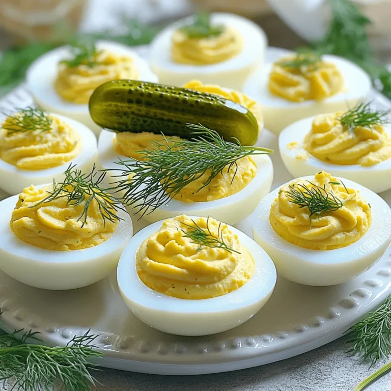 Here’s what you need to make these Dill Pickle Deviled Eggs with Hot Sauce. Each ingredient adds a special touch. Gather these items before you start: - 6 large eggs - 3 tablespoons mayonnaise - 2 tablespoons dill pickles, finely chopped - 1 teaspoon Dijon mustard - 1 teaspoon apple cider vinegar - 1 teaspoon hot sauce (adjust to taste) - Salt and pepper to taste - Fresh dill for garnish - Extra dill pickle slices for garnish These ingredients are simple but create a big flavor. The eggs form a solid base, while the mayo makes the mix creamy. Dill pickles bring a tangy crunch, and the hot sauce adds a zesty kick. You can change the hot sauce amount to fit your taste. I love using fresh dill for garnish. It looks nice and adds more flavor. For a fun twist, add extra dill pickle slices on top. This makes your dish pop with color and flavor. For more details, check the Full Recipe! To start, place your eggs in a large saucepan. Cover them with water, ensuring at least an inch of water is above the eggs. This prevents them from sticking to the pan. Heat the water over medium-high until it boils. Once boiling, cover the pan and remove it from heat. Let the eggs sit for 10-12 minutes for perfect hard-boiled eggs. After the eggs sit, it's time to cool them down. Transfer the eggs to an ice bath, which is a bowl filled with ice and water. Let them cool for 5-10 minutes. This makes peeling easier. When you peel, try doing it under cold running water. The water helps separate the shell from the egg. Now, slice each egg in half lengthwise. Gently scoop out the yolks into a mixing bowl. Use a fork to mash the yolks until they're crumbly. Add mayonnaise, chopped dill pickles, Dijon mustard, apple cider vinegar, and hot sauce to the yolks. Mix well until you achieve a smooth, creamy consistency. Taste and adjust the seasoning with salt and pepper. Next, it's time to fill the egg whites. You can either spoon the yolk mixture back in or use a piping bag for a neat look. If you want to garnish, a slice of dill pickle on top adds a nice touch. A sprinkle of fresh dill also makes it pop and look inviting. For the full recipe, check it out [here]. To change the heat in your deviled eggs, start with the hot sauce. If you want less heat, add less than one teaspoon. You can mix in more if you like it spicy. Try adding a pinch of cayenne or crushed red pepper for more kick. Always taste as you go to get it just right. For a richer taste, use fresh herbs like chives or parsley. They add a nice pop of color too. You can also swap dill pickles with spicy pickles or bread-and-butter pickles for a sweet twist. Each type of pickle brings its own flavor and character to the dish. To avoid green yolks, time is key. Boil your eggs for 10-12 minutes and then cool them fast. An ice bath helps stop cooking right away. This keeps the yolks bright yellow and creamy. When you peel eggs, do it under running water to make it easier. You’ll end up with perfect halves every time. {{image_2}} You can make a tasty vegan version of deviled eggs. Instead of eggs, use chickpeas. They mash well and add creaminess. For mayonnaise, try using vegan mayo or blended silken tofu. Here’s how you can make it: - 1 cup chickpeas, drained and rinsed - 3 tablespoons vegan mayo - 2 tablespoons finely chopped dill pickles - 1 teaspoon Dijon mustard - 1 teaspoon apple cider vinegar - 1 teaspoon hot sauce (adjust to taste) - Salt and pepper to taste This mix gives you that classic deviled egg flavor without any animal products. You can add a bit of turmeric for color too! Want to spice things up? There are many ways to add flavor to your deviled eggs. Try using sriracha or wasabi for a kick. Just mix a small amount into your filling. You can also play with toppings. Here are some fun ideas: - Crumbled bacon for crunch - Shredded cheese for creaminess - Chopped green onions for freshness These additions will make your deviled eggs even more exciting. For the full recipe, visit the link provided. To keep your Dill Pickle Deviled Eggs fresh, use an airtight container. Place a piece of plastic wrap directly on the eggs to reduce air exposure. Store them in the fridge at a temperature below 40°F. These eggs will stay good for up to three days. If you know you won't eat them all, it's best to fill only what you plan to serve. Deviled eggs are best served cold, so reheating is not recommended. If you want to enjoy them warm, do so gently. Place them in a warm oven for a few minutes, but be careful. You don't want the filling to dry out or lose its creamy texture. Always check for flavor before serving. These eggs shine when they are cool and fresh, just like in the Full Recipe. Yes, you can make these deviled eggs ahead of time. To prepare them in advance, follow these tips: - Hard boil the eggs a day before serving. - Keep the egg whites and yolk mixture separate until you're ready to serve. - Store the egg whites in an airtight container in the fridge. - Place the yolk mixture in another container. When it's time to serve, fill the egg whites with the yolk mix. This keeps the eggs fresh and tasty. If you don't have dill pickles, try these options: - Bread and butter pickles for a sweeter taste. - Sweet gherkins for a milder flavor. - Relish, which adds a similar texture. Each choice gives a different flavor, so pick one that suits your taste. Deviled eggs can last 3 to 5 days in the fridge. To keep them fresh: - Store them in an airtight container. - Place a damp paper towel over the eggs to prevent drying. - Always check for any off-smells before enjoying. Safety first! Yes, Dill Pickle Deviled Eggs are gluten-free! All the ingredients are safe for those avoiding gluten. Just double-check any brands of hot sauce or mayonnaise to confirm they are gluten-free. Enjoy this tasty dish without worry! This blog post shared a simple recipe for dill pickle deviled eggs. We covered the ingredients, step-by-step instructions, and handy tips. You learned how to adjust flavors and explore variations, like vegan options. Deviled eggs are fun and flexible. Make them your own with spices and herbs. Whether for parties or snacks, these eggs delight everyone. Keep practicing, and you’ll master this classic dish in no time!