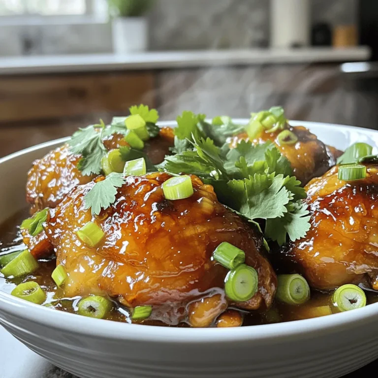 - 4 chicken thighs (boneless and skinless) - 1/4 cup soy sauce - 2 tablespoons honey - 3 cloves garlic, minced - 1 tablespoon fresh ginger, grated - 2 cups chicken broth - 1 cup water - Salt and pepper to taste To make Caramelized Soy Chicken with Ginger Broth, you need key ingredients. First, choose chicken thighs. They cook well and stay juicy. Next, grab soy sauce and honey. These two add rich flavor and sweetness. The garlic and ginger bring warmth and zest to the dish. For the broth, use chicken broth as the base. It adds depth. Mix it with water to balance flavors. Don’t forget to season with salt and pepper to taste. These simple ingredients work together to create a comforting meal. You can find the Full Recipe at the end of this article. First, prepare the marinade. In a mixing bowl, whisk together: - 1/4 cup soy sauce - 2 tablespoons honey - 1 tablespoon sesame oil - 3 cloves garlic, minced - 1 tablespoon fresh ginger, grated This mix creates a rich flavor. Next, place the chicken thighs in a resealable plastic bag. Pour the marinade over the chicken. Seal the bag and massage it gently. Let it marinate in the fridge. Aim for at least 30 minutes. For best results, marinate for up to 2 hours. This allows the flavors to soak in. Now, let's cook the chicken. Heat a bit of oil in a large skillet over medium-high heat. Remove the chicken from the marinade, but save the marinade for later. Place the chicken in the hot skillet. Cook for about 5-6 minutes on each side until golden brown. Make sure it's cooked through. Once done, take the chicken out and let it rest. To make the ginger broth, use the same skillet. Add back the reserved marinade along with: - 2 cups chicken broth - 1 cup water Bring this mixture to a boil. Then, reduce the heat to a simmer for about 5 minutes. This helps meld the flavors. Adjust the broth's taste with salt and pepper as needed. Slice the rested chicken and return it to the skillet. Let it simmer for another 2-3 minutes. This step helps the chicken absorb the broth’s taste. Serve the chicken in bowls and ladle the ginger broth over it. Garnish with sliced green onions and chopped cilantro. Enjoy! For a complete guide, check the Full Recipe. To make a great marinade, time is key. Marinate your chicken for at least 30 minutes. For the best flavor, aim for 2 hours. This gives the chicken time to soak in all the delicious tastes. To enhance flavor, add a pinch of salt or a splash of rice vinegar. This will balance the sweetness of the honey and the saltiness of the soy sauce. Searing chicken thighs is vital for great taste. Heat your skillet over medium-high heat before adding the chicken. This step creates a nice golden crust. Cook each side for 5-6 minutes. To check if chicken is done, use a meat thermometer. The internal temperature should reach 165°F. Presentation makes a meal pop. Serve the chicken sliced in bowls. Pour the ginger broth over it for a cozy feel. Garnish with green onions and cilantro for color. For sides, steamed rice or sautéed vegetables pair well. They soak up the broth and add texture. {{image_2}} To change things up, try using different proteins. You can use chicken breast instead of thighs. Pork or tofu are great swaps too. They work well with the marinade. For a vegan option, use tempeh or seitan. Both soak up flavors nicely. You can also use chickpeas for a hearty choice. They pair well with the broth. Want to add spice or heat? Try adding red pepper flakes or sriracha. A pinch can make a big difference. If you prefer a milder flavor, skip the heat. Incorporating vegetables is a smart choice too. Carrots, bell peppers, or snap peas add color and crunch. You can sauté them in the same skillet. This makes for a tasty and balanced meal. When it comes to serving, consider presentation. Bowls are great for family-style meals. They hold the broth and chicken nicely. If you want something fancy, plate the chicken with a drizzle of broth. This looks elegant and is fun to eat. For a refreshing option, serve it cold. Chill the broth and chicken. This can be a tasty summer dish. It’s light and packed with flavor. For the full recipe, check out the Caramelized Soy Chicken with Ginger Broth. To store leftovers, place the chicken and broth in an airtight container. Make sure it cools down first. This helps keep the flavors fresh. In the fridge, your leftovers last up to three days. Always check for any signs of spoilage before eating. If you want to freeze this dish, let it cool completely. Next, put the chicken and broth in a freezer-safe bag. Squeeze out as much air as possible before sealing. You can freeze it for up to three months. When you’re ready to enjoy it, thaw it in the fridge overnight. For reheating, warm it on the stove over low heat. Stir gently to keep the chicken tender. You can make this meal in advance for busy days. Marinate the chicken the night before for deeper flavors. Cook it and store it in the fridge. Portion it out for easy lunches or dinners. This way, you can enjoy a warm, tasty meal whenever you want. Yes, you can use chicken breasts instead of thighs. Chicken breasts are leaner but may dry out faster when cooking. If you opt for bone-in cuts, they stay juicy and flavorful. Just add a few extra minutes to the cooking time. If you need a soy sauce alternative, try coconut aminos. It's a bit sweeter and less salty. Another option is tamari, which is gluten-free. You can even use liquid aminos for a similar taste. To add heat, mix in some red pepper flakes or sriracha. You can also add fresh sliced chili peppers for a bold kick. Adjust the amount based on your heat preference. This post covered the key ingredients, steps, and tips for making a delicious chicken dish. You learned about marinating chicken thighs, enhancing flavors, and perfect cooking techniques. With variations and storage tips, you can adapt this recipe to suit your needs. Remember, cooking is all about experimenting. Adjust flavors and ingredients to create your own version. Enjoy the process, share your dish with friends, and make it memorable!
