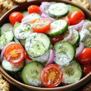 Here’s what you need to make a tasty creamy cucumber salad: - 2 large cucumbers, thinly sliced - 1 cup Greek yogurt - 1 tablespoon apple cider vinegar - 1 clove garlic, minced - 1 teaspoon dill, chopped (fresh or dried) - 1 tablespoon honey - Salt and pepper to taste - 1/4 red onion, thinly sliced - 1/4 cup cherry tomatoes, halved (optional for garnish) These simple ingredients come together to create a fresh and flavorful treat. Each one adds its own unique taste. For example, the Greek yogurt brings creaminess, while the apple cider vinegar adds a nice tang. The dill gives that herbaceous kick, perfect for summer. You can find the full recipe in the earlier sections, which guides you through each step to make this salad a hit. Enjoy this salad chilled as a side or a light meal. - Wash and slice cucumbers thinly. - Optional: Peel cucumbers for a lighter flavor. Start by picking fresh cucumbers. Rinse them under cool water. Thinly slice them for the best texture. If you want a milder taste, peel off the skin. This step is not necessary but can help if you prefer a lighter flavor. - Combine Greek yogurt, apple cider vinegar, minced garlic, dill, and honey in a mixing bowl. - Stir until the mixture is smooth and creamy. In a bowl, mix Greek yogurt with apple cider vinegar. Add minced garlic, dill, and honey. Use a whisk or spoon to blend it well. The goal is a smooth and creamy dressing. It should taste tangy and slightly sweet, perfect for the cucumbers. - Season the yogurt dressing with salt and pepper to taste. - Combine cucumbers and red onion in a large bowl, then pour the yogurt dressing over them. - Gently toss ingredients until cucumbers are well coated. Now, season your yogurt dressing with salt and pepper. Take a large bowl and add your cucumber slices and some sliced red onion. Pour the creamy yogurt dressing over the top. Gently toss the salad until every cucumber is coated. This salad looks great and tastes even better! For the full recipe, check out the details above. - Adjust honey or vinegar for your preferred sweetness and tanginess. - Add fresh herbs like mint or parsley for extra flavor. You can play with the dressing. If you like it sweeter, add more honey. If you want it tangy, add more vinegar. Fresh herbs elevate the taste, making it bright and lively. - Serve in a chilled bowl and garnish with fresh dill. - Optional: Include a side of whole grain crackers for crunch. A chilled bowl makes the salad look fresh and inviting. Fresh dill not only adds flavor but also looks pretty. Crackers give a nice crunch, making each bite fun. - Prepare salad ahead of time for easy serving. - Refrigerate for at least 30 minutes before serving for optimal flavor melding. Making the salad ahead of time saves stress. The flavors mix well when it sits in the fridge. Aim for at least 30 minutes of chilling for the best taste. Check out the Full Recipe for more details! {{image_2}} You can make your creamy cucumber salad even better by adding fresh herbs. Try using mint for a cool taste or parsley for a fresh kick. Both herbs bring a new flavor. You can also mix different herbs for a unique twist. A little basil or chives can make your salad special. Want to add more color and crunch? Toss in some bell peppers or carrots. They add a nice snap to every bite. If you want creaminess, mix in some avocado. The avocado will blend well with the yogurt dressing. If you want a vegan version, it's easy! Just swap Greek yogurt for a vegan yogurt alternative. This keeps the salad creamy without dairy. You can also use agave instead of honey to sweeten it up. This makes it sweet and still vegan-friendly. Explore these variations to find your perfect creamy cucumber salad! For the full recipe, check out the earlier section. Store leftovers in an airtight container in the refrigerator. This keeps the salad fresh and tasty. It’s best consumed within 2-3 days for optimal flavor. After that, the cucumbers may lose their crispness. Freezing this salad is not a good idea. Cucumbers change in texture when frozen. They become mushy and lose their crunch. Always use fresh ingredients for the best results. You can prepare the dressing ahead of time. This saves you time when you want to serve the salad. Slice the cucumbers just before serving to keep them crisp. Enjoy the fresh flavors with each bite! Generally lasts 2-3 days when stored properly. Keep it in an airtight container. This helps keep the flavors fresh. After a few days, it may lose some crunch. Yes, but Greek yogurt offers a thicker and creamier texture. This makes the salad richer and more satisfying. Regular yogurt may make the dressing thinner. If you prefer a lighter salad, regular yogurt works fine. It pairs well with grilled meats, as a side dish, or on its own for a light meal. Try it with chicken, fish, or steak. You can also enjoy it with whole grain crackers or bread. Yes, all ingredients are naturally gluten-free. This makes it a great option for those with gluten sensitivities. Enjoy this salad without worry. It’s fresh, tasty, and perfect for many diets. This blog post has shown you how to make a tasty creamy cucumber salad. You learned about the fresh ingredients and easy steps for preparing it. We covered some handy tips for adding flavors and different vegetable options. Remember, you can make it vegan or change the herbs to fit your taste. Keeping it fresh ensures every bite is crisp and delightful. With proper storage, your salad stays delicious for days. Enjoy creating this refreshing dish and experimenting with your favorite flavors!