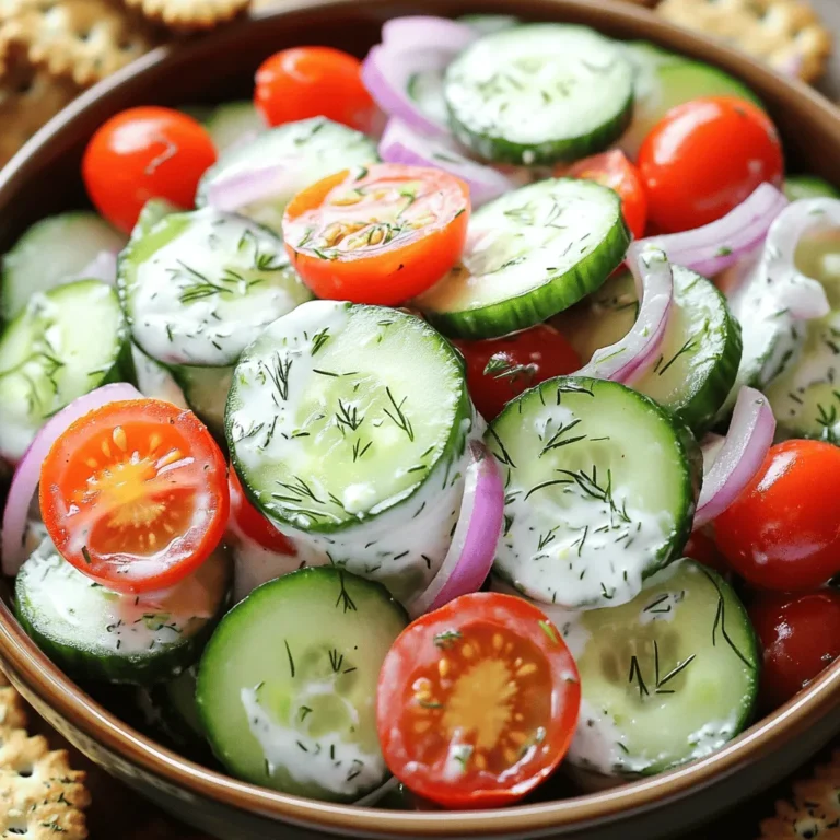 Here’s what you need to make a tasty creamy cucumber salad: - 2 large cucumbers, thinly sliced - 1 cup Greek yogurt - 1 tablespoon apple cider vinegar - 1 clove garlic, minced - 1 teaspoon dill, chopped (fresh or dried) - 1 tablespoon honey - Salt and pepper to taste - 1/4 red onion, thinly sliced - 1/4 cup cherry tomatoes, halved (optional for garnish) These simple ingredients come together to create a fresh and flavorful treat. Each one adds its own unique taste. For example, the Greek yogurt brings creaminess, while the apple cider vinegar adds a nice tang. The dill gives that herbaceous kick, perfect for summer. You can find the full recipe in the earlier sections, which guides you through each step to make this salad a hit. Enjoy this salad chilled as a side or a light meal. - Wash and slice cucumbers thinly. - Optional: Peel cucumbers for a lighter flavor. Start by picking fresh cucumbers. Rinse them under cool water. Thinly slice them for the best texture. If you want a milder taste, peel off the skin. This step is not necessary but can help if you prefer a lighter flavor. - Combine Greek yogurt, apple cider vinegar, minced garlic, dill, and honey in a mixing bowl. - Stir until the mixture is smooth and creamy. In a bowl, mix Greek yogurt with apple cider vinegar. Add minced garlic, dill, and honey. Use a whisk or spoon to blend it well. The goal is a smooth and creamy dressing. It should taste tangy and slightly sweet, perfect for the cucumbers. - Season the yogurt dressing with salt and pepper to taste. - Combine cucumbers and red onion in a large bowl, then pour the yogurt dressing over them. - Gently toss ingredients until cucumbers are well coated. Now, season your yogurt dressing with salt and pepper. Take a large bowl and add your cucumber slices and some sliced red onion. Pour the creamy yogurt dressing over the top. Gently toss the salad until every cucumber is coated. This salad looks great and tastes even better! For the full recipe, check out the details above. - Adjust honey or vinegar for your preferred sweetness and tanginess. - Add fresh herbs like mint or parsley for extra flavor. You can play with the dressing. If you like it sweeter, add more honey. If you want it tangy, add more vinegar. Fresh herbs elevate the taste, making it bright and lively. - Serve in a chilled bowl and garnish with fresh dill. - Optional: Include a side of whole grain crackers for crunch. A chilled bowl makes the salad look fresh and inviting. Fresh dill not only adds flavor but also looks pretty. Crackers give a nice crunch, making each bite fun. - Prepare salad ahead of time for easy serving. - Refrigerate for at least 30 minutes before serving for optimal flavor melding. Making the salad ahead of time saves stress. The flavors mix well when it sits in the fridge. Aim for at least 30 minutes of chilling for the best taste. Check out the Full Recipe for more details! {{image_2}} You can make your creamy cucumber salad even better by adding fresh herbs. Try using mint for a cool taste or parsley for a fresh kick. Both herbs bring a new flavor. You can also mix different herbs for a unique twist. A little basil or chives can make your salad special. Want to add more color and crunch? Toss in some bell peppers or carrots. They add a nice snap to every bite. If you want creaminess, mix in some avocado. The avocado will blend well with the yogurt dressing. If you want a vegan version, it's easy! Just swap Greek yogurt for a vegan yogurt alternative. This keeps the salad creamy without dairy. You can also use agave instead of honey to sweeten it up. This makes it sweet and still vegan-friendly. Explore these variations to find your perfect creamy cucumber salad! For the full recipe, check out the earlier section. Store leftovers in an airtight container in the refrigerator. This keeps the salad fresh and tasty. It’s best consumed within 2-3 days for optimal flavor. After that, the cucumbers may lose their crispness. Freezing this salad is not a good idea. Cucumbers change in texture when frozen. They become mushy and lose their crunch. Always use fresh ingredients for the best results. You can prepare the dressing ahead of time. This saves you time when you want to serve the salad. Slice the cucumbers just before serving to keep them crisp. Enjoy the fresh flavors with each bite! Generally lasts 2-3 days when stored properly. Keep it in an airtight container. This helps keep the flavors fresh. After a few days, it may lose some crunch. Yes, but Greek yogurt offers a thicker and creamier texture. This makes the salad richer and more satisfying. Regular yogurt may make the dressing thinner. If you prefer a lighter salad, regular yogurt works fine. It pairs well with grilled meats, as a side dish, or on its own for a light meal. Try it with chicken, fish, or steak. You can also enjoy it with whole grain crackers or bread. Yes, all ingredients are naturally gluten-free. This makes it a great option for those with gluten sensitivities. Enjoy this salad without worry. It’s fresh, tasty, and perfect for many diets. This blog post has shown you how to make a tasty creamy cucumber salad. You learned about the fresh ingredients and easy steps for preparing it. We covered some handy tips for adding flavors and different vegetable options. Remember, you can make it vegan or change the herbs to fit your taste. Keeping it fresh ensures every bite is crisp and delightful. With proper storage, your salad stays delicious for days. Enjoy creating this refreshing dish and experimenting with your favorite flavors!