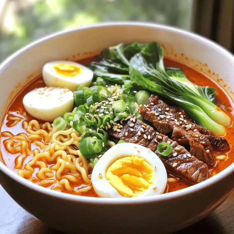 - 2 packs of instant ramen noodles - 200g beef sirloin, thinly sliced - 2 tablespoons gochujang (Korean chili paste) - 4 cups beef broth - 1 tablespoon soy sauce - 1 teaspoon sesame oil - 2 garlic cloves, minced - 1 teaspoon fresh ginger, grated - 1 cup bok choy or spinach - 2 boiled eggs, halved - 2 green onions, chopped (white and green parts separated) - Sesame seeds for garnishing The main ingredients create the base of this dish. Instant ramen noodles cook quickly and absorb flavors well. Beef sirloin gives a rich taste and tender texture. Gochujang adds heat and depth. Beef broth brings everything together with a savory foundation. Additional ingredients enhance the dish. Soy sauce adds umami. Sesame oil deepens flavor. Garlic and ginger provide warmth and aroma. Bok choy or spinach adds freshness and color. Garnishes elevate the presentation. Boiled eggs add creaminess. Green onions give a pop of color. Sesame seeds add crunch. Each component plays a role in making this dish a savory delight. For the complete recipe, check out the [Full Recipe]. - Marinating the beef: Start by slicing the beef sirloin thinly. In a bowl, mix the sliced beef with gochujang, soy sauce, sesame oil, and minced garlic. This blend adds deep flavor. Let the beef marinate for at least 20 minutes. This step is key for tenderness and taste. - Cooking the beef: Heat vegetable oil in a skillet over medium-high heat. Once hot, add the marinated beef. Cook for about 3-4 minutes until the beef is browned. Make sure not to overcrowd the pan. This helps the beef sear well and keeps it juicy. Set the cooked beef aside. - Heating the broth: In a large pot, pour in the beef broth. Heat it over medium heat until it reaches a gentle boil. This forms the base of your ramen. - Adding spices and ingredients: Once boiling, add grated ginger, the white parts of the chopped green onions, rice vinegar, and sugar. Stir everything well to blend the flavors. Let it simmer for a few minutes. This creates a warm, flavorful broth that complements the beef. - Following package instructions: Add the instant ramen noodles directly into the boiling broth. Cook them according to the package instructions, usually around 3-4 minutes. Stir gently to prevent sticking. - Adding vegetables: When the noodles are almost done, toss in the bok choy or spinach. Cook for an additional minute until they wilt. This adds color and nutrients to your dish. For the full recipe, refer to the previous section. Now, you're ready to enjoy a delightful bowl of Spicy Korean Ramen with Grilled Beef! To make your ramen sing, balance the spice with gochujang. This chili paste gives a rich, deep heat. Use two tablespoons for a nice kick. Adjust to your taste. Marinating the beef is key. It helps the flavors soak in. I recommend at least 20 minutes. This makes the beef tender and flavorful. Grilling beef requires care. Use high heat for a nice sear. Cook it for just 3-4 minutes. This keeps it juicy. Use a skillet with a bit of oil to avoid sticking. Next, for the noodles, follow the package instructions. Usually, it takes about 3-4 minutes. Stir gently to avoid clumping. Under-cooked noodles can be chewy, so watch closely. First, serve the ramen in deep bowls. This keeps the broth warm. Top with grilled beef and halved boiled eggs. Add sesame seeds for crunch and color. Chop the green onions finely. Sprinkle the green parts on top for a pop of freshness. This makes your dish look vibrant and inviting. For more details, check the Full Recipe. {{image_2}} You can customize your ramen by changing the meat. Swap beef for pork or chicken. Both options work well in this dish. You’ll still enjoy great flavor and texture. If you want a meat-free meal, try using tofu. Tofu soaks up flavors well and adds protein. Cut the tofu into cubes and pan-fry it until golden. If you want to make this dish less spicy for kids, use less gochujang. Start with just a teaspoon and taste. You can always add more later. For heat seekers, add extra gochujang or even chili flakes. Mixing in some Sriracha can kick up the heat too. You can enhance your ramen with different sauces and toppings. Try adding a splash of sesame sauce or chili oil for extra depth. Consider toppings like nori (seaweed), kimchi, or pickled radish. Mixing in fresh vegetables can bring more color and taste. Spinach, carrots, and mushrooms all work great in this dish. For the full recipe, check the section above. To keep your spicy Korean ramen fresh, use airtight containers. Store the ramen and beef separately. This method helps keep the noodles from getting mushy. Place them in the fridge right after serving. Your leftovers will last for about three days. When you are ready to eat, reheat your ramen on the stove. Add a little broth or water to keep it moist. Heat it over low to medium heat, stirring often. Avoid using the microwave. Microwaving can make the noodles soggy. Yes, you can freeze cooked ramen, but it’s best to freeze the broth and beef separately. For the noodles, undercook them slightly before freezing. This helps them hold up better when you reheat. Store each item in individual containers. Label them with the date. Enjoy your ramen within three months for the best taste. You can make Spicy Korean Ramen from scratch by using fresh ingredients. Start with the ramen noodles, beef, and broth. You will need to marinate the beef in gochujang, soy sauce, sesame oil, and garlic. Grilling the beef gives it a smoky flavor. For the broth, heat beef broth and add ginger, green onions, vinegar, and sugar. Then, cook the ramen noodles in the broth. When ready, mix in bok choy or spinach. You can find the full recipe in the article. Pair your ramen with tasty side dishes. Here are some great options: - Korean kimchi - Pickled vegetables - Seaweed salad - Steamed dumplings - Crispy tempura These sides add flavor and texture. They enhance the meal and make it more filling. Spicy Korean Ramen is not gluten-free due to traditional ramen noodles. However, you can make it gluten-free. Substitute instant ramen with gluten-free noodles. Use tamari instead of soy sauce for a gluten-free option. Check your gochujang for gluten-free labels. Always read the ingredient lists for any packaged foods. In this blog post, we explored how to make Spicy Korean Ramen with grilled beef. We covered the key ingredients, including gochujang, garlic, and beef. I shared step-by-step instructions on beef preparation, broth making, and noodle cooking. We also discussed tips for flavor, cooking techniques, and garnishing your dish. Remember, you can adapt this recipe to fit your taste. Enjoy experimenting with different proteins or spice levels, and don't hesitate to save leftovers. With practice, you’ll master this dish and impress anyone who tries it.
