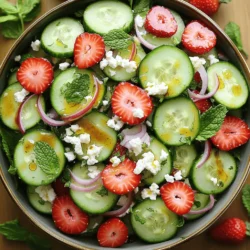 - 2 large cucumbers - 2 cups fresh strawberries - 1/4 red onion - 1/4 cup feta cheese - 1/4 cup fresh mint leaves - 2 tablespoons honey - 2 tablespoons balsamic vinegar - Salt and pepper to taste To make a Cucumber Strawberry Salad, you need fresh ingredients. Start with two large cucumbers. They should be firm and crisp for the best texture. Next, grab two cups of fresh strawberries. Look for bright red ones; they will taste sweet and juicy. You will also need a quarter of a red onion. Thinly slice it for a mild kick. Feta cheese adds creaminess, so get a quarter cup of crumbled feta. Lastly, use a quarter cup of fresh mint leaves. They will add a refreshing touch to your salad. For the pantry staples, gather two tablespoons of honey and two tablespoons of balsamic vinegar. These two items create a sweet and tangy dressing. Don’t forget salt and pepper to taste. These simple ingredients make this salad shine. For the full recipe, make sure to check the detailed instructions! Start with fresh ingredients. In a large bowl, combine the sliced cucumbers and strawberries. The sweet strawberries pair well with the cool cucumbers. Next, add the thinly sliced red onion. This adds a nice crunch and flavor. Then, sprinkle in the crumbled feta cheese. Its salty taste brings everything together beautifully. In a separate small bowl, whisk together honey and balsamic vinegar. The honey adds sweetness, while the vinegar gives a tangy kick. Make sure they mix well. This dressing will make the salad shine. Pour the honey-balsamic dressing over the cucumber and strawberry mixture. Gently toss all the ingredients together. Make sure everything gets coated with the dressing. Now, add the chopped mint leaves. Fold them into the salad carefully. Finally, season with salt and pepper to taste. Let the salad sit for about 10 minutes. This allows the flavors to meld perfectly. For the full recipe, check the ingredients and steps above! - Choosing ripe strawberries: Look for bright red color. Avoid berries with bruises or soft spots. The best strawberries smell sweet and have a shiny surface. - Selecting crisp cucumbers: Choose cucumbers that feel firm and heavy for their size. The skin should be dark green and smooth. Avoid cucumbers with soft spots or wrinkles. - Adjusting sweetness with honey: If your strawberries are a bit tart, add more honey. Start with a tablespoon and taste. You can always add more if needed. Honey brings a nice balance to the salad. - Using a variety of salts: Experiment with sea salt, Himalayan pink salt, or flaked salt. Each type adds a different flavor. A sprinkle can really enhance the dish. - Serving suggestions: Serve the salad in a large, colorful bowl. This makes it more appealing. You can also use small individual bowls for guests. - Garnishing ideas: Add extra mint leaves on top for a fresh look. You can also drizzle some balsamic vinegar around the edge of the plate. It adds a nice touch and makes it look gourmet. For the full recipe, check out the detailed instructions earlier in this article. Enjoy making this fresh and flavorful dish! {{image_2}} To make your cucumber strawberry salad more filling, add protein. Grilled chicken works great. It adds flavor and texture. Just slice it thin and mix it in. You can also try chickpeas. They are a good source of plant protein. Rinse canned chickpeas well before using. This adds a nice crunch. You can switch up the cheese for different tastes. Try goat cheese for a tangy kick. Or use mozzarella for a milder flavor. For dressings, consider citrus-based options. A lemon vinaigrette can brighten the salad. You can mix olive oil with lemon juice for a fresh taste. Change the fruits based on the season. In summer, add peaches or blueberries. In fall, try apples or pears. In winter, consider dried fruits like cranberries or raisins. These changes keep the salad exciting all year long. You can adapt for winter salads by using heartier greens as a base. Spinach or kale can work well with the same flavors. To keep your Cucumber Strawberry Salad fresh, store it in the fridge. Place it in an airtight container. This helps keep the salad from getting soggy. Use a glass or plastic container with a tight lid. Make sure to eat it within two days for the best taste. You can freeze some of the salad components. For example, cucumbers and strawberries can be frozen. However, the salad does not hold up well once mixed. If you want to freeze, store each ingredient separately. When frozen, cucumbers last about three months. Strawberries can last six to eight months. This salad is best served cold. To enjoy leftovers, take it out and let it sit. Allow it to warm slightly at room temperature for about five minutes. If the salad looks wilted, add a bit more mint or dressing. This refreshes the flavors and makes it taste great again. For serving, consider using a colorful bowl. It makes the dish look even more appealing! To keep cucumbers crisp, start by slicing them thinly. After cutting, sprinkle a bit of salt on the slices. This draws out excess water. Let them sit for about 10 minutes, then pat them dry with a paper towel. You can also chill the cucumbers before adding them to the salad. This adds a refreshing crunch. Yes, you can prep this salad a day before. To do this, chop the cucumbers and strawberries, and place them in a bowl. Keep the feta and mint separate until just before serving. This way, the salad stays fresh and tasty. You can mix the honey and balsamic vinegar dressing ahead too. Just store it in the fridge. If you need a substitute for feta cheese, try using goat cheese or ricotta. These options work well and add creaminess. For a dairy-free choice, consider using tofu or a nut-based cheese. These alternatives can give you similar flavors while meeting different dietary needs. Absolutely! This salad is great for meal prep. You can make it in bulk and store it in the fridge. Just remember to keep the dressing separate until you’re ready to eat. This helps the salad stay fresh longer. Pack it in containers for easy lunches throughout the week. For the full recipe, check out the complete guide above. This blog post walks you through creating a refreshing Cucumber Strawberry Salad. We covered fresh ingredients, pantry staples, and step-by-step instructions. You learned tips for storage, variations, and ways to enhance flavor. This salad is perfect for summer or any meal prep. Remember to pick ripe strawberries and crisp cucumbers for the best taste. Enjoy your salad and feel free to experiment with different ingredients!