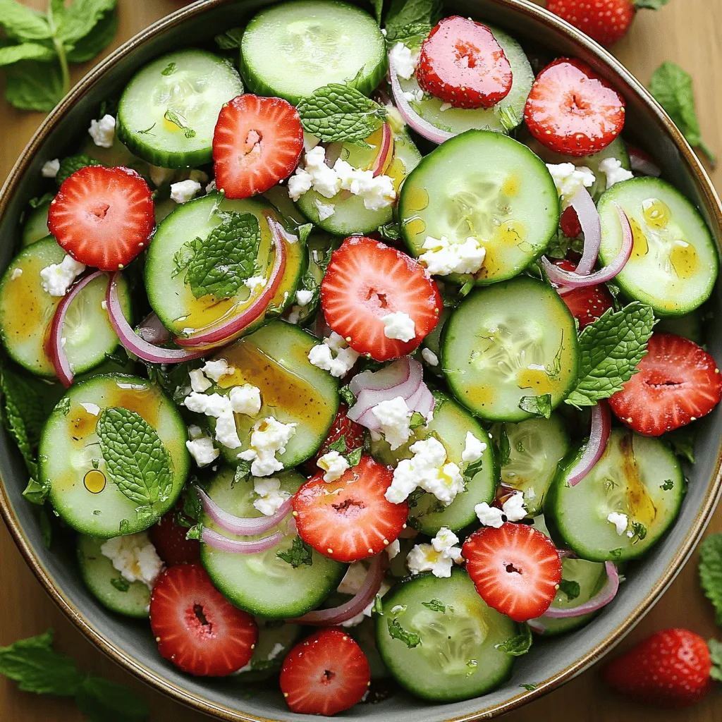 - 2 large cucumbers - 2 cups fresh strawberries - 1/4 red onion - 1/4 cup feta cheese - 1/4 cup fresh mint leaves - 2 tablespoons honey - 2 tablespoons balsamic vinegar - Salt and pepper to taste To make a Cucumber Strawberry Salad, you need fresh ingredients. Start with two large cucumbers. They should be firm and crisp for the best texture. Next, grab two cups of fresh strawberries. Look for bright red ones; they will taste sweet and juicy. You will also need a quarter of a red onion. Thinly slice it for a mild kick. Feta cheese adds creaminess, so get a quarter cup of crumbled feta. Lastly, use a quarter cup of fresh mint leaves. They will add a refreshing touch to your salad. For the pantry staples, gather two tablespoons of honey and two tablespoons of balsamic vinegar. These two items create a sweet and tangy dressing. Don’t forget salt and pepper to taste. These simple ingredients make this salad shine. For the full recipe, make sure to check the detailed instructions! Start with fresh ingredients. In a large bowl, combine the sliced cucumbers and strawberries. The sweet strawberries pair well with the cool cucumbers. Next, add the thinly sliced red onion. This adds a nice crunch and flavor. Then, sprinkle in the crumbled feta cheese. Its salty taste brings everything together beautifully. In a separate small bowl, whisk together honey and balsamic vinegar. The honey adds sweetness, while the vinegar gives a tangy kick. Make sure they mix well. This dressing will make the salad shine. Pour the honey-balsamic dressing over the cucumber and strawberry mixture. Gently toss all the ingredients together. Make sure everything gets coated with the dressing. Now, add the chopped mint leaves. Fold them into the salad carefully. Finally, season with salt and pepper to taste. Let the salad sit for about 10 minutes. This allows the flavors to meld perfectly. For the full recipe, check the ingredients and steps above! - Choosing ripe strawberries: Look for bright red color. Avoid berries with bruises or soft spots. The best strawberries smell sweet and have a shiny surface. - Selecting crisp cucumbers: Choose cucumbers that feel firm and heavy for their size. The skin should be dark green and smooth. Avoid cucumbers with soft spots or wrinkles. - Adjusting sweetness with honey: If your strawberries are a bit tart, add more honey. Start with a tablespoon and taste. You can always add more if needed. Honey brings a nice balance to the salad. - Using a variety of salts: Experiment with sea salt, Himalayan pink salt, or flaked salt. Each type adds a different flavor. A sprinkle can really enhance the dish. - Serving suggestions: Serve the salad in a large, colorful bowl. This makes it more appealing. You can also use small individual bowls for guests. - Garnishing ideas: Add extra mint leaves on top for a fresh look. You can also drizzle some balsamic vinegar around the edge of the plate. It adds a nice touch and makes it look gourmet. For the full recipe, check out the detailed instructions earlier in this article. Enjoy making this fresh and flavorful dish! {{image_2}} To make your cucumber strawberry salad more filling, add protein. Grilled chicken works great. It adds flavor and texture. Just slice it thin and mix it in. You can also try chickpeas. They are a good source of plant protein. Rinse canned chickpeas well before using. This adds a nice crunch. You can switch up the cheese for different tastes. Try goat cheese for a tangy kick. Or use mozzarella for a milder flavor. For dressings, consider citrus-based options. A lemon vinaigrette can brighten the salad. You can mix olive oil with lemon juice for a fresh taste. Change the fruits based on the season. In summer, add peaches or blueberries. In fall, try apples or pears. In winter, consider dried fruits like cranberries or raisins. These changes keep the salad exciting all year long. You can adapt for winter salads by using heartier greens as a base. Spinach or kale can work well with the same flavors. To keep your Cucumber Strawberry Salad fresh, store it in the fridge. Place it in an airtight container. This helps keep the salad from getting soggy. Use a glass or plastic container with a tight lid. Make sure to eat it within two days for the best taste. You can freeze some of the salad components. For example, cucumbers and strawberries can be frozen. However, the salad does not hold up well once mixed. If you want to freeze, store each ingredient separately. When frozen, cucumbers last about three months. Strawberries can last six to eight months. This salad is best served cold. To enjoy leftovers, take it out and let it sit. Allow it to warm slightly at room temperature for about five minutes. If the salad looks wilted, add a bit more mint or dressing. This refreshes the flavors and makes it taste great again. For serving, consider using a colorful bowl. It makes the dish look even more appealing! To keep cucumbers crisp, start by slicing them thinly. After cutting, sprinkle a bit of salt on the slices. This draws out excess water. Let them sit for about 10 minutes, then pat them dry with a paper towel. You can also chill the cucumbers before adding them to the salad. This adds a refreshing crunch. Yes, you can prep this salad a day before. To do this, chop the cucumbers and strawberries, and place them in a bowl. Keep the feta and mint separate until just before serving. This way, the salad stays fresh and tasty. You can mix the honey and balsamic vinegar dressing ahead too. Just store it in the fridge. If you need a substitute for feta cheese, try using goat cheese or ricotta. These options work well and add creaminess. For a dairy-free choice, consider using tofu or a nut-based cheese. These alternatives can give you similar flavors while meeting different dietary needs. Absolutely! This salad is great for meal prep. You can make it in bulk and store it in the fridge. Just remember to keep the dressing separate until you’re ready to eat. This helps the salad stay fresh longer. Pack it in containers for easy lunches throughout the week. For the full recipe, check out the complete guide above. This blog post walks you through creating a refreshing Cucumber Strawberry Salad. We covered fresh ingredients, pantry staples, and step-by-step instructions. You learned tips for storage, variations, and ways to enhance flavor. This salad is perfect for summer or any meal prep. Remember to pick ripe strawberries and crisp cucumbers for the best taste. Enjoy your salad and feel free to experiment with different ingredients!