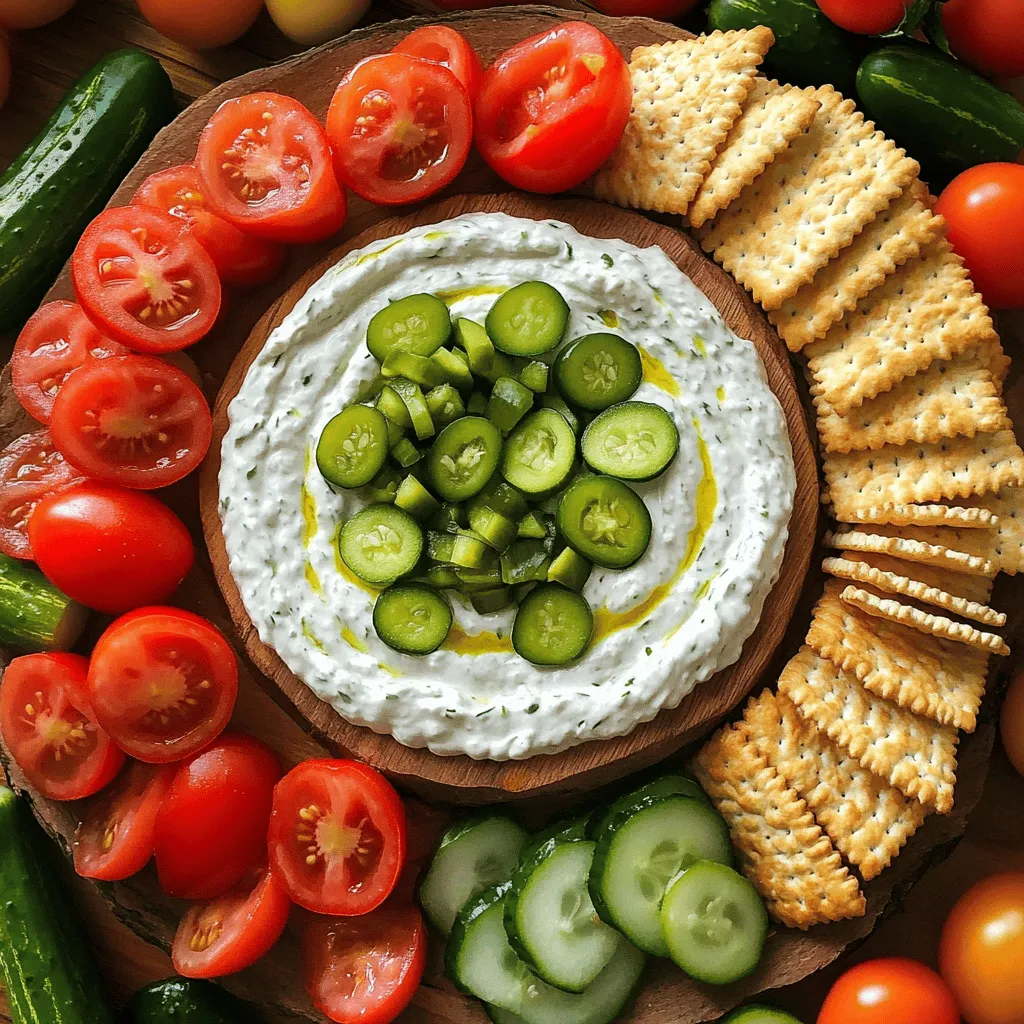 - 1 cup cream cheese, softened - 1/2 cup sour cream - 1/2 cup dill pickles, finely chopped - 1/4 cup pickled jalapeños, finely chopped The main ingredients bring creaminess and tang to the dip. Cream cheese is the base, giving a rich texture. Sour cream adds a slight tang that brightens the flavor. Dill pickles give crunch and a vinegar kick. Jalapeños offer heat, making the dip exciting. - 1 cup cherry tomatoes, halved - 1 cucumber, sliced - Assorted crackers and breadsticks for dipping Add-ons make your dip board fun and colorful. Cherry tomatoes add sweetness and vibrancy. Cucumber slices bring a fresh crunch that balances the dip's richness. Crackers and breadsticks provide various textures for dipping. Guests can mix and match to their heart's content. - 2 tablespoons honey - 1 tablespoon Dijon mustard - 1 teaspoon garlic powder - 1 teaspoon onion powder - Salt and pepper to taste Optional seasonings can elevate the dip. Honey adds sweetness, balancing the spice. Dijon mustard gives a unique tang that enhances flavor. Garlic and onion powders add depth and warmth. Salt and pepper help round out the taste. Adjust these to fit your palate and make the dip your own. For the full recipe, check out the Sweet and Spicy Pickle Dip Board. Enjoy crafting a delightful dip that will surely impress your guests! Mixing the Base Ingredients Start by gathering your ingredients. You will need softened cream cheese and sour cream. In a mixing bowl, combine 1 cup of cream cheese with 1/2 cup of sour cream. Mix them well using a hand mixer or spatula until the texture is smooth. This creamy base is the heart of your dip. Incorporating Pickles and Jalapeños Next, you’ll add the flavor! Chop up 1/2 cup of dill pickles and 1/4 cup of pickled jalapeños. Stir these into the cream cheese mixture. The pickles add crunch, while the jalapeños bring the heat. You can adjust the spice by adding more jalapeños if you like it hot. Seasoning the Dip Now it’s time to season. Add 2 tablespoons of honey, 1 tablespoon of Dijon mustard, 1 teaspoon of garlic powder, and 1 teaspoon of onion powder. Mix everything together until it’s well blended. Taste and add salt and pepper as needed. If you want it sweeter, add more honey. Transferring the Dip to the Serving Bowl Once your dip is ready, transfer it to a nice serving bowl. Place the bowl in the center of a large serving board or platter. This will be the star of your board. Arranging Fresh Vegetables Now, let’s add some fresh veggies. Halve some cherry tomatoes and slice a cucumber. Arrange the cherry tomatoes and cucumber around the bowl. This adds color and freshness. Plus, they are great for dipping! Placing Crackers and Breadsticks Finally, add an assortment of crackers and breadsticks around the dip. Make sure to use different shapes and sizes. This gives your board variety and makes it fun for guests to grab something to dip. Garnishing the Dip For a finishing touch, sprinkle some chopped pickles and jalapeños on top of the dip. This makes it look inviting and adds extra flavor. Choosing Colorful Crackers Use colorful crackers to contrast the green and yellow hues of the veggies. This pop of color makes your dip board visually appealing. Creating Visual Depth on the Board To create depth, stack some crackers and breadsticks in different places. This adds dimension and makes your board look full and festive. Follow these steps, and you will have a delicious Sweet and Spicy Pickle Dip Board that impresses your guests! For the complete recipe, refer to the [Full Recipe]. Adjusting Sweetness and Spiciness To get the right blend, taste as you go. Add more honey for sweetness or more jalapeños for spice. You can always add more, but it’s hard to take it out! Achieving the Right Consistency For a creamy dip, mix the cream cheese and sour cream well. If it's too thick, add a splash of pickle juice. This will keep it smooth and spreadable. Flavor Enhancements to Consider Want to kick it up a notch? Try adding a squeeze of fresh lemon juice. It brightens the dip and adds a nice zing. Fresh herbs like dill or chives can also bring more flavor. Pairing with Drinks This dip goes well with cold drinks. Try it with a light beer or a refreshing lemonade. Wine lovers can enjoy it with a crisp white wine. Ideal Serving Temperature Serve the dip cold or at room temp. It should be easy to scoop and creamy. Take it out of the fridge about 15 minutes before serving. Making it a Meal: Pair with Proteins You can turn this dip into a meal. Pair it with grilled chicken or shrimp. It also works well with sliced deli meats or a veggie platter. Themed Serving Boards Make your board fun! Use bright colors and different textures. Add some cheese or nuts to give it variety. Using Seasonal Elements Incorporate seasonal fruits or vegetables. In summer, add fresh berries. In fall, try some roasted squash for warmth. Creative Plating Techniques Use different bowls for the dip and veggies. Arrange them in a circle or a fun shape. This draws the eye and makes the board inviting. For the full recipe, check out the Sweet and Spicy Pickle Dip Board! {{image_2}} You can change the taste of your Sweet and Spicy Pickle Dip by adding different spices. Consider mixing in smoked paprika for warmth or a pinch of cayenne for more heat. These spices can lift the flavor and surprise your guests. Substituting ingredients can also create new flavors. For instance, swap out dill pickles for bread and butter pickles. This change adds a sweet touch. You can use Greek yogurt instead of sour cream for a tangy twist and extra protein. If you want vegan-friendly options, use vegan cream cheese and yogurt. The taste remains rich, while keeping it plant-based. You can also add avocado for creaminess. It will keep the dip creamy and delicious. For gluten-free pairings, choose gluten-free crackers or fresh veggies. Carrot sticks and bell pepper slices work well. They add crunch and color to your board. If you're looking for dairy-free alternatives, use cashew cream instead of cream cheese. This swap gives you the creamy texture without dairy. A splash of lemon juice can help brighten the flavor. Low-carb options are also easy to include. Use cucumber slices or radishes instead of breadsticks. These keep the dip light and fresh while staying low in carbs. Individual dipping cups are a fun way to serve the dip. Fill small cups with the dip and place them on a platter. This style allows guests to grab their own, making it easy and neat. For large party platters, make a big batch of dip. Set it in the center of a large board. Surround it with a variety of dippers: colorful crackers, fresh veggies, and fruits. This setup invites everyone to dig in. Themed event boards can add flair to your gathering. Create a picnic or barbecue theme by using checkered cloths and rustic bowls. You can even label each dip and its dippers for a fun touch. For the full recipe, check out the Sweet and Spicy Pickle Dip Board 🥒. Store any leftover dip in the fridge. Use a clean, airtight container to keep it fresh. It stays good for about three to five days. Always check for signs of spoilage before using. You can freeze the dip for longer storage. First, place it in a freezer-safe container. Leave some space at the top, as the dip will expand. Use it within three months for best taste. To thaw, move it to the fridge overnight. Stir well before serving, as freezing can change the texture. To keep your crackers fresh, store them in a cool, dry place. Use a sealed bag or container. For best taste, eat them within a week. Avoid leaving crackers out in the air, as they can get stale quickly. If you notice staleness, try toasting them lightly in the oven for a quick refresh. You can serve many tasty items with this dip. Recommended accompaniments include: - Fresh veggies like carrots, bell peppers, and celery. - Crunchy crackers, such as wheat or rice crackers. - Slices of baguette or breadsticks. - Tortilla chips for a fun twist. These pairings add texture and flavor. They also make your board look colorful and inviting. Yes, you can make this dip ahead of time. Making it in advance helps the flavors blend well. You can prepare it up to two days before your event. For storage, place the dip in an airtight container. Keep it in the fridge until you are ready to serve. This keeps it fresh and tasty. The heat level can vary based on how many jalapeños you use. If you want it milder, use fewer jalapeños. You can also remove the seeds for less heat. Understanding jalapeño varieties is key. Some are hotter than others. If you enjoy spice, opt for spicier varieties. If you prefer mild, choose milder options. Absolutely! You can explore different types of pickles for this recipe. Sweet pickles add a different flavor profile. Bread and butter pickles give a nice sweetness. Using various pickles impacts the overall taste. Experiment with dill pickles for a tangy kick. Feel free to mix and match to find your favorite blend. For the full recipe, check the detailed instructions above. This article covered how to make a tasty Sweet and Spicy Pickle Dip. We explored the main ingredients like cream cheese, dill pickles, and jalapeños. I shared step-by-step instructions for mixing, seasoning, and presenting the dip. You learned tips for perfecting the flavor and serving ideas. We also discussed variations and storage options to keep your dip fresh. Now, you have everything you need to enjoy this dip at your next gathering. Have fun mixing, sharing, and savoring this delicious treat!