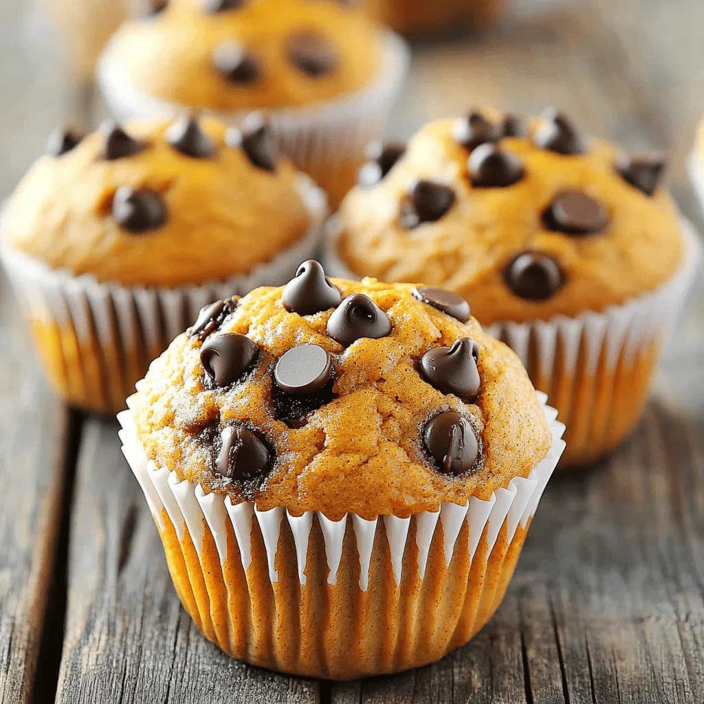 - 1 cup pure pumpkin puree - 1/2 cup brown sugar - 1/4 cup granulated sugar - 2 large eggs - 1/4 cup vegetable oil These main ingredients bring rich flavor and moisture to our muffins. Pumpkin puree makes the muffins soft and adds a lovely orange hue. The brown sugar gives a deep sweetness, while the granulated sugar balances it out. Eggs help bind everything together, while oil keeps them moist. - 1 1/2 cups all-purpose flour - 1 teaspoon baking powder - 1/2 teaspoon baking soda - 1/2 teaspoon cinnamon - 1/4 teaspoon nutmeg - 1/4 teaspoon ginger - 1/4 teaspoon salt The dry ingredients are key to the muffins’ texture. All-purpose flour forms the base for structure. Baking powder and baking soda make the muffins rise and stay fluffy. Spices like cinnamon, nutmeg, and ginger add warmth and flavor, while salt enhances the sweetness. - 1 cup semi-sweet chocolate chips Chocolate chips are the star of these muffins. They melt slightly during baking, creating pockets of gooey goodness. Each bite bursts with rich chocolate flavor, making these muffins a treat. You’ll love how the chocolate pairs with the pumpkin spices. For the full recipe, check out the details above. 1. Preheating the oven: Start by preheating your oven to 350°F (175°C). This step warms your oven and helps the muffins rise well. 2. Mixing wet ingredients: In a large bowl, whisk together 1 cup of pumpkin puree, 1/2 cup of brown sugar, 1/4 cup of granulated sugar, 2 large eggs, 1/4 cup of vegetable oil, and 1 teaspoon of vanilla extract. Mix until smooth and well blended. 3. Combining dry ingredients: In a separate bowl, sift together 1 1/2 cups of all-purpose flour, 1 teaspoon of baking powder, 1/2 teaspoon of baking soda, 1/2 teaspoon of cinnamon, 1/4 teaspoon of nutmeg, 1/4 teaspoon of ginger, and 1/4 teaspoon of salt. This helps mix the dry items evenly. 1. Folding in chocolate chips: Gradually add the dry mix to the wet mix. Stir gently until just combined. It’s okay if there are small lumps. Then, fold in 1 cup of semi-sweet chocolate chips to distribute them throughout the batter. 2. Filling muffin cups: Line a muffin tin with paper liners or grease it lightly. Divide the batter evenly among the muffin cups, filling each about 2/3 full. This gives them room to rise. 3. Baking time and temperature: Place the muffin tin in the preheated oven. Bake for 18-20 minutes. Check if they are done by inserting a toothpick in the center. If it comes out clean, your muffins are ready! 1. Cooling in the pan: After baking, let the muffins cool in the pan for about 5 minutes. This helps them set before moving. 2. Transferring to a wire rack: Carefully transfer the muffins to a wire rack to cool completely. This prevents sogginess and keeps them fluffy. 3. Serving suggestions: Serve warm or at room temperature. These muffins pair great with a cup of coffee or tea. They make a tasty breakfast or snack. For the full recipe, check out the [Full Recipe]. To ensure your muffins rise properly, always preheat your oven. A hot oven helps the muffins rise quickly. Use fresh baking powder and baking soda for best results. These ingredients give the muffins lift. Avoiding overmixing is key to soft muffins. When you mix, do it gently. Mix until the dry ingredients are just combined with the wet ones. A few lumps in the batter are just fine. You can enhance the flavor of your muffins in simple ways. Adding nuts like walnuts or pecans gives a nice crunch. Dried fruits like cranberries or raisins add sweetness. Using different types of chocolate can change things up. Try dark chocolate chips for a richer taste. You can even mix semi-sweet with milk chocolate for fun flavor twists. For the best muffins, use a non-stick muffin tin. Silicone muffin tins work great too. They make it easy to pop out the muffins. Choose paper liners that fit your muffin tin well. This will help keep the muffins moist and easy to serve. For mixing and measuring, a large mixing bowl is best. A whisk helps mix wet ingredients smoothly. Use a spatula to gently fold in the dry ingredients and chocolate chips. For the full recipe, check out the details above and enjoy your baking! {{image_2}} If you need a gluten-free option, you can use gluten-free flour. Many brands offer great blends. Just swap the all-purpose flour with a gluten-free mix. Ensure the mix has xanthan gum for good texture. This helps your muffins stay moist and fluffy. For a dairy-free version, you can use almond milk or oat milk. These alternatives work well in this recipe. You can also replace the vegetable oil with coconut oil or avocado oil. Both will add a nice flavor. You can add cranberries or apples for a fun twist. These fruits bring a sweet-tart flavor that pairs well with pumpkin. You might also adjust the spices. Try adding more cinnamon in fall or a hint of nutmeg in winter. This keeps your muffins exciting all year round. Check out the Full Recipe for more details on making these delicious muffins! To keep your pumpkin chocolate chip muffins fresh, use an airtight container. This helps lock in moisture and flavor. Store them at room temperature for up to three days. If you want them to last longer, refrigerate them. Just remember to let them cool completely before you store them. Freezing muffins is a smart way to save them for later. First, wrap each muffin in plastic wrap. Then, put the wrapped muffins in a freezer bag. Remove as much air as you can. They stay fresh for about three months in the freezer. When you want one, just take it out and let it thaw at room temperature. To enjoy your muffins warm, use an oven or microwave. For the oven, preheat it to 350°F (175°C). Place the muffins on a baking sheet and heat for about 10 minutes. If you use a microwave, heat one muffin for about 15-20 seconds. This warms it up and keeps it moist. Enjoy your muffins just like they came out of the oven! To check if the muffins are done, use a toothpick. Insert it into the center of a muffin. If it comes out clean, the muffins are ready. If it has batter on it, bake for a few more minutes. This simple test helps avoid undercooked muffins. Yes, you can make this recipe ahead of time. Mix the batter and store it in the fridge for up to 24 hours. This makes baking fresh muffins easy. You can also bake the muffins ahead. Store them in an airtight container for about three days. For longer storage, freeze them. Just let them cool completely before freezing. Absolutely! You can substitute ingredients for allergies or preferences. Use gluten-free flour if you need a gluten-free option. You can also replace eggs with mashed bananas or applesauce for a vegan choice. For the sugars, coconut sugar works well too. Explore these options to make the muffins fit your needs. Check the Full Recipe for more details. You now have all the tools to bake delicious muffins. You learned about key ingredients, how to mix them, and the baking process. Remember to explore fun twists, like adding nuts or using gluten-free options. Don’t forget proper storage to keep your muffins fresh. Whether you enjoy them right away or save them for later, these muffins are sure to please. Simple tricks can elevate your baking and flavor. Enjoy your baking journey!