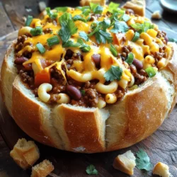 The Tailgate Chili Mac Bread Bowl is a fun dish perfect for game day. It combines creamy chili mac with warm, crusty bread. You will love how easy it is to make and serve. This dish feeds four to six people, making it great for sharing. You will need the following ingredients for the Tailgate Chili Mac Bread Bowl: - 1 large round sourdough bread loaf - 2 cups elbow macaroni - 1 lb ground beef or turkey - 1 can (15 oz) chili beans, drained and rinsed - 1 can (14 oz) diced tomatoes with green chilies - 1 cup shredded cheddar cheese - 1 small onion, chopped - 2 cloves garlic, minced - 1 tablespoon chili powder - 1 teaspoon cumin - 1 teaspoon paprika - Salt and pepper to taste - Chopped green onions and cilantro for garnish You can make this dish your own with some fun add-ins! Try these options: - Swap the ground beef for chicken or plant-based protein. - Use gluten-free elbow macaroni for a gluten-free version. - Add bell peppers or corn for extra flavor and color. - For a spicy kick, add jalapeños or hot sauce. Feel free to mix and match ingredients to suit your taste. The Full Recipe has all the steps to guide you through. 1. Preheat your oven to 350°F (175°C). This step warms the oven for the bread bowl. 2. Cut the top off the sourdough bread loaf. Hollow out the inside, leaving a thick wall. Keep the bread pieces for later. 3. Cook the elbow macaroni in a large pot. Follow the package instructions until it is al dente. Drain and set it aside. 1. Heat a skillet over medium heat. Add ground beef or turkey. Cook until it is browned, which takes about 5-7 minutes. 2. Drain any excess fat. This step keeps the dish from being greasy. 3. Add chopped onion and minced garlic to the skillet. Sauté until the onion turns translucent, which should take around 3-4 minutes. 4. Stir in chili beans, diced tomatoes, cooked macaroni, chili powder, cumin, paprika, salt, and pepper. Mix it all well and let it simmer for 5 minutes. 5. Remove from heat. Stir in half of the shredded cheese until it melts and combines with the mixture. 1. Spoon the chili mac mixture into the hollowed-out bread bowl. Fill it until it overflows slightly. 2. Top with the remaining cheese. This will create a nice cheesy crust. 3. Place the bread bowl on a baking sheet. Bake it in the oven for 20-25 minutes. Look for melted, bubbly cheese and slightly toasted bread. 4. Carefully remove it from the oven. Let it cool for a few minutes before slicing to serve. For the full recipe, check the above section. This meal is perfect for game day! To make the best chili mac, focus on quality meat. Choose fresh ground beef or turkey. You can even mix both for a rich taste. Use a sturdy pot for cooking. This will help blend flavors well. For extra flavor, let the mix simmer longer. This step makes a big difference. Taste as you go to adjust spices. The right balance of chili powder and cumin is key. A great presentation makes your dish pop. Serve your bread bowl on a large wooden board. Place the reserved bread pieces around it. This gives a rustic feel. For a colorful touch, add chopped green onions and cilantro on top. You can even sprinkle some extra cheese for a nice finish. Using bright plates or bowls can also enhance the look. You can prep this dish in advance. Cook the chili mac mixture and cool it. Store it in an airtight container in the fridge. When game day comes, just fill the bread bowl and bake. This saves time and stress. You can also hollow out the bread a day before. Just wrap it in plastic to keep it fresh. {{image_2}} You can make a tasty vegetarian chili mac. Swap the meat for your favorite veggies. Try mushrooms, zucchini, or bell peppers. Use canned black beans or lentils for protein. They add great texture. You can also use plant-based cheese for a dairy-free option. This keeps the dish creamy and delicious. If you want to change the protein, many options exist. Ground turkey works well, just like beef. You could also use chicken or pork. For a lighter dish, shredded rotisserie chicken is easy and fast. If you like seafood, shrimp adds a fun twist. Make sure to adjust cooking times for each protein type. To change the spice level, you have many choices. If you like it mild, skip the chili powder. You can add sweet bell peppers instead. For more heat, add jalapeños or cayenne pepper. Start with small amounts and taste as you go. This way, you can find the perfect heat for your crowd. To store leftovers, let the chili mac cool first. Place it in an airtight container. You can keep it in the fridge for up to three days. Make sure to wrap the bread bowl separately to keep it fresh. This way, your game day feast stays tasty for another meal. Reheating is simple. Preheat your oven to 350°F (175°C). Place the bread bowl on a baking sheet. Heat for about 15-20 minutes. This warms the chili mac and keeps the bread crisp. You can also use a microwave for quick reheating, but the bread may get a bit soft. To freeze, scoop out the chili mac from the bread bowl. Place the mac in a freezer-safe container. It can last up to three months. When ready to eat, thaw it overnight in the fridge. Reheat as mentioned above. The bread bowl can be frozen too, but it may lose some texture. Enjoy your Tailgate Chili Mac Bread Bowl later with ease! Yes, you can use other bread types. A round Italian or a soft baguette works well. Just ensure the bread can hold the filling. If you choose a softer bread, consider baking it a bit longer. This helps it stay firm. You want it to be sturdy enough to hold the chili mac. Toppings add flavor and fun. Here are some great options: - Chopped green onions - Fresh cilantro - Sour cream - Jalapeños for heat - Extra shredded cheese - Avocado slices for creaminess Feel free to mix and match these toppings. They can make your dish more colorful and tasty. To make this recipe gluten-free, swap the pasta and bread. Use gluten-free elbow macaroni and a gluten-free bread loaf. Many stores have these options. Also, double-check the chili beans and diced tomatoes for gluten ingredients. This way, everyone can enjoy this tasty dish! For the full recipe, check back to see how to create this delicious meal. In this post, we explored how to create Tailgate Chili Mac Bread Bowls. We covered the full recipe, key ingredients, and helpful tips. You learned about cooking and baking steps and ways to make variations. I shared storage tips and answered common questions. Remember, you can mix and match ingredients to suit your taste. Enjoy making this fun meal for parties or family nights. With a little practice, you will impress everyone.