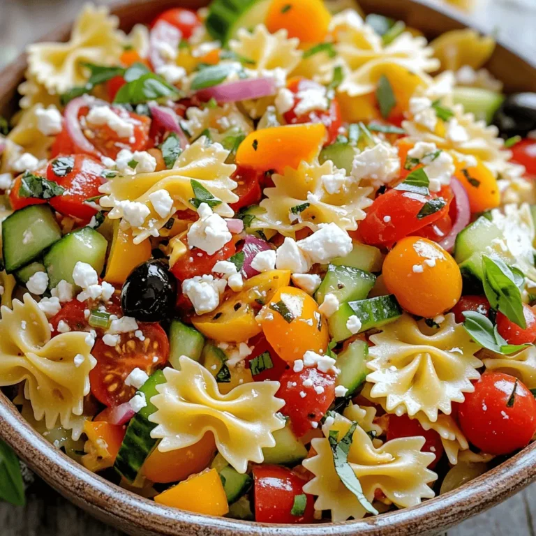 - 2 cups bow tie pasta - 1 cup cherry tomatoes, halved - 1 cup cucumber, diced - 1 bell pepper (any color), chopped - 1/2 red onion, finely chopped - 1/2 cup feta cheese, crumbled - 1/4 cup black olives, sliced - 1/4 cup fresh basil, chopped - 1/4 cup olive oil - 3 tablespoons balsamic vinegar - Salt and pepper to taste For my bow tie pasta salad, I love fresh ingredients. They make the dish pop! Each ingredient adds its own flavor. You can swap some items if needed. - Alternative pasta options: You can use rotini or farfalle if bow tie pasta is not available. - Dairy-free substitutes for feta cheese: Try using tofu or a nut-based cheese for a dairy-free option. - Seasonal vegetable variations: In summer, add zucchini or bell peppers. In fall, use roasted sweet potatoes. - Choosing the best tomatoes: Look for firm tomatoes with bright colors. They should smell sweet and fresh. - Selecting ripe cucumbers: Pick cucumbers that are dark green and firm. Avoid soft spots. - Fresh vs. dried herbs: Fresh herbs have a bright taste. Dried herbs can work but use less since they are stronger. Using fresh and quality ingredients makes your salad stand out. This salad is not only tasty but looks great too. For the full recipe, check out the Bow Tie Pasta Salad Delight. To cook the bow tie pasta, start by boiling salted water. This adds flavor to the pasta. Once the water is boiling, add the pasta. Cook it according to the package instructions until it is just tender, or al dente. This usually takes about 10 to 12 minutes, but check to be sure. After cooking, drain the pasta in a colander. Rinsing the pasta with cold water stops the cooking process. This helps keep the pasta firm and prevents it from becoming mushy. While the pasta cooks, chop your vegetables. I like to use a sharp knife for clean cuts. Start with the cherry tomatoes; cut them in half. Next, dice the cucumber and chop the bell pepper. For the red onion, slice it thinly. After chopping, place all these veggies in a large mixing bowl. This bowl will hold all your ingredients, so make sure it’s big enough. Once the pasta is cool, add it to the bowl with the vegetables. It’s time to add the feta cheese, black olives, and fresh basil. To make the dressing, whisk together olive oil, balsamic vinegar, salt, and pepper in a small bowl. Pour this dressing over the pasta salad. Mix gently to coat all the ingredients evenly. Let the salad chill in the refrigerator for at least 30 minutes. This waiting time helps the flavors blend together. For the full recipe, check the link. - Overcooking the pasta: Follow the package instructions. Cook until al dente, which means firm to bite. This keeps the pasta from becoming mushy in the salad. - Using too much or too little dressing: Start with a little dressing. You can always add more. Aim for a light coating to keep the salad fresh. - Adding protein options: You can add chicken, shrimp, or even chickpeas. This makes the salad heartier and adds great flavor. - Incorporating different dressings and flavor profiles: Try using yogurt-based dressings or a lemon vinaigrette. Experiment with flavors like ranch or even a spicy sriracha for a kick. - Ideal pairings with main dishes: Bow tie pasta salad goes well with grilled chicken, burgers, or fish. It adds a fresh touch to any meal. - Best serving temperature: Serve it cold or at room temperature. Chilling it for 30 minutes lets the flavors blend. For a picnic, keep it cool in a cooler. Find the full recipe [here](#). {{image_2}} To give your bow tie pasta salad a Mediterranean twist, add sun-dried tomatoes and artichokes. These ingredients bring a rich flavor that brightens each bite. You can also try mixing in fresh herbs like oregano or dill. These herbs add a fresh pop that complements the tangy feta cheese. For a fun Asian-inspired version, use sesame oil and soy sauce as your dressing. This adds a nutty flavor that pairs well with the pasta. You can also add colorful carrots and crunchy edamame. These ingredients not only taste great but also make your salad look vibrant and fresh. Seasonal vegetables can make your pasta salad even better. In the summer, try adding zucchini for a light, fresh taste. In the fall, roasted root vegetables like carrots and sweet potatoes work wonders. These swaps ensure your salad stays exciting throughout the year. Feel free to explore these variations for a new take on your bow tie pasta salad! You can find the full recipe [here](#). Store your leftover salad in an airtight container. This keeps the salad fresh and safe. Place it in the fridge right after serving. Bow tie pasta salad stays fresh for about 3 to 5 days. Always check for any changes in smell or texture before eating. You can freeze pasta salad, but it may change texture. If you choose to freeze it, make sure to use a freezer-safe container. Divide the salad into portions to make it easier to thaw later. When you’re ready to eat, place the salad in the fridge overnight to thaw. Avoid refreezing after thawing. When reheating, focus on keeping the texture nice. Use a microwave for quick reheating, but do it in short bursts. Stir the salad between bursts to heat it evenly. If your salad seems dry, add a splash of olive oil or vinegar to freshen it up. This keeps everything tasty and vibrant. Bow Tie Pasta Salad can last about 3 to 5 days in the fridge. For best taste, eat it within this time. Store it in an airtight container. This keeps it fresh and safe. Yes, you can make this pasta salad ahead of time. In fact, it tastes better after chilling. Prepare it a day before serving. Just follow these best practices: - Store it in a sealed container. - Let it cool completely before refrigerating. - Mix it again before serving to refresh the flavors. To make your pasta salad pop, try these suggestions: - Spices and Herbs: Fresh basil, oregano, or dill add great taste. - Crunchy Additions: Add nuts like walnuts or almonds for texture. You can also try crispy veggies like carrots or bell peppers. These tips will bring your dish to the next level! Bow tie pasta salad is simple and fun to make. We covered key ingredients, cooking tips, and variations. Remember to choose fresh veggies and don’t overcook the pasta. Feel free to customize the salad with flavors you love. Practice these tips, and your salad will shine at any meal. Enjoy creating your perfect dish!