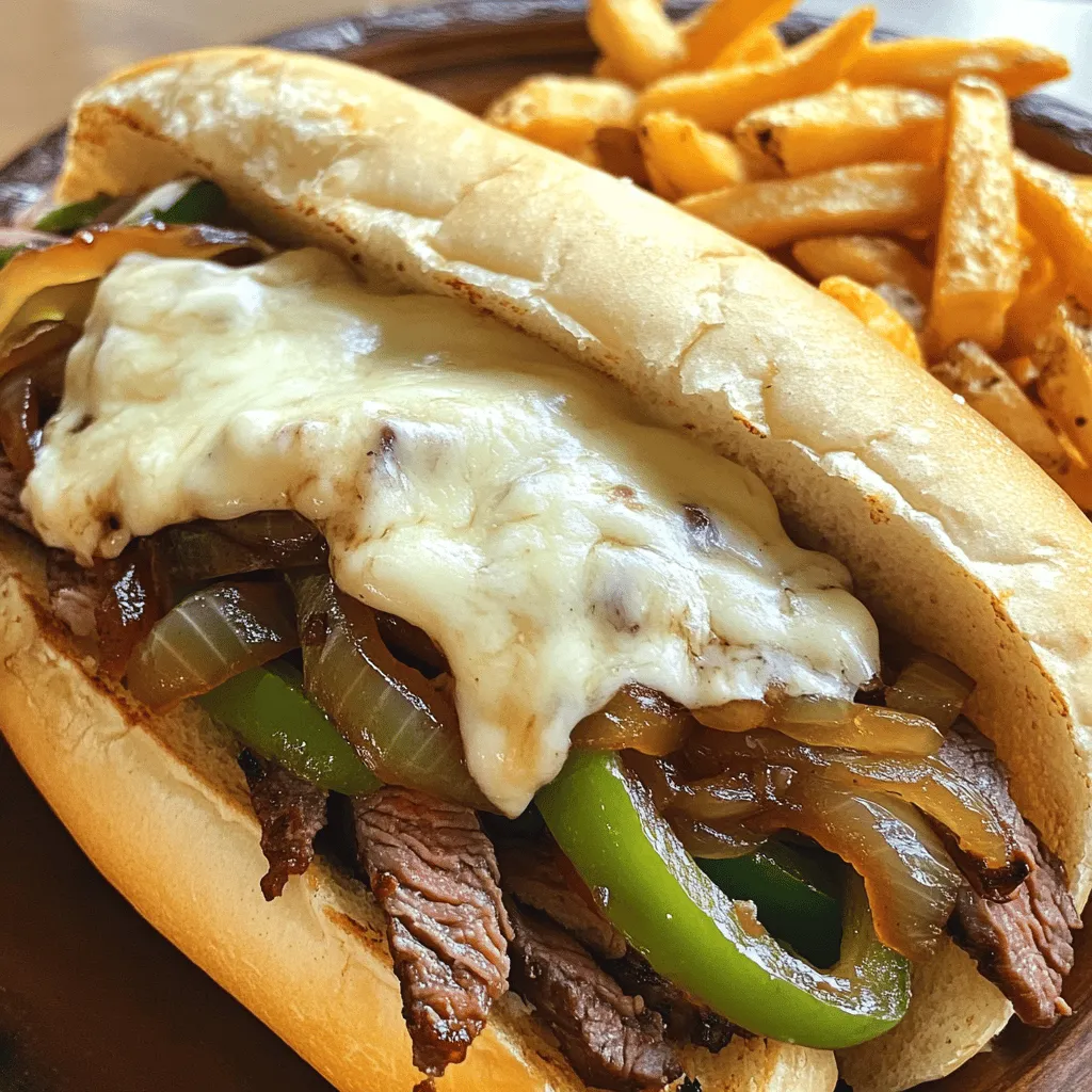 - 1 lb beef steak (ribeye or sirloin), thinly sliced - 2 tablespoons olive oil - 1 large onion, thinly sliced - 1 green bell pepper, thinly sliced - 1 cup mushrooms, sliced (optional) - 4 slices provolone cheese (or your favorite cheese) - 4 hoagie rolls - Salt and pepper to taste - 1 teaspoon garlic powder (optional) - Suggested side dishes: crispy fries, light salad - Condiments and toppings: hot sauce, mayonnaise The main ingredients make this recipe shine. I use ribeye or sirloin for the beef. These cuts provide great flavor and tenderness. Thin slicing is key; it helps the beef cook fast. I suggest freezing the beef for about 30 minutes to make slicing easier. Next, I add olive oil to a hot skillet. The oil helps sauté the veggies and get them soft. Sliced onions and green bell peppers add a sweet crunch. You can also add mushrooms for extra flavor. Provolone cheese melts beautifully over the beef and veggies. It adds a creamy texture that makes each bite delicious. The hoagie rolls hold everything together. They soak up the flavors and are easy to eat. For sides, crispy fries pair well. A light salad can add a fresh touch. Hot sauce and mayonnaise are great for toppings. You can customize the cheesesteak to fit your taste. For the complete recipe and instructions, check out the Full Recipe. To start, freeze the beef steak for about 30-45 minutes. This makes it easy to slice thin. Once you slice the beef, season it. Use salt, pepper, and garlic powder if you like. This step adds great flavor to your meat. Next, heat a large skillet over medium-high heat. Add one tablespoon of olive oil. Sauté the sliced onions and green bell peppers for about 5-7 minutes. You want them soft and a bit caramelized. If you like mushrooms, add them too. They add nice texture and taste. Remove the veggies from the skillet and set them aside. In the same skillet, add another tablespoon of olive oil. Turn the heat up to high. Add the sliced beef in a single layer. Let it cook for 2-3 minutes without stirring. This gives the beef a nice sear. After that, stir and cook for another 2-3 minutes. Make sure the beef is browned and cooked through. Now, return the sautéed vegetables to the skillet with the beef. Mix everything well. Cook for another minute. This helps all the flavors blend together nicely. Lower the heat to low. Lay the provolone cheese slices over the beef and vegetable mix. Cover the skillet with a lid. Let it sit for about 2-3 minutes. This is the perfect time for the cheese to melt. Finally, spoon the cheesy beef and veggies into the hoagie rolls. Serve them hot and gooey. Enjoy with crispy fries or a light salad on the side. You can find the full recipe to make this easy Philly cheesesteak delicious and quick! To make your Philly cheesesteak burst with flavor, cheese choice matters. Provolone is classic, but American cheese melts well too. If you want a kick, try pepper jack. For seasoning, keep it simple. Salt and pepper are key. A sprinkle of garlic powder adds depth. Just don’t overdo it. You want the beef taste to shine through. A great sear on the beef creates a rich flavor. Heat your skillet well before adding the meat. Lay the beef in a single layer. Resist stirring. Let it sit for a few minutes. This forms a nice crust. Texture balance is vital. Use soft hoagie rolls to hold the filling. Crisp veggies add crunch. Aim for a mix of tender meat and fresh peppers. Each bite should offer something different. For cooking, a cast-iron skillet works wonders. It retains heat and gives excellent sear marks. Non-stick pans are also great if you prefer easy cleanup. Don’t forget handy tools. A sharp knife helps with slicing the beef. A spatula makes mixing easy. A lid for your skillet is key for melting cheese quickly. These little tools make cooking fun and simple. {{image_2}} You can switch up the meat in your Philly cheesesteak. Chicken or pork works great too. Each meat brings its own flavor. Cheese is very important for taste. You can use American cheese for a creamy melt. Swiss cheese also adds a nice twist. Try different cheeses to find your favorite. Want a vegetarian cheesesteak? Use mushrooms as the main filling. You can add more veggies like zucchini or spinach for extra nutrients. If you like spice, add jalapeños or hot sauce. You can also sprinkle in some crushed red pepper. Adjust the heat to match your taste. The type of bread makes a big difference. Hoagie rolls are classic, but you can use baguettes too. Try sourdough for a new flavor. For a fun twist, serve your cheesesteak open-faced. Lay the filling on top of the bread. You can also serve it on a platter for sharing. Check out the Full Recipe for a tasty, quick dinner idea! Store leftover cheesesteaks in the fridge. Use airtight containers to keep them fresh. I recommend glass or plastic containers. They seal well and prevent moisture loss. You can also wrap them tightly in foil. To reheat, use the oven or a skillet. The oven gives a nice crispy texture. Preheat it to 350°F (175°C). Heat for about 10-15 minutes. If using a skillet, warm it on low heat. Stir gently to avoid burning. You want the inside hot, and the outside crispy. You can freeze the filling before adding it to the rolls. Let it cool, then place it in freezer bags. Squeeze out air and seal tightly. For thawing, place it in the fridge overnight. To reheat, warm it in a skillet or microwave. If using a microwave, cover it to keep moisture in. This keeps the filling juicy and tasty. The best cuts for Philly cheesesteak are ribeye or sirloin. These cuts have good flavor and tenderness. Ribeye has more fat, which adds richness. Sirloin is leaner but still tasty. Thin slices are key for a quick cook. Yes, you can make this recipe gluten-free. Just swap hoagie rolls for gluten-free buns. Check labels on all ingredients for hidden gluten. Many brands offer great gluten-free options. You can still enjoy the same great taste! To add spice, use hot peppers like jalapeños. You can also add hot sauce to the meat mix. Another option is to use spicy cheese, like pepper jack. Adjust to your heat level for the perfect kick. Absolutely! While provolone is classic, you can try American or Swiss cheese. Each cheese brings a unique flavor. If you love blue cheese, that works too! Experiment to find your favorite combination. Yes, this recipe is great for meal prep! You can cook the filling ahead. Store it in the fridge for up to three days. Just reheat it before serving. It works well in wraps or with rice too! For the complete recipe, check out the [Cheesy Happiness Philly Cheesesteak recipe](#). In this post, we explored how to make tasty cheesesteaks at home. We discussed the main ingredients, cooking methods, and tips for the best flavor. You learned about variations to suit your taste and how to store leftovers. Remember, you can customize this dish to make it your own. Enjoy these cheesesteaks with your favorite toppings and sides. With practice, you'll master this classic meal. Happy cooking!